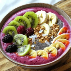 To make a Berry Smoothie Bowl, you need the following key ingredients: - 1 cup frozen mixed berries (strawberries, blueberries, raspberries) - 1 medium banana, sliced - 1/2 cup Greek yogurt (or plant-based yogurt) - 1/2 cup almond milk (or any milk of your choice) - 1 tablespoon honey or maple syrup (optional) - 1 tablespoon chia seeds For customization, consider these optional ingredients: - Sliced fresh fruit (like kiwi and banana) - Granola - Coconut flakes - Nuts and seeds A Berry Smoothie Bowl is not just tasty; it’s also healthy. Here’s a quick look at its nutritional breakdown: - Approximate calories: 250-300 per serving - Protein from yogurt: about 10 grams Berries are a superfood. They are low in calories and high in vitamins. They help with heart health and improve digestion. Plus, they are rich in antioxidants, which fight free radicals in your body. Eating a Berry Smoothie Bowl can boost your mood and energy! For all the details, check the Full Recipe. To make the Berry Smoothie Bowl, start by gathering your ingredients. You’ll need frozen mixed berries, a banana, Greek yogurt, almond milk, and chia seeds. If you like, add honey or maple syrup for sweetness. 1. Blend the Ingredients: Place the frozen mixed berries, sliced banana, Greek yogurt, and almond milk into a blender. If you want it sweeter, add honey or maple syrup. 2. Blend Until Smooth: Blend on high speed until the mixture is creamy and smooth. If it is too thick, add a little more almond milk. Blend again until you reach your desired texture. I like mine thick, but you can adjust it to your taste. Now, let’s make it pretty! Pour your smoothie into a wide, shallow bowl. This helps with the toppings and makes it look nice. - Topping Ideas: Get creative! Use sliced fresh fruit like kiwi or banana. You can also add granola for crunch, coconut flakes for a tropical touch, or nuts and seeds for extra nutrition. - Garnishing: After adding your toppings, sprinkle chia seeds on top. You can create patterns with the fruit or arrange toppings in sections. This makes your bowl look fun and inviting! For the full recipe, check out Berry Bliss Smoothie Bowl 🥥. Enjoy your healthy delight! Choosing berries is simple. Seasonal berries taste best. In summer, use fresh strawberries and blueberries. In winter, frozen berries are great. They are picked at peak ripeness and frozen quickly. This keeps their flavor and nutrients intact. Fresh berries spoil fast, while frozen ones last longer. Want to boost your smoothie bowl? Add superfoods like chia seeds or flaxseeds. They give fiber and omega-3s. You can also try nut butters for a creamy texture. If you want sweetness, use honey or maple syrup. You can skip sugar and use ripe bananas instead. They add natural sweetness without extra sugar. Check out the Full Recipe for the Berry Bliss Smoothie Bowl. It has all the details you need to make it perfect! {{image_2}} For a fun twist, try an acai smoothie bowl. This bowl is rich in flavor and nutrients. Ingredients: - 1 packet frozen acai puree - 1 cup frozen mixed berries - 1 medium banana - 1/2 cup almond milk - 1 tablespoon honey (optional) - Toppings: granola, sliced fruits, nuts, and seeds Preparation: 1. Blend the frozen acai puree, frozen mixed berries, banana, almond milk, and honey until smooth. 2. Pour into a bowl. 3. Top with your favorite toppings. Enjoy your acai bowl! You can customize a mixed berry bowl to match your taste. Use any berries you love. Customizations: - Swap strawberries for blackberries. - Add raspberries for a tart kick. - Use blueberries for a sweet touch. Mixing different berries adds flavors and boosts nutrition. Each bite will be a new delight. If you want a dairy-free berry smoothie bowl, there are easy swaps. Substitutes: - Use coconut yogurt instead of Greek yogurt. - Choose oat milk or soy milk in place of almond milk. These options keep your bowl creamy and delicious without any dairy. Enjoy the same great taste while meeting your dietary needs. If you have leftover berry smoothie bowl, store it in an airtight container. Place it in the fridge. This keeps it fresh for about 24 hours. The bowl may separate after sitting. Just stir it gently before serving again. Remember that the toppings might get soggy. It’s best to add fresh toppings when you re-serve. To keep things easy, prepare your toppings in a separate container. You can freeze an unused smoothie bowl for later. Pour the leftover smoothie into a freezer-safe container. Leave space at the top for expansion. Seal the container tightly. When you are ready to enjoy it, take it out of the freezer. Let it sit in the fridge overnight. Blend it again to regain that creamy texture. You can also add a splash of milk if it’s too thick. Enjoy your berry smoothie bowl later on a busy day! You can make a Berry Smoothie Bowl vegan by using plant-based ingredients. For yogurt, choose almond, coconut, or soy yogurt. For milk, use almond milk, coconut milk, or oat milk. You can also replace honey with maple syrup or agave syrup. These swaps keep all the flavor without using any animal products. Yes, fresh berries work in a Berry Smoothie Bowl. However, the texture changes. Frozen berries create a thicker, creamier bowl. Fresh berries give a lighter, more refreshing taste. If you use fresh berries, add a few ice cubes to keep it cold and thick. This way, you still enjoy a delicious smoothie bowl. Toppings add fun and flavor to your bowl. Here are popular choices: - Sliced fresh fruit like kiwi, banana, or strawberries - Crunchy granola for texture - Coconut flakes for a tropical twist - Nuts like almonds or walnuts for healthy fats - Chia seeds for added nutrition You can mix and match these toppings to create your perfect bowl. Get creative and enjoy! - Full Recipe: Berry Bliss Smoothie Bowl 🥥 This blog covered how to make a Berry Smoothie Bowl, from ingredients to storage. We explored key ingredients, nutritional facts, and creative ways to enhance flavor. You now have steps to achieve the perfect texture and presentation. Remember, you can customize your bowl to your taste and needs. Keep your leftovers fresh or freeze them for later. Enjoy your delicious and healthy creations!