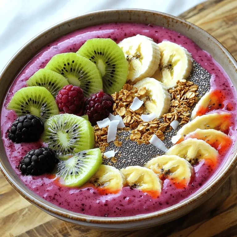To make a Berry Smoothie Bowl, you need the following key ingredients: - 1 cup frozen mixed berries (strawberries, blueberries, raspberries) - 1 medium banana, sliced - 1/2 cup Greek yogurt (or plant-based yogurt) - 1/2 cup almond milk (or any milk of your choice) - 1 tablespoon honey or maple syrup (optional) - 1 tablespoon chia seeds For customization, consider these optional ingredients: - Sliced fresh fruit (like kiwi and banana) - Granola - Coconut flakes - Nuts and seeds A Berry Smoothie Bowl is not just tasty; it’s also healthy. Here’s a quick look at its nutritional breakdown: - Approximate calories: 250-300 per serving - Protein from yogurt: about 10 grams Berries are a superfood. They are low in calories and high in vitamins. They help with heart health and improve digestion. Plus, they are rich in antioxidants, which fight free radicals in your body. Eating a Berry Smoothie Bowl can boost your mood and energy! For all the details, check the Full Recipe. To make the Berry Smoothie Bowl, start by gathering your ingredients. You’ll need frozen mixed berries, a banana, Greek yogurt, almond milk, and chia seeds. If you like, add honey or maple syrup for sweetness. 1. Blend the Ingredients: Place the frozen mixed berries, sliced banana, Greek yogurt, and almond milk into a blender. If you want it sweeter, add honey or maple syrup. 2. Blend Until Smooth: Blend on high speed until the mixture is creamy and smooth. If it is too thick, add a little more almond milk. Blend again until you reach your desired texture. I like mine thick, but you can adjust it to your taste. Now, let’s make it pretty! Pour your smoothie into a wide, shallow bowl. This helps with the toppings and makes it look nice. - Topping Ideas: Get creative! Use sliced fresh fruit like kiwi or banana. You can also add granola for crunch, coconut flakes for a tropical touch, or nuts and seeds for extra nutrition. - Garnishing: After adding your toppings, sprinkle chia seeds on top. You can create patterns with the fruit or arrange toppings in sections. This makes your bowl look fun and inviting! For the full recipe, check out Berry Bliss Smoothie Bowl 🥥. Enjoy your healthy delight! Choosing berries is simple. Seasonal berries taste best. In summer, use fresh strawberries and blueberries. In winter, frozen berries are great. They are picked at peak ripeness and frozen quickly. This keeps their flavor and nutrients intact. Fresh berries spoil fast, while frozen ones last longer. Want to boost your smoothie bowl? Add superfoods like chia seeds or flaxseeds. They give fiber and omega-3s. You can also try nut butters for a creamy texture. If you want sweetness, use honey or maple syrup. You can skip sugar and use ripe bananas instead. They add natural sweetness without extra sugar. Check out the Full Recipe for the Berry Bliss Smoothie Bowl. It has all the details you need to make it perfect! {{image_2}} For a fun twist, try an acai smoothie bowl. This bowl is rich in flavor and nutrients. Ingredients: - 1 packet frozen acai puree - 1 cup frozen mixed berries - 1 medium banana - 1/2 cup almond milk - 1 tablespoon honey (optional) - Toppings: granola, sliced fruits, nuts, and seeds Preparation: 1. Blend the frozen acai puree, frozen mixed berries, banana, almond milk, and honey until smooth. 2. Pour into a bowl. 3. Top with your favorite toppings. Enjoy your acai bowl! You can customize a mixed berry bowl to match your taste. Use any berries you love. Customizations: - Swap strawberries for blackberries. - Add raspberries for a tart kick. - Use blueberries for a sweet touch. Mixing different berries adds flavors and boosts nutrition. Each bite will be a new delight. If you want a dairy-free berry smoothie bowl, there are easy swaps. Substitutes: - Use coconut yogurt instead of Greek yogurt. - Choose oat milk or soy milk in place of almond milk. These options keep your bowl creamy and delicious without any dairy. Enjoy the same great taste while meeting your dietary needs. If you have leftover berry smoothie bowl, store it in an airtight container. Place it in the fridge. This keeps it fresh for about 24 hours. The bowl may separate after sitting. Just stir it gently before serving again. Remember that the toppings might get soggy. It’s best to add fresh toppings when you re-serve. To keep things easy, prepare your toppings in a separate container. You can freeze an unused smoothie bowl for later. Pour the leftover smoothie into a freezer-safe container. Leave space at the top for expansion. Seal the container tightly. When you are ready to enjoy it, take it out of the freezer. Let it sit in the fridge overnight. Blend it again to regain that creamy texture. You can also add a splash of milk if it’s too thick. Enjoy your berry smoothie bowl later on a busy day! You can make a Berry Smoothie Bowl vegan by using plant-based ingredients. For yogurt, choose almond, coconut, or soy yogurt. For milk, use almond milk, coconut milk, or oat milk. You can also replace honey with maple syrup or agave syrup. These swaps keep all the flavor without using any animal products. Yes, fresh berries work in a Berry Smoothie Bowl. However, the texture changes. Frozen berries create a thicker, creamier bowl. Fresh berries give a lighter, more refreshing taste. If you use fresh berries, add a few ice cubes to keep it cold and thick. This way, you still enjoy a delicious smoothie bowl. Toppings add fun and flavor to your bowl. Here are popular choices: - Sliced fresh fruit like kiwi, banana, or strawberries - Crunchy granola for texture - Coconut flakes for a tropical twist - Nuts like almonds or walnuts for healthy fats - Chia seeds for added nutrition You can mix and match these toppings to create your perfect bowl. Get creative and enjoy! - Full Recipe: Berry Bliss Smoothie Bowl 🥥 This blog covered how to make a Berry Smoothie Bowl, from ingredients to storage. We explored key ingredients, nutritional facts, and creative ways to enhance flavor. You now have steps to achieve the perfect texture and presentation. Remember, you can customize your bowl to your taste and needs. Keep your leftovers fresh or freeze them for later. Enjoy your delicious and healthy creations!