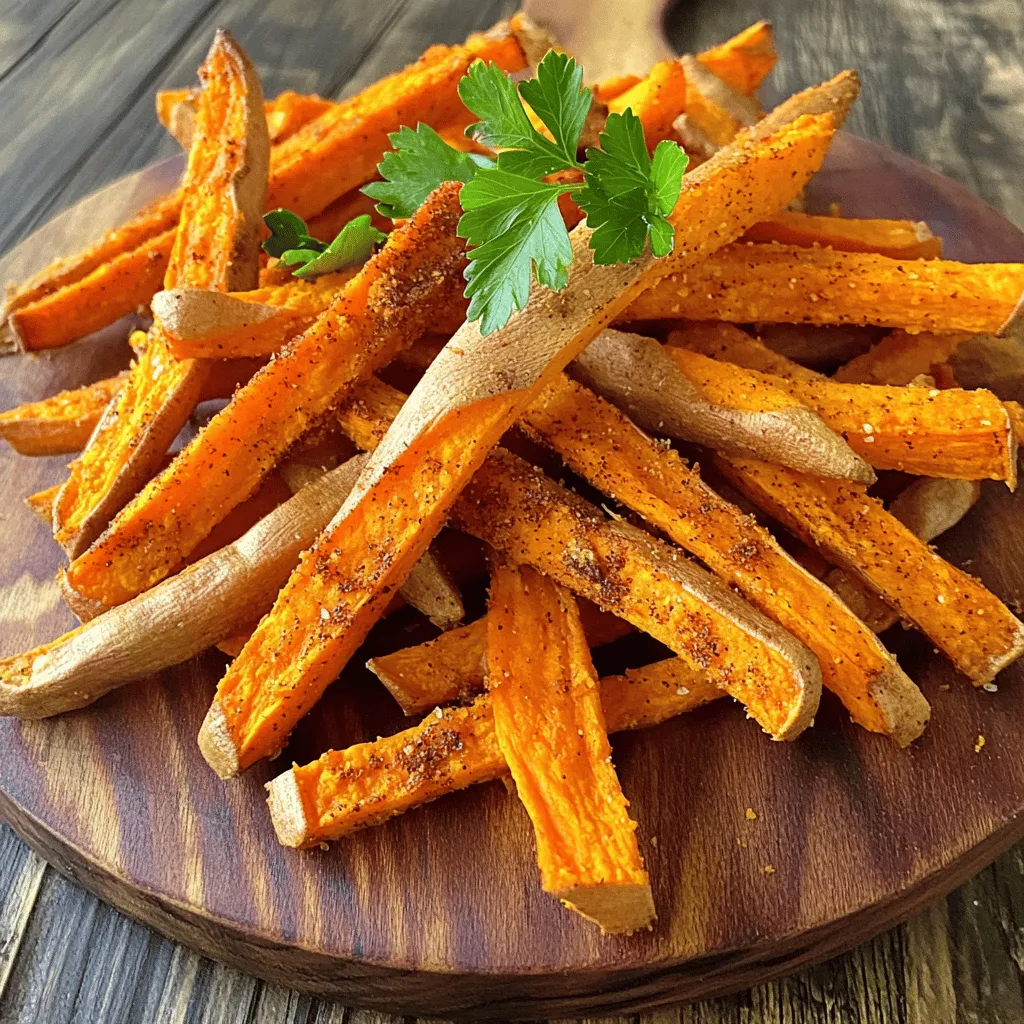 - 2 large sweet potatoes, peeled and cut into thin fries - 2 tablespoons olive oil - 1 teaspoon garlic powder - 1 teaspoon smoked paprika - ½ teaspoon cayenne pepper (optional for heat) - Salt and freshly ground black pepper, to taste - Fresh parsley, chopped (for garnish) When I make baked sweet potato fries, I love using fresh ingredients. Sweet potatoes are the star here. They provide a sweet flavor and a bright orange color. I start with two large sweet potatoes. I peel them and slice them into thin fries. Thin fries cook better and get crispier in the oven. Next, I grab two tablespoons of olive oil. This oil adds richness and helps the fries crisp up nicely. I also use a teaspoon of garlic powder for flavor. Garlic powder adds a warm, tasty kick. I add a teaspoon of smoked paprika too. It gives a hint of smokiness that pairs well with sweet potatoes. If you like a bit of heat, add ½ teaspoon of cayenne pepper. This step is optional but fun! Finally, I sprinkle salt and freshly ground black pepper to taste. These spices enhance the taste of each fry. I finish with fresh parsley, chopped finely. It adds color and a fresh touch when I serve the fries. For a full recipe, check out the detailed instructions provided. - Preheat oven to 425°F (220°C). - Line a baking sheet with parchment paper. Start by preheating your oven. This step ensures your fries cook evenly and get that nice crisp. While the oven warms up, prepare your baking sheet. Parchment paper helps prevent sticking and makes cleanup easy. - Toss sweet potatoes with olive oil. - Add spices and ensure even coating. - Spread fries on baking sheet and bake. Next, take your sweet potatoes and place them in a large bowl. Pour in the olive oil and mix well. This will help the fries crisp up nicely. Then, add the garlic powder, smoked paprika, cayenne pepper, salt, and pepper. Mix again until all fries are coated in spices. Now, spread the sweet potato fries in a single layer on your lined baking sheet. Avoid crowding the fries. This helps them cook evenly and become crispy. Bake them for 20 to 25 minutes. - Flipping fries for even cooking. - Cooling and garnishing before serving. Halfway through baking, flip your fries. This ensures that both sides get golden and crispy. Once they look perfect, take them out of the oven and let them cool for a few minutes. Before serving, sprinkle some fresh parsley on top for color and flavor. Serve warm and enjoy! For the complete recipe, check out the Full Recipe. To get that ideal crunch, avoid overcrowding the baking sheet. Space is key! If fries touch, they steam instead of crisp. Lay them out in a single layer. Also, stick to the recommended baking time of 20 to 25 minutes. Flip them halfway for even cooking. This step helps both sides get golden and crispy. You can customize flavors using herbs and spices. Try adding rosemary or cumin for a twist. If you love heat, mix in some chili powder. For a great finish, consider serving with dips. Pair your fries with yogurt sauce or spicy ketchup. These options enhance the taste of your sweet potato fries. {{image_2}} You can customize your baked sweet potato fries with different seasonings. Here are some tasty ideas: - Sweet and spicy blends: Mix cinnamon and cayenne for a surprising kick. This combo adds warmth and sweetness, making each bite exciting. Try blending brown sugar with chili powder for a tasty twist. - Herb-infused variations: Use fresh or dried herbs like rosemary or thyme. These herbs add a bright flavor that pairs well with sweet potatoes. Experimenting with herbs can elevate your fries to a new level. Pair your baked sweet potato fries with main dishes for a complete meal. They go well with grilled chicken, fish tacos, or veggie burgers. You can also serve them with healthier dips. Try yogurt-based dips or hummus for a nutritious option. You can even add a sprinkle of feta cheese for a creamy touch. To store leftover baked sweet potato fries, let them cool first. Place them in an airtight container. This helps keep them fresh. Store in the fridge for up to three days. If you want to store them longer, freezing is a good option. Freeze the fries in a single layer on a baking sheet. Once they are frozen, transfer them to a freezer bag. They can last for up to three months in the freezer. To reheat your sweet potato fries, the oven is your best bet. Preheat it to 400°F (200°C). Spread the fries on a baking sheet and bake for about 10 to 15 minutes. This method keeps the fries crispy. The microwave is quick but can make them soggy. If you use the microwave, heat them for 30 seconds. Check and heat again if needed, but keep an eye on them. The oven gives better results for crispiness. You can also check the [Full Recipe] for more details. How long to bake sweet potato fries for optimal crispiness? I recommend baking sweet potato fries for 20 to 25 minutes. Flip them halfway through. This helps them cook evenly and get crispy. Keep an eye on them toward the end to avoid burning. Can I make baked sweet potato fries in an air fryer? Yes, you can use an air fryer! Preheat it to 400°F (200°C). Cook the fries for about 15 to 20 minutes. Shake the basket halfway through. This method gives a nice crunch while using less oil. What are some healthy dipping sauce ideas for sweet potato fries? Try these healthy dips: - Greek yogurt with herbs - Avocado lime crema - Spicy salsa - Hummus with garlic These sauces add flavor and keep things healthy. Are baked sweet potato fries healthier than regular fries? Yes, baked sweet potato fries are healthier. They have more vitamins and fiber than regular fries. Plus, baking uses less oil, so they have fewer calories. They’re a tasty alternative! Can I use other vegetables to make baked fries? Absolutely! You can use carrots, zucchini, or even beets. Just cut them into similar shapes and adjust the baking time if needed. Each vegetable brings its own unique flavor and nutrition. For the full recipe, check out the earlier section. This blog post covers how to make tasty baked sweet potato fries. You learned about the key ingredients and steps to prepare bright, crispy fries. I shared tips on seasoning and achieving perfect crunch. Variations and storage options ensure your fries can fit any meal. Baked sweet potato fries are nutritious and delicious. With these simple steps, you can enjoy them anytime. Now, you’re ready to create your own perfect batch!