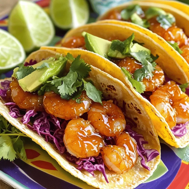 - 1 lb large shrimp, peeled and deveined - 2 tablespoons olive oil - 2 tablespoons honey - 1 tablespoon sriracha (adjust to your spice preference) - 1 teaspoon garlic powder - 1 teaspoon smoked paprika - Zest and juice of 1 lime - 8 small corn tortillas - 1 cup red cabbage, finely shredded - 1 avocado, sliced - Fresh cilantro, for garnish - Lime wedges, for serving - Salt and pepper, to taste You need these fresh ingredients for sweet and spicy shrimp tacos. The shrimp are the star. They soak up all the great flavors. The olive oil helps them cook perfectly. Honey adds a touch of sweetness. Sriracha brings the heat, so you can adjust it to your taste. Garlic powder and smoked paprika give depth to the dish. The lime zest and juice brighten the flavors. Corn tortillas hold everything together and add a nice texture. Red cabbage adds crunch, while avocado brings creaminess. Fresh cilantro adds a pop of color and flavor. Don't forget lime wedges for extra zing. For more details, check the Full Recipe. In a large bowl, I combine the olive oil, honey, sriracha, garlic powder, smoked paprika, lime zest, lime juice, salt, and pepper. This mix brings sweet and spicy flavors together. You can adjust the sriracha to make it hotter or milder. Next, I add the shrimp to the bowl. I toss the shrimp until they are evenly coated with the marinade. Then, I let them sit for 15 to 20 minutes. This step helps the shrimp soak up all those great flavors. I heat a non-stick skillet over medium-high heat. Once it’s hot, I add the marinated shrimp in a single layer. I cook them for 2 to 3 minutes on each side. When they turn pink and opaque, they are ready. This cooking time ensures they stay juicy. While the shrimp cook, I warm corn tortillas in a separate skillet. I heat them for about 30 seconds on each side. This makes them soft and pliable, perfect for holding all the tasty fillings. To build the tacos, I place a handful of shredded red cabbage on each tortilla. Then, I add a few shrimp on top. I finish with avocado slices and garnish with fresh cilantro. Each bite packs a punch of flavor. For a complete meal, serve with lime wedges for extra zest. For the full recipe, check out the detailed instructions above. For a balanced flavor, you can adjust the spice level. If you want more heat, add more sriracha. If you prefer less spice, simply use less. This will help you enjoy the dish just the way you like it. Cooking shrimp perfectly is key. Make sure your skillet is hot before adding the shrimp. Cook them for just 2-3 minutes on each side. They should turn pink and opaque. Overcooking makes them tough, so watch them closely. A beautiful taco platter makes a real impact. Arrange the tacos neatly on a vibrant plate. Add lime wedges around the tacos for a pop of color. Finish with a sprinkle of fresh cilantro on top. This simple touch makes your meal look fantastic. For the full recipe, check out the Sweet and Spicy Shrimp Tacos section. {{image_2}} You can switch shrimp for other proteins. Chicken works great in this dish. Just cut it into small pieces and cook it until done. Tofu is another good choice. Press it to remove water, then cube it. Fish is also an option; choose a firm type like tilapia or cod. Each protein adds its own flavor. Want to mix it up? Try adding mango salsa. It brings a sweet and tangy flavor that pairs well. You can also add jalapeños if you want more heat. Slice them thin and sprinkle on top. These extras make your tacos even more fun and tasty. The type of taco shell can change everything. Soft corn tortillas are traditional, but hard shells are great too. You can add toppings like cheese or sour cream. Cheese can add a creamy texture, while sour cream cools the heat. Play with different styles to find your favorite. For the full recipe, check out the Sweet and Spicy Shrimp Tacos. To keep leftover shrimp and toppings fresh, follow these steps: - Place shrimp in an airtight container. - Store shredded cabbage and avocado in separate containers. - Seal everything tightly to avoid air exposure. - Refrigerate leftovers within two hours of cooking. This will keep your shrimp tasty for up to three days. To reheat shrimp without losing texture, try these methods: - Use a skillet over medium heat. - Add a splash of water and cover to steam gently. - Heat for about two to three minutes until warmed. This keeps the shrimp juicy and avoids rubbery bites. If you want to freeze shrimp, follow these tips: - Lay shrimp flat on a baking sheet. - Freeze for about one hour until firm. - Then transfer to a freezer bag, removing as much air as possible. Keep shrimp and toppings separate to maintain their flavors. For best taste, use frozen shrimp within three months. For the full recipe, check out the Sweet and Spicy Shrimp Tacos section. You can store leftover tacos for up to two days. Place them in an airtight container. Keep the shrimp and toppings separate. This helps maintain texture and flavor. When ready to eat, reheat the shrimp in a skillet. Avoid microwaving, as it can make them rubbery. Yes, you can prepare components ahead of time. Marinate the shrimp and store them in the fridge for up to 24 hours. Warm the tortillas just before serving. You can also slice the avocado and shred the cabbage a few hours before. This way, you save time and enjoy fresh flavors. These tacos pair well with many sides. Here are a few ideas: - Mexican street corn - Black bean salad - Cilantro lime rice - Fresh guacamole - Salsa and tortilla chips These sides add flavor and complement the tacos perfectly. The spice level depends on your taste. The recipe uses one tablespoon of sriracha. You can adjust this amount to control the heat. For less spice, reduce the sriracha. For more heat, add extra sriracha or diced jalapeños. Try tasting the marinade before adding shrimp to find your ideal balance. Sweet and spicy shrimp tacos are simple and fun to make. We covered key ingredients and steps for a tasty meal. You learned ways to perfect your marinade and cook shrimp just right. Remember, you can switch shrimp for other proteins or add fun flavors like mango salsa. Store leftovers correctly or freeze for later. Enjoy these tacos any night, and don't hesitate to get creative with your toppings. Great food brings joy, so dive in and share them with friends!