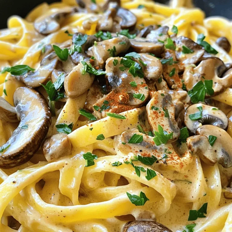 For a tasty Vegan Mushroom Stroganoff, you need fresh ingredients. Here’s what you'll need: - 12 oz (340g) assorted mushrooms (cremini, shiitake, or portobello), sliced - 1 medium onion, finely chopped - 3 cloves garlic, minced - 8 oz (225g) pasta (fettuccine or your choice) - Fresh parsley, chopped (for garnish) You’ll need some pantry staples to make this dish creamy and flavorful: - 1 cup vegetable broth - 1 cup coconut milk (or any unsweetened plant-based milk) - 2 tablespoons soy sauce or tamari - 2 tablespoons nutritional yeast - 1 tablespoon cornstarch mixed with 2 tablespoons cold water - 1 tablespoon olive oil - 1 teaspoon dried thyme - 1 teaspoon smoked paprika - Salt and pepper to taste To make your dish pop, consider these garnishes: - Freshly chopped parsley - A sprinkle of nutritional yeast - A dash of smoked paprika These ingredients come together to create a rich and savory dish. You can find the full recipe in the next section. First, boil a large pot of salted water. Add 8 oz of pasta to the pot. Cook according to the package until al dente. This usually takes about 8 to 10 minutes. Once done, drain the pasta and set it aside. You want the pasta ready for the creamy sauce. Next, heat 1 tablespoon of olive oil in a large skillet over medium heat. Add 1 finely chopped onion and sauté for 3 to 4 minutes. Wait until the onion turns translucent. Then, add 3 minced garlic cloves and cook for another 30 seconds. The smell will be amazing! Now, stir in 12 oz of sliced assorted mushrooms. Cook for 8 to 10 minutes until they soften and release their juices. Once your mushrooms are tender, it’s time to make the sauce. Pour in 1 cup of vegetable broth and 1 cup of coconut milk. Add 2 tablespoons of soy sauce, 2 tablespoons of nutritional yeast, 1 teaspoon of dried thyme, and 1 teaspoon of smoked paprika. Season it with salt and pepper to taste. Stir well and bring the mixture to a gentle simmer. This will mix all the lovely flavors together. To thicken the sauce, prepare 1 tablespoon of cornstarch mixed with 2 tablespoons of cold water. Add this to the skillet while stirring. Cook for about 2 to 3 minutes until the sauce thickens. Now, gently toss the cooked pasta into the skillet. Mix it well until the pasta is coated in that creamy sauce. - Serving Suggestions: Serve your Vegan Mushroom Stroganoff hot. Garnish it with freshly chopped parsley for a pop of color. You can also add extra nutritional yeast for flavor or a sprinkle of smoked paprika. Enjoy this dish with a side salad or crusty bread. For the complete recipe, check out the [Full Recipe]. For this vegan mushroom stroganoff, I love using a mix of mushrooms. Cremini, shiitake, and portobello all work well. Choose mushrooms that are firm and fresh. Avoid any that look slimy or have dark spots. You want mushrooms that will add great flavor and texture. A mix of types creates depth in taste. To make this dish creamy, I use coconut milk. It adds a rich flavor and smooth texture. If you prefer, any unsweetened plant milk can work. Nutritional yeast boosts the creaminess and adds a cheesy flavor. Don’t forget the cornstarch mixture; it helps thicken the sauce. Stir it in slowly to reach your preferred thickness. One mistake is overcooking the mushrooms. This can make them rubbery instead of tender. Cook them just until they release their juices. Another mistake is not seasoning enough. Taste as you go and adjust with salt and pepper. Lastly, don’t skip the garnishes. Fresh parsley adds color and freshness. For the complete guide, check the Full Recipe! {{image_2}} To make this dish gluten-free, swap the pasta for a gluten-free version. You can use rice noodles or gluten-free fettuccine. Just check the package for cooking times. Also, choose tamari instead of soy sauce. This small change keeps the dish flavorful without gluten. If you want more protein, consider adding lentils or chickpeas. These not only boost nutrition but also add texture. Cooked lentils mix well into the sauce. If you prefer beans, stir in cooked chickpeas towards the end. Both options make the dish heartier and filling. To elevate flavors, try adding fresh herbs. Chopped thyme or basil can brighten the dish. You might also sprinkle some lemon juice for a zesty kick. For a smoky flavor, a bit of liquid smoke adds depth. These small tweaks can make your stroganoff even more exciting. To keep your Vegan Mushroom Stroganoff fresh, let it cool first. Then, place leftovers in an airtight container. Store it in the fridge for up to 4 days. This helps maintain its creamy texture and rich flavor. Make sure to label the container with the date. When you are ready to enjoy the leftovers, reheat gently. Use a saucepan over low heat. Stir often to avoid burning. You can add a splash of vegetable broth or coconut milk for creaminess. If you prefer, use a microwave. Heat in short bursts, stirring in between. You can freeze Vegan Mushroom Stroganoff for later. Place it in a freezer-safe container. Leave some space at the top for expansion. It can last up to 3 months in the freezer. To thaw, move it to the fridge overnight. Reheat it as mentioned above for the best results. For the full recipe, check out the complete instructions provided earlier. Yes, you can use different types of mushrooms. Each type adds its own flavor. I love using cremini, shiitake, and portobello mushrooms. You can mix and match them based on what you have. More variety means more depth in taste. Experimenting with wild mushrooms can be fun too. To make this dish nut-free, simply replace coconut milk. Use any unsweetened plant-based milk that is nut-free. Options like oat milk or soy milk work well. Check the labels to ensure they are nut-free. This keeps your dish creamy without any nuts. You can serve Vegan Mushroom Stroganoff with many sides. I recommend a fresh salad or steamed veggies. A crusty bread can also complement the dish well. If you want more carbs, try serving it over rice or quinoa. These options enhance the meal and add variety. You can find the full recipe for Vegan Mushroom Stroganoff [here](Full Recipe). It includes all the ingredients and steps to make this creamy and flavorful dish. Enjoy cooking! This blog post covered the key ingredients for Vegan Mushroom Stroganoff and how to create it step-by-step. You learned about fresh items, pantry staples, and tasty garnishes. I shared tips on choosing mushrooms and making the dish creamy. Variations like gluten-free options and protein sources add more flavor. Lastly, we discussed how to store leftovers and answered common questions. Enjoy experimenting and make this dish your own! Your kitchen adventure awaits.