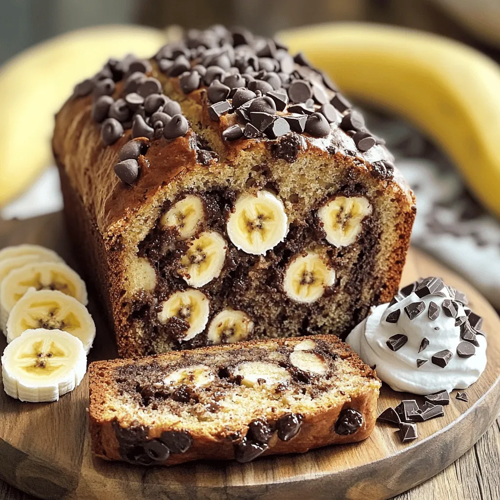 - 3 ripe bananas, mashed - 1/3 cup melted coconut oil - 1/2 cup brown sugar - 1 large egg, beaten - 1 teaspoon vanilla extract - 1 teaspoon baking soda - Pinch of salt - 1 1/2 cups all-purpose flour - 1/2 cup semi-sweet chocolate chips - 1/4 cup chopped walnuts - Extra chocolate chips for topping - 9x5-inch loaf pan - Mixing bowls - Whisk and spatula Gathering the right ingredients is key to making the best chocolate chip banana bread. Start with ripe bananas. The riper, the better! They add a sweet flavor and moisture to the bread. Next, melted coconut oil gives it a rich taste. Brown sugar adds depth and a touch of caramel flavor. You will also need an egg. This helps bind the bread and gives it structure. Vanilla extract boosts the sweetness and flavor. Baking soda is your leavening agent, making the bread rise. A pinch of salt balances all the flavors. Lastly, all-purpose flour forms the base of the batter. For optional ingredients, walnuts add a nice crunch. Extra chocolate chips on top make it even more delicious. Make sure to have the right equipment too. A 9x5-inch loaf pan is perfect for baking. Mixing bowls are essential for combining the ingredients. A whisk and spatula help you blend everything well. Once you have all your ingredients and tools ready, you're set to create a rich and flavorful chocolate chip banana bread. You can find the full recipe in the article. - Preheat the oven to 350°F (175°C). - Grease the loaf pan or line with parchment paper. - Combine mashed bananas and melted coconut oil in a bowl. - Add brown sugar, beaten egg, and vanilla extract. Stir until smooth. - In a separate bowl, whisk baking soda, salt, and flour. - Gradually add the dry mixture to the wet mixture. Mix just until combined. - Fold in chocolate chips and walnuts if you choose to use them. - Pour batter into the prepared pan and bake for 55-60 minutes. For the full recipe, check the section above. Enjoy the delightful smell of chocolate chip banana bread filling your kitchen! To ensure even baking, the oven must be preheated. I recommend using a thermometer to check the temperature. If your oven runs hot or cold, adjust the time or temperature as needed. When placing the loaf pan in the oven, keep it in the center. This helps the heat circulate evenly around the bread. Do not over-mix your batter. Mixing too much can make your bread tough. When you add the flour, stir gently until just combined. It’s okay if there are lumps. They will disappear while baking. You can enhance the flavor of your chocolate chip banana bread easily. Consider adding spices like cinnamon or nutmeg. A teaspoon of either can add warmth to the bread. You can also try adding a splash of almond extract for a unique twist. Using different types of chocolate chips can change the taste. You might use dark chocolate, milk chocolate, or even white chocolate. Each type brings a different flavor profile. You can mix and match to find your favorite blend. For presentation, slice the banana bread and place it on a wooden board. This gives a nice rustic look. You can add a dollop of whipped cream or yogurt on the side. Garnish with banana slices and chocolate shavings for extra flair. Pair your banana bread with coffee or tea. It also goes well with a scoop of vanilla ice cream. The warmth of the bread and the cold ice cream create a delightful contrast. {{image_2}} You can easily adapt this banana bread. For those avoiding gluten, swap all-purpose flour with a gluten-free blend. Many brands work well in baking. Check the package for measurements. If you want a vegan option, replace the egg with unsweetened applesauce or flaxseed meal mixed with water. Use plant-based milk instead of dairy. These simple swaps keep the bread moist and tasty. To add more fun, think about mixing in dried fruits or nuts. Chopped dates or raisins give a nice chew. Walnuts add crunch but are optional. You can also spice things up! Cinnamon and nutmeg pair well with bananas. Just a pinch can elevate the flavor. Try experimenting with your favorite spices for unique twists. Chocolate chips can really change your bread. Semi-sweet chips are classic, but dark chocolate offers a rich taste. Milk chocolate provides a sweeter bite. Feeling adventurous? Swap chocolate chips for peanut butter chips. This gives a creamy, nutty flavor that blends well with bananas. Mix and match to find your favorite! For the full recipe, check out the Choco-Banana Bliss Bread. To keep your chocolate chip banana bread fresh, store it in an airtight container. This method helps lock in moisture. You can choose to store it on the countertop or in the fridge. If you keep it at room temperature, it stays good for about 3-4 days. In the fridge, it lasts up to a week. If you want to save some for later, freeze banana bread slices. Wrap each slice in plastic wrap, then place them in a freezer bag. This keeps them fresh for up to three months. When ready to enjoy, take out a slice and let it thaw at room temperature. You can also heat it in a toaster or microwave for a warm treat. Homemade banana bread lasts about a week when stored properly. After that, it may start to dry out or spoil. Look for signs of spoilage like mold or an off smell. If you notice any of these signs, it’s best to discard it. Proper storage helps you enjoy your chocolate chip banana bread longer! For the complete recipe, check the Full Recipe. To make your banana bread moister, you can add ingredients like yogurt or applesauce. These ingredients help keep the bread soft and tender. You can also use very ripe bananas; the riper they are, the more moisture they add. Another tip is to avoid over-mixing the batter. Over-mixing can lead to a dry texture. Yes, you can use frozen bananas. Thaw them first and drain any excess liquid. Frozen bananas often become mushy, which is okay for banana bread. They add great flavor and moisture. Just mash them well before adding to the mix. If your banana bread is too dense, check your measurements. Too much flour can lead to density. Make sure you are using the right amount and spooning it into the measuring cup. Also, ensure you mix gently. Mixing too much can create a heavy loaf. If you find it dense, try adding a bit more liquid next time. To check if your banana bread is done, use a toothpick. Insert it into the center of the loaf. If it comes out clean or with a few crumbs, it’s done. If it has wet batter on it, bake for a few more minutes. The edges should also pull away from the pan slightly. This is a good sign of doneness. You can create delicious banana bread with just a few simple steps. We looked at key ingredients, equipment, and cooking tips. Remember, small changes can add big flavor. Try different nuts or chocolates to make it your own. Store it well to enjoy it longer. With practice, your banana bread will shine. Enjoy your baking journey!