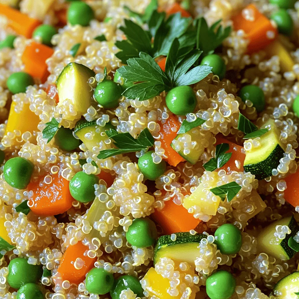 - 1 cup quinoa, rinsed - 2 cups vegetable broth - 1 medium onion, finely chopped - 2 garlic cloves, minced - 1 bell pepper, diced (any color) - 1 carrot, diced - 1 zucchini, diced - 1 cup green peas (fresh or frozen) - 1 teaspoon ground cumin - 1 teaspoon paprika - 2 tablespoons olive oil - Salt and pepper to taste - Fresh parsley, chopped, for garnish In this quinoa vegetable pilaf, we use fresh and simple ingredients. Quinoa is the star, providing protein and fiber. You rinse the quinoa before cooking. This step helps remove any bitter taste. Next, we add vegetable broth. It gives the pilaf a rich flavor. You can use homemade broth for the best taste. If you prefer, store-bought broth works well too. The vegetables add color and nutrients. Onions and garlic bring a lovely aroma. Bell peppers are crunchy and sweet, while carrots and zucchini add texture. Green peas boost the dish with more flavor. Spices like cumin and paprika enhance the taste. They make the dish warm and inviting. Finally, olive oil adds a nice richness and helps the veggies sauté well. Don't forget salt and pepper for seasoning. Fresh parsley at the end brightens each bite. For the full recipe, check the instructions to create this hearty dish. - Heat the olive oil in a medium pot over medium heat. - Sauté the chopped onion until it turns soft and clear. This takes about 3-4 minutes. - Add the minced garlic, diced bell pepper, and carrot. Cook for another 3-4 minutes. - Now, incorporate the spices. Stir in ground cumin and paprika. This adds a wonderful aroma. - Mix in the diced zucchini and green peas. Cook for 2-3 minutes to blend the flavors. - Add the rinsed quinoa and vegetable broth. Bring this mixture to a boil. - Once it boils, reduce the heat to low. Cover the pot and let it simmer for 15 minutes. - After simmering, remove it from heat. Let it sit for 5 minutes without lifting the lid. Fluff the quinoa with a fork. - Season with salt and pepper to taste. Garnish with fresh parsley before serving. For the complete recipe, check out the [Full Recipe]. To make the best quinoa vegetable pilaf, start with proper rinsing. Rinse the quinoa under cold water for a few minutes. This removes a bitter coating called saponin. It helps the quinoa taste fresh and clean. Next, adjust the spice levels to fit your taste. Start with the recipe's spices, then taste. If you want more flavor, add extra cumin or paprika. Spice is personal, so feel free to experiment! Using homemade vegetable broth makes a big difference. Store-bought broth can taste too salty or artificial. A good broth will add depth and richness to your pilaf. Sautéing the onion and garlic first builds great flavor. Cook them until they are soft and fragrant. This step creates a nice base for the rest of the dish. Controlling the simmering time is key. Keep the heat low once boiling. Cover the pot and let it simmer for about 15 minutes. This way, the quinoa cooks evenly. Fluffing quinoa correctly is important. After cooking, let it sit for five minutes. Then, use a fork to fluff it gently. This keeps the grains separate and light. Pair your pilaf with proteins like chicken, tofu, or fish. It also works well with salads for a fresh touch. The pilaf is tasty on its own but can complement many dishes. Serve it warm. This dish is best enjoyed fresh. If you let it cool, it can lose some flavor. For presentation, use a colorful garnish. Fresh parsley adds a nice pop of color. You can also use lemon wedges for a bright touch. For the full recipe, check out the detailed steps above. {{image_2}} You can easily swap vegetables in this recipe. Use what you like or have on hand. Here are some ideas: - Alternative vegetables: Try broccoli, spinach, or sweet potatoes. - Grain alternatives: Use farro, bulgur, or rice if you prefer. - Vegan vs. non-vegan options: For a non-vegan twist, add chicken or shrimp. To amp up the taste, consider these options: - Adding herbs: Fresh herbs like thyme or basil can brighten the dish. - Incorporating nuts or dried fruits: Almonds, cashews, or raisins add texture and sweetness. - Suggested sauces or dressings: A splash of soy sauce or tahini dressing can bring new layers of flavor. Making this pilaf ahead of time is simple and smart: - Make-ahead suggestions: Cook the pilaf and store it in the fridge for easy meals. - Freezing instructions: Portion the pilaf in freezer-safe bags. It lasts up to three months. - Ideas for meal prepping ahead of time: Prepare individual servings for lunch or dinner to save time during the week. For the full recipe, check out Quinoa Vegetable Pilaf 🥦. Enjoy experimenting with these variations to find your perfect dish! To keep your quinoa vegetable pilaf fresh, use airtight containers. Glass or plastic containers work well. Before you store, let the pilaf cool down. This prevents moisture buildup, which can spoil your dish. You can keep the pilaf in the fridge for about 4 to 5 days. However, if you see any mold or off smells, it’s time to toss it. Always check for texture changes, as this can mean spoilage too. When reheating, the best methods are using a microwave or stovetop. Add a splash of water or broth to keep the pilaf moist. Heat in short bursts, stirring often. This way, you’ll enjoy a warm, tasty dish again. For the full recipe, check back at the beginning! How do you make quinoa fluffy? To make quinoa fluffy, rinse it well before cooking. This removes the bitter coating called saponin. Use the right water-to-quinoa ratio, which is two cups of broth for every one cup of quinoa. Bring the mixture to a boil, then cover and simmer on low heat. Let it sit off the heat for a few minutes. Fluff it gently with a fork to separate the grains. Can I use a different type of broth? Yes, you can use any broth you like. Vegetable broth adds a nice flavor, but chicken or beef broth works too. You can even use water if you don't have broth on hand. Just remember to season it well to enhance the taste. Is it possible to make quinoa vegetable pilaf ahead of time? Absolutely! You can prepare quinoa vegetable pilaf in advance. Cook it and let it cool before storing. Place it in an airtight container and keep it in the fridge for up to four days. Reheat it gently on the stove or in the microwave. Caloric breakdown and nutrient values One serving of quinoa vegetable pilaf has about 220 calories. It contains roughly 8 grams of protein, 4 grams of fiber, and healthy fats from the olive oil. This dish is low in saturated fat and contains no cholesterol. Health benefits of quinoa Quinoa packs a punch of nutrients. It is a complete protein, meaning it has all nine essential amino acids. It's also rich in antioxidants, vitamins, and minerals. Eating quinoa can support heart health and aid digestion due to its high fiber content. What to do if quinoa is mushy? If quinoa turns out mushy, it might have cooked too long or had too much liquid. To fix it, spread it out on a baking sheet to cool. This helps it dry out. You can also try mixing in some cooked grains or nuts to add texture. Fixing undercooked quinoa If your quinoa is still hard, add a little more liquid and cover it. Cook it on low heat for a few more minutes. Check it often to ensure it doesn't burn. Once it's soft, fluff it up, and enjoy! This quinoa vegetable pilaf is easy to make and full of flavor. You learned about the key ingredients, step-by-step instructions, and useful tips. Don’t forget to experiment with substitutions and flavor additions to make it your own. Proper storage and reheating will keep your pilaf fresh and tasty. Enjoy creating a nutritious dish that fits your needs and tastes. Your kitchen adventures will be rewarding and fun. Dive in and share this dish with family and friends!