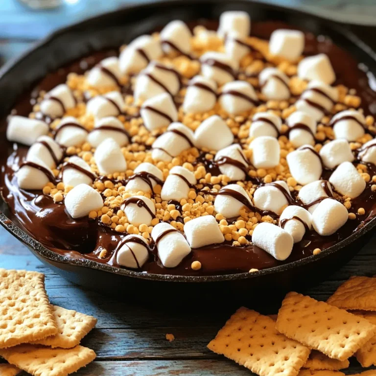 To create a tasty s'mores dip, you need simple and fun ingredients. Here’s what you will need: - 1 cup semi-sweet chocolate chips - 1 cup mini marshmallows - 1 tablespoon coconut oil (or unsalted butter) - 1/2 cup crushed graham crackers (plus more for serving) - 1/2 teaspoon vanilla extract - A pinch of sea salt These ingredients come together to make a warm, gooey treat that everyone loves. The chocolate chips melt perfectly and pair well with the sweet marshmallows. Coconut oil or butter adds a nice richness, while the graham crackers give a delightful crunch. The vanilla extract and sea salt enhance the flavors, making every bite unforgettable. When you gather these items, think about how you want to serve the dip. Extra graham crackers are a must for dipping! You can also use fruits or pretzel sticks to add variety. This recipe is easy to make and fun to share. For the complete recipe, check the section above. Enjoy the sweet and simple flavors of this s'mores dip! - Preheat the oven to 350°F (175°C). - In a medium mixing bowl, mix the chocolate chips, coconut oil, and vanilla extract. Stir until they blend well. - Pour the chocolate mixture into a cast-iron skillet or any oven-safe dish. Spread it out evenly. - Layer the mini marshmallows on top of the chocolate mixture. Make sure to cover the chocolate all the way. - Next, sprinkle the crushed graham crackers on top. This adds a nice crunch to the dip. - Bake in the oven for 10-12 minutes. Watch closely as the marshmallows puff up. - Tips for monitoring: Keep an eye on the color. You want them golden brown, not burnt. If they brown too fast, you can cover the dish lightly with foil. This simple process leads to a warm, gooey treat that you and your friends will love! For the full recipe, check out the details above. To get golden-brown marshmallows, you need to watch them closely. Bake for 10 to 12 minutes. Keep your eyes on the dip. If the marshmallows start to brown too quickly, take it out. You want that nice, toasted look without burning. Mixing your ingredients well is key. Combine chocolate chips, coconut oil, and vanilla extract in a bowl. Make sure the chocolate gets fully coated with oil. This helps it melt evenly. A smooth mix gives you a creamy dip. You can serve your S'mores Dip with many dippable items. Graham crackers are classic, but fruits work great too. Think strawberries or banana slices for a fresh twist. Pretzel sticks add a fun crunch and saltiness. For a special touch, drizzle some chocolate sauce on top. It enhances the flavor and looks pretty. You can also add a sprinkle of sea salt for a sweet-salty balance. The dip is best enjoyed warm, so serve it right out of the oven! {{image_2}} You can switch up the chocolate in your S'mores Dip. Here are some options: - Dark chocolate: Use dark chocolate chips for a richer taste. - Milk chocolate: This gives a sweeter flavor that many love. - White chocolate: It adds a creamy touch for a different twist. If you don’t have coconut oil, you can use: - Unsalted butter: This gives a nice flavor and texture. - Vegetable oil: This is a light option if you need a substitute. Want to make your dip more fun? Try these tasty add-ins: - Peanut butter: Swirl in some peanut butter for a nutty flavor. - Nuts: Chopped nuts can add crunch and taste. - Flavored extracts: A few drops of almond or mint extract can change the flavor. You can also adapt the dip for the seasons: - Pumpkin spice: Add this in the fall for a cozy flavor. - Peppermint: Use it around the holidays for a festive touch. These variations keep your S'mores Dip exciting and fun. Try mixing and matching to find your favorite! For the full recipe, check out the Oven-Baked S'mores Dip section above. To keep your s'mores dip fresh, store it in an airtight container. Let the dip cool completely first, then cover it tightly. Place it in the fridge. It will stay good for about three days. If you have some left, be sure to share it! When you want to reheat the dip, use the oven. Preheat it to 350°F (175°C). Scoop the dip into a safe oven dish. Warm it for about 5-10 minutes. This helps the marshmallows puff up again. You can also use a microwave. Heat in short bursts of 20 seconds. Stir between each burst to keep it smooth. When stored in the fridge, s'mores dip lasts about three days. After that, it might not taste as good. Check for signs of spoilage. If you see mold or it smells off, it’s time to toss it. Always trust your senses! Can I use different types of chocolate for this recipe? Yes, you can! Try dark, milk, or white chocolate. Each type adds a unique taste. Mix and match until you find your favorite. Is it possible to make this dip in a microwave? Yes, you can use a microwave. Just mix the chocolate and oil in a bowl, then heat in short bursts. Stir until smooth. Add marshmallows and heat again until puffy. How can I make S'mores Dip without graham crackers? You can use crushed cookies or pretzels instead. Even nuts or popcorn can work for a fun twist. Get creative! What is the best way to serve s'mores dip? Serve it warm with graham crackers, pretzel sticks, or fruit. You can also drizzle chocolate sauce on top for extra flair. Everyone will love it! Can I make this ahead of time for a party? You can prep the dip but bake it just before serving. This keeps it warm and gooey. Make sure to enjoy it fresh for the best taste. Do I need a cast-iron skillet to bake S'mores Dip? No, you don’t need a cast-iron skillet. Any oven-safe dish will work. Use what you have on hand. Can I use other dishes for baking this recipe? Yes, feel free to use a baking dish or even a pie plate. Just ensure it can handle the heat. The key is to have even coverage for baking. This blog post covered everything you need to make a great s'mores dip. We explored the ingredients, steps for preparation and baking, and helpful tips for serving. You discovered ways to customize your dip with variations and learned how to store leftovers. Enjoy experimenting with flavors and sharing this fun treat with friends. Now, gather your ingredients and start creating your tasty s'mores dip!