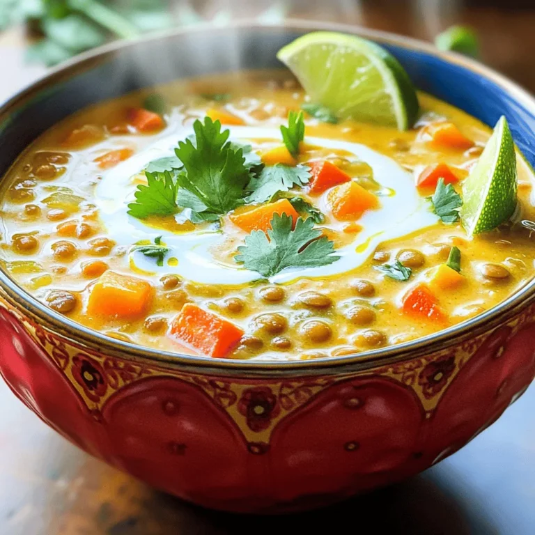To make Coconut Curry Lentil Soup, you will need: - 1 tablespoon coconut oil - 1 medium onion, diced - 3 cloves garlic, minced - 1 tablespoon fresh ginger, grated - 1 tablespoon red curry paste - 1 teaspoon ground cumin - 1 teaspoon ground coriander - 1 can (14 oz) coconut milk - 4 cups vegetable broth - 1 cup red lentils, rinsed - 1 medium carrot, diced - 1 bell pepper, diced (any color) - 2 cups fresh spinach (or kale) - 2 tablespoons lime juice - Salt and pepper, to taste - Fresh cilantro, for garnish (optional) These ingredients create a rich and creamy soup that bursts with flavor. You can boost the soup's taste with some optional ingredients. Consider adding: - 1 tablespoon soy sauce or tamari for extra umami - 1 teaspoon turmeric for a vibrant color and health benefits - A pinch of red pepper flakes for some heat - Chopped green onions for a fresh crunch These additions can make the soup even more delightful. If you have allergies or dietary preferences, you can easily adjust the recipe. Here are some ideas: - Use olive oil instead of coconut oil for a different base flavor. - Substitute the vegetable broth with chicken broth for a non-vegetarian option. - If you are sensitive to spices, use less red curry paste or skip it altogether. - Replace red lentils with green or brown lentils, but note that cooking times may vary. These swaps ensure that everyone can enjoy this tasty soup. For the full recipe, check out the detailed instructions! First, gather all your ingredients. This makes the cooking process easy and fun. You will need: - 1 tablespoon coconut oil - 1 medium onion, diced - 3 cloves garlic, minced - 1 tablespoon fresh ginger, grated - 1 tablespoon red curry paste - 1 teaspoon ground cumin - 1 teaspoon ground coriander - 1 can (14 oz) coconut milk - 4 cups vegetable broth - 1 cup red lentils, rinsed - 1 medium carrot, diced - 1 bell pepper, diced (any color) - 2 cups fresh spinach (or kale) - 2 tablespoons lime juice - Salt and pepper, to taste - Fresh cilantro, for garnish (optional) Chop the onion, garlic, ginger, carrot, and bell pepper. Rinse the lentils well under cold water. This step removes dirt and prevents a mushy texture. In a large pot, heat the coconut oil over medium heat. Add the diced onion and sauté for about 5 minutes until it looks clear. Stir in the minced garlic and grated ginger. Cook for 1-2 minutes until you smell their aroma. Now, add the red curry paste, ground cumin, and ground coriander. Mix it all well and let the spices cook for another minute. This helps bring out their flavors. Next, pour in the coconut milk and vegetable broth. Stir it well to combine. Add in the rinsed red lentils, diced carrot, and diced bell pepper. Bring the soup to a gentle boil, then lower the heat to a simmer. Cover the pot and let it simmer for about 25-30 minutes. The lentils should become soft and soak up most of the liquid. Remember to stir occasionally to prevent sticking. Once the lentils are cooked, add the fresh spinach or kale. Stir until it wilts down. Remove the pot from heat and mix in the lime juice. Season with salt and pepper to taste. Serve the soup hot. I love using vibrant bowls for a nice look. Drizzle a bit of coconut milk on top for contrast. A sprinkle of fresh cilantro adds a pop of color and flavor. You can also add lime wedges on the side for that extra zing. Enjoy your Coconut Curry Lentil Soup! For the full recipe, check the details above. To make your soup rich and creamy, use full-fat coconut milk. The fat adds depth. For a thicker texture, mash some of the lentils. This step gives a nice body to the soup. Always taste and adjust seasoning. A squeeze of lime brightens the flavors. Fresh herbs also add a burst of taste. Experiment with toppings like avocado or roasted nuts for crunch. Rinse your lentils before cooking. This step removes dirt and debris. Red lentils cook faster than others. Keep an eye on them, as they can turn mushy if overcooked. Always check the package for cooking times. Soaking lentils is not necessary but can reduce cooking time. If you want them firmer, cook them for a shorter time. A large pot is essential for this recipe. Use a sturdy spatula for stirring. A sharp knife makes chopping easier. A cutting board is a must-have for prep work. I also recommend a measuring cup for accuracy. Having these tools makes the cooking process smoother. If you want to blend your soup, an immersion blender is perfect. It saves time and reduces mess. For the full recipe, check the section above. {{image_2}} You can easily add protein to your Coconut Curry Lentil Soup. For a simple boost, try adding cooked chicken, shrimp, or tofu. If you choose chicken, shred it and stir it in before serving. For shrimp, add them when the soup is almost done. Tofu can be cubed and added during cooking. Each option adds flavor and makes the soup more filling. This recipe is naturally vegetarian. To make it vegan, ensure you use plant-based broth. You can also swap honey for maple syrup if you want a touch of sweetness. Using coconut milk keeps it creamy and rich. Always check labels to confirm there are no animal products. If you love heat, add more red curry paste or fresh chili peppers. For a milder soup, reduce the amount of red curry paste. You can also serve hot sauce on the side for those who prefer extra spice. Balancing the heat with lime juice helps create a tasty flavor profile. After enjoying your Coconut Curry Lentil Soup, let it cool before storing. Transfer it to an airtight container. This keeps the soup fresh and tasty. I recommend using glass containers. They help prevent any strange flavors from plastic. The soup can stay in the fridge for about 3 to 5 days. When you're ready to enjoy leftovers, take the soup from the fridge. Pour it into a pot to reheat. Use low to medium heat on the stove. Stir often to avoid sticking. If the soup looks too thick, add a splash of water or broth. Heat until it is warm all the way through. You can also use a microwave. Just heat in short bursts, stirring in between. If you want to save some for later, freezing is a great option. Use freezer-safe containers or bags. Make sure to leave some space at the top. The soup will expand as it freezes. It can last up to 3 months in the freezer. When ready to eat, thaw it overnight in the fridge. Then, reheat as described above. Enjoy your delicious soup anytime! For the complete recipe, check out the Full Recipe. To store Coconut Curry Lentil Soup, let it cool first. Then, transfer it to an airtight container. This keeps the soup fresh and safe. You can store it in the fridge for easy access. If you want to keep it longer, freeze it in a freezer-safe container. Yes, you can make Coconut Curry Lentil Soup in advance. This soup tastes even better the next day. The flavors blend well as it sits. Just follow the recipe and let it cool before storing. I often make a big batch for quick meals during the week. Coconut Curry Lentil Soup lasts about 4 to 5 days in the fridge. Ensure it stays in an airtight container. Always check for any signs of spoilage before eating. If you want to keep it longer, consider freezing it. You can enjoy this tasty soup for weeks! For the full recipe, check here. In this blog post, I covered how to make Coconut Curry Lentil Soup. We discussed the key ingredients, exact measurements, and optional flavor enhancers. I shared step-by-step instructions for cooking and serving. You learned tips for perfect texture and flavor, along with variations to suit your taste. Finally, we went over proper storage and reheating methods. This soup is versatile and fun to make. Enjoy experimenting with flavors and enjoy your meals. Happy cooking!