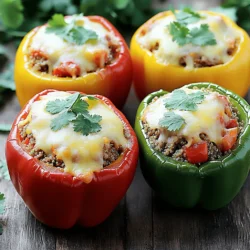 - 4 large bell peppers (any color) - 1 lb ground turkey - 1 cup cooked quinoa - 1 cup diced tomatoes (canned or fresh) - 1 small onion, diced - 2 cloves garlic, minced - 1 teaspoon cumin - 1 teaspoon paprika - ½ teaspoon cayenne pepper (optional) - Salt and pepper to taste - 1 cup shredded cheese (cheddar or mozzarella) - Fresh cilantro or parsley for garnish When making stuffed bell peppers, the right ingredients make a huge difference. I love using large, vibrant bell peppers. They not only look great but also offer a sweet flavor. Ground turkey is my go-to meat for this dish. It’s lean, healthy, and absorbs flavors well. Cooked quinoa adds a nice texture and boosts nutrition. For extra freshness, I like to add diced tomatoes. They bring moisture and brightness. A small onion and minced garlic enhance the flavor base. Spices are key to making these peppers pop. Cumin and paprika add warmth and depth. If you like a kick, cayenne pepper is a great choice. Just a pinch can spice things up! Don’t forget salt and pepper; they help all the flavors shine. Finally, a sprinkle of shredded cheese on top brings everything together. Cheddar or mozzarella work well. For a colorful finish, add fresh cilantro or parsley. This combination of ingredients transforms simple bell peppers into a tasty meal. Check out the Full Recipe for all the steps. 1. Preheat your oven to 375°F (190°C). This heat makes the peppers tender and the cheese bubbly. 2. Cut the tops off the bell peppers and remove the seeds. You want to create a nice bowl for the filling. Place them upright in a baking dish. 3. In a large skillet, add a splash of olive oil. Heat this over medium heat. 4. Sauté the diced onion until it turns translucent, which takes about 3-4 minutes. 5. Add the minced garlic and cook for another minute. This will make your kitchen smell amazing! 1. Next, stir in 1 pound of ground turkey. Break it apart with a spatula. 2. Cook until it browns, which takes about 5-7 minutes. Brown meat adds great flavor. 3. Mix in 1 cup of cooked quinoa and 1 cup of diced tomatoes. 4. Add spices: 1 teaspoon cumin, 1 teaspoon paprika, and optional ½ teaspoon cayenne pepper. 5. Season with salt and pepper to taste. Mix well and let it cook for another 3-4 minutes. This helps the flavors come together. 1. Carefully spoon the turkey mixture into each bell pepper. Pack it tightly to fit all the goodness inside. 2. Top each stuffed pepper with 1 cup of shredded cheese. Cheese makes everything better! 3. Cover the baking dish with aluminum foil and bake for 25 minutes. 4. After 25 minutes, uncover the dish and bake for another 10 minutes. This step helps the cheese turn bubbly and golden. 5. Once done, let them cool for a few minutes before serving. These stuffed bell peppers are a fun and tasty way to enjoy a healthy meal. For the complete recipe, check out the Full Recipe section! To make sure your ground turkey cooks evenly, break it apart in the pan. Stir it often for even browning. Use a meat thermometer to check for doneness. The turkey should reach 165°F (74°C) inside. This step is key for food safety. Garnishing your stuffed peppers can make a big difference. I love to sprinkle fresh cilantro or parsley on top. It adds color and freshness. Serve the peppers on a colorful plate. This makes the dish look vibrant and inviting. Pair them with a side salad or some crusty bread for a complete meal. One common mistake is overstuffing the peppers. If you pack them too tightly, they may burst while baking. Another mistake is skipping the pre-baking step. Pre-baking helps soften the peppers and enhances their flavor. Take the time to follow these steps for tasty results. {{image_2}} If you want a meat-free dish, try using lentils or beans instead of ground turkey. Lentils cook quickly and add a nice texture. Use cooked black beans or kidney beans for more flavor. Both options give you protein and fiber, making the dish hearty and satisfying. You can boost flavor by adding different vegetables. Try corn, zucchini, or mushrooms for added taste and texture. Spices also make a big difference. Consider adding chili powder or oregano for a twist. Changing the grain is another way to add flair. Use rice, bulgur, or farro instead of quinoa for a new flavor. If you want a dairy-free option, use vegan cheese. Many brands melt well and taste great. Nutritional yeast is another option; it adds a cheesy flavor without dairy. For a different taste, you can use feta or goat cheese. These cheeses give a tangy flavor that pairs well with bell peppers. For the complete recipe, check out the Full Recipe section! To store leftovers, let the stuffed peppers cool first. Once cooled, place them in an airtight container. Make sure to cover them well. They will stay fresh in the fridge for up to four days. If you want quick meals, store them in single servings. This makes it easy to grab and go. Stuffed peppers freeze well. To freeze them, prepare the peppers as you normally would. Before baking, wrap each pepper in plastic wrap or foil. Place them in a freezer-safe bag or container. They can last up to three months in the freezer. When you are ready to eat, thaw them overnight in the fridge. For reheating, place them in a preheated oven at 375°F (190°C). Bake for about 30 minutes or until heated through. You can also microwave them for a quicker option. Just make sure they are hot all the way through. Stuffed bell peppers last around four days in the fridge. If frozen, they can last up to three months. Always check for signs of spoilage, like a change in color or smell. Enjoy your stuffed peppers fresh for the best taste! For the full recipe, refer to the previous section. Yes, you can prepare stuffed bell peppers in advance. First, make the filling and stuff the peppers. Then, cover them tightly and store in the fridge. They can sit for up to 24 hours before baking. If you want to keep them longer, freeze the unbaked peppers. Wrap each pepper in plastic wrap, then place them in a freezer bag. They can last for up to three months in the freezer. Just thaw them in the fridge overnight before baking. To reheat stuffed peppers, use the oven for the best results. Preheat your oven to 350°F (175°C). Place the stuffed peppers in a baking dish, cover with foil, and heat for about 20-25 minutes. If you want to reheat faster, use the microwave. Place the pepper on a microwave-safe plate and cover with a damp paper towel. Heat for about 2-3 minutes, checking if it's warm. Be careful not to overcook them. Yes, stuffed bell peppers are a healthy meal choice. They are low in calories and packed with nutrients. Bell peppers are high in vitamins A and C. Ground turkey is a lean protein source. Quinoa adds fiber and additional protein, making this dish filling. Plus, you can add other veggies for even more nutrition. It’s a balanced meal that is great for any diet. Absolutely! You can use various types of meat for stuffed peppers. Ground beef or pork works well for a richer flavor. If you prefer a lighter option, chicken or turkey is great too. For a vegetarian twist, consider beans, lentils, or tofu. These alternatives can make the dish just as tasty. Feel free to mix and match to find your favorite! For the full recipe, check out [Full Recipe]. Stuffed bell peppers offer a tasty and healthy meal option. We covered the best ingredients, cooking steps, and tips to avoid mistakes. You can easily customize this dish to suit your taste and dietary needs. Remember to store leftovers properly for later meals. With these insights, you can create satisfying stuffed peppers that everyone will love. Enjoy cooking and experimenting with flavors!