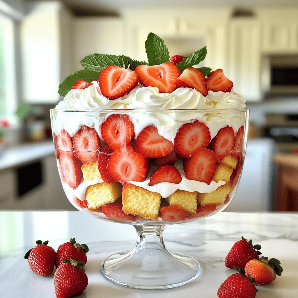 To make a tasty Strawberry Shortcake Trifle, gather these key ingredients: - 2 cups fresh strawberries, hulled and sliced - 1/4 cup granulated sugar (divided) - 1 cup heavy whipping cream - 1/2 teaspoon vanilla extract - 1 cup pound cake, cut into cubes - 1/2 cup vanilla pudding - Fresh mint leaves for garnish These ingredients create the perfect balance of sweet, creamy, and fruity flavors. Fresh strawberries bring a burst of flavor, while the whipped cream adds a light and airy texture. You can easily make this trifle your own with some optional ingredients: - Different fruits, like blueberries or raspberries, add color and taste. - Flavored pudding options, such as chocolate or banana, can change the flavor. - Alternate cake varieties, like angel food cake, offer a lighter choice. Feel free to mix and match based on what you have at home. This recipe is flexible and fun! For the complete process, check the [Full Recipe]. To start, you need to macerate the strawberries. This process brings out their natural sweetness. Take 2 cups of fresh strawberries, hulled and sliced. Place them in a mixing bowl. Now, add 2 tablespoons of granulated sugar and gently toss them. Let the strawberries sit for about 15 minutes. As they rest, the sugar will draw out their juices, creating a sweet syrup. Next, we whip the cream. In a separate bowl, pour in 1 cup of heavy whipping cream. Use a mixer on medium speed and whip until soft peaks form. This usually takes about 1-2 minutes. Now, slowly add the remaining 2 tablespoons of granulated sugar and 1/2 teaspoon of vanilla extract. Continue to whip until stiff peaks form. This means your cream will hold its shape well. Now comes the fun part: layering! Grab a large trifle bowl or individual glasses. Start with a layer of pound cake cubes, about 1 cup. Next, add a layer of your macerated strawberries, followed by a layer of 1/2 cup of vanilla pudding. Now, spoon a layer of your whipped cream over the pudding. Repeat these layers until you reach the top of the bowl. Finish with a generous layer of whipped cream. For a beautiful touch, garnish with additional sliced strawberries and fresh mint leaves. Chill the trifle in the refrigerator for at least 30 minutes before serving. This helps all the flavors meld together beautifully. For the full recipe, check the details above. Enjoy making this delightful dessert! To make the best strawberry shortcake trifle, you need ripe strawberries. Look for berries that are bright red, firm, and sweet-smelling. Avoid any with soft spots or mold. Before using them, hull your strawberries. This means removing the green tops and the white core. Slice them evenly for a nice look. Toss them with some sugar to bring out their juice. Let them sit for about 15 minutes. This process is called macerating, and it makes the strawberries even sweeter and juicier. Whipping cream adds a rich, fluffy layer to your trifle. Start with cold heavy cream for the best results. Use a mixing bowl that is also cold. This helps the cream whip up faster. Beat the cream on medium speed until soft peaks form. Then, add sugar and vanilla extract slowly. Keep whipping until you see stiff peaks. This means the cream will hold its shape when you layer it. Be careful not to over-whip, or it may turn into butter. Creating beautiful layers makes your trifle stand out. Start with a layer of pound cake cubes at the bottom of your bowl. Press them down slightly for a strong base. Next, add a layer of macerated strawberries. Follow this with a layer of vanilla pudding. Finally, add a layer of whipped cream. Repeat these layers until you reach the top. Finish with a generous layer of whipped cream. Top it off with more strawberries and fresh mint leaves. This adds color and makes it look gourmet. {{image_2}} You can switch up the fruits in your trifle. Instead of strawberries, try using blueberries, raspberries, or blackberries. If you love tropical flavors, go for diced mango, pineapple, or even kiwi. Mixing fruits adds new tastes and colors to your dish. It keeps things fun and fresh! If you want a gluten-free trifle, use gluten-free cake. Many brands offer great options that taste just as good. For a dairy-free version, substitute the heavy cream with coconut cream or almond cream. You can use dairy-free whipped toppings too. These swaps keep the spirit of the trifle while meeting your dietary needs. You can serve the trifle in individual glasses for a fun twist. This makes it easy for guests to grab their own serving. If you prefer a large trifle bowl, that works too! To make it look fancy, layer the ingredients so they show off the colors. Add fresh mint leaves on top for a burst of green. You can even add chocolate shavings or nuts for extra crunch. To store leftovers in the refrigerator, place the trifle in an airtight container. This keeps it fresh for up to three days. Make sure to cover the top with plastic wrap or a lid. If you used fresh strawberries, they may spoil faster. Always check for signs of spoilage before serving. Freezing a trifle isn’t ideal because the textures change. If you must freeze it, separate the layers. Freeze the cake and pudding in one container. Freeze the strawberries and cream in another. Use freezer-safe bags or containers. This way, you can keep them for about two months. When serving later, reassemble the trifle just before serving. Start with the cake, then layer the strawberries and pudding. Finish with whipped cream on top. This keeps the whipped cream fluffy and the strawberries fresh. If you pre-assemble, the cream may become watery. Enjoy your trifle with the best texture! To make your trifle gluten-free, start with gluten-free pound cake. You can find gluten-free options in stores or make your own using almond flour or coconut flour. For the pudding, use a gluten-free vanilla pudding mix or make your own. This mix often has cornstarch as a base, which is safe for gluten-free diets. Ensure all your ingredients are labeled gluten-free to avoid any cross-contamination. Yes, you can prepare your trifle a day ahead. To keep it fresh, layer the ingredients, but wait to add the whipped cream until just before serving. This helps the cream stay fluffy and prevents it from becoming soggy. Cover the trifle tightly with plastic wrap to keep it from absorbing any odors from your fridge. Refrigerate it until you’re ready to serve. If you want to change the flavor, many options work well. You can use chocolate pudding for a rich twist. Butterscotch or banana pudding can also add fun flavors. If you prefer homemade, mix 2 cups of milk with cornstarch and sugar on the stove until thickened. Add the flavor of your choice to create your own pudding base. This adds a personal touch to your trifle. For the full recipe, check out the detailed instructions above. To sum up, making a Strawberry Shortcake Trifle is simple and fun. You need fresh strawberries, cream, and cake cubes, layered perfectly. Remember to macerate your strawberries to enhance their sweetness. Use different fruits for a tasty twist. Store leftovers properly to keep them fresh. With these tips, you’ll impress everyone with your trifle. Enjoy this delicious dessert at any gathering. It’s sure to be a hit!