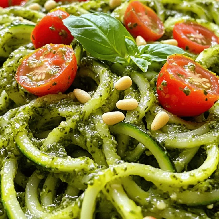 - 3 medium zucchinis - 1 cup fresh basil leaves - 2 cloves garlic, minced - 1/4 cup pine nuts (toasted) - 1/4 cup grated Parmesan cheese - 1/4 cup olive oil - 1 tablespoon lemon juice - Salt and pepper to taste - Cherry tomatoes, halved To make zucchini noodles with pesto, start with fresh ingredients. You need three medium zucchinis. They will become our tasty noodles. Next, grab one cup of fresh basil leaves. This herb adds a bright flavor. Lastly, use two cloves of garlic, minced, for that punchy taste. Next, we need some pantry staples. Toast a quarter cup of pine nuts for a rich, nutty flavor. You will also need a quarter cup of grated Parmesan cheese. This cheese gives our dish a creamy texture. Don’t forget a quarter cup of olive oil. This will help blend the pesto smoothly. You also need one tablespoon of lemon juice. It adds zest to the sauce. Finally, season with salt and pepper to taste. For a pop of color, use cherry tomatoes as optional garnishes. Halve them for a sweet bite that pairs well with the noodles. For the complete recipe, check out the Full Recipe section. First, you need to spiralize the zucchinis. Use a spiralizer or a vegetable peeler. This makes long, noodle-like strips. After spiralizing, lay the zucchini noodles on a clean kitchen towel. This step helps to drain excess moisture. If you skip this, the noodles can become soggy. Next, gather your ingredients for the pesto. In a food processor, combine fresh basil, toasted pine nuts, grated Parmesan cheese, and minced garlic. Pulse the mix until it becomes finely chopped. Now, with the food processor running, slowly pour in olive oil. This will make the pesto smooth and creamy. Add lemon juice, salt, and pepper. Give it one last pulse to blend everything well. Now it's time to sauté the zucchini noodles. Heat a large skillet over medium heat. Add the noodles and cook for 2-3 minutes. You want them tender but still a bit crunchy. Avoid overcooking them. Once done, remove the skillet from heat. Now, add the pesto to the noodles. Toss gently to coat them evenly. Serve right away, and feel free to garnish with halved cherry tomatoes for a bright touch. For the complete recipe, check out [Full Recipe]. To avoid soggy noodles, it's key to drain them well. After spiralizing, lay the noodles on a clean kitchen towel. Let them sit for about 10 minutes. This helps remove excess moisture. Cooking time matters too. Sauté them for just 2-3 minutes. You want them tender, but not mushy. The goal is to keep a slight crunch. You can boost your pesto flavor by adding nuts and herbs. Try mixing in walnuts or almonds for a different taste. Fresh herbs like parsley or mint can add depth, too. If you don't have Parmesan cheese, use nutritional yeast. It gives a nice cheesy flavor without dairy. You can also use pecorino or even a vegan cheese substitute. Garnishing with halved cherry tomatoes makes your dish pop. Their sweetness adds a nice contrast to the pesto. For plating, use a large shallow bowl. Twirl the noodles in the center for a pretty look. Drizzle a little olive oil on top for shine. You can also sprinkle extra nuts or herbs for flair. For the complete recipe, check the [Full Recipe]. {{image_2}} You can easily change up the noodles in this dish. Instead of zucchini, try using other vegetables. Spaghetti squash is a great choice. It has a nice texture and flavor. You can also use carrots or butternut squash for a fun twist. If you need gluten-free options, these vegetables work well. They are light and healthy. Pesto is not just one flavor. You can mix it up! Instead of classic basil pesto, try cashew or walnut pesto. These nuts add a rich taste. You can also switch herbs. Cilantro adds a fresh and bright flavor. Just blend the nuts and herbs with olive oil and garlic for a new take. Want more from your meal? Adding protein can make it heartier. Grilled chicken or shrimp pairs great with zucchini noodles. The flavors blend so well! If you prefer vegan options, add chickpeas or lentils. They bring a great texture and boost protein. There are many ways to customize this dish for your needs. For the full recipe, check out the Zesty Zucchini Noodles with Pesto . To keep your zucchini noodles fresh, use airtight containers. Glass or plastic containers work well. Store the noodles in the fridge right after cooking. They stay good for up to three days. Be sure to keep the pesto separate. This helps prevent sogginess. Store the pesto in a small container to keep it fresh for about five days. Can you freeze zucchini noodles? Yes, but they lose some texture. If you plan to freeze, do it before cooking. Place them in a freezer bag and remove as much air as possible. You can freeze pesto too! Pour it into an ice cube tray. Once frozen, transfer the cubes to a freezer bag. This way, you can use just what you need later. To reheat zucchini noodles, avoid mushiness by using low heat. Heat them in a skillet for about two minutes. Stir gently to warm them through. You can also microwave them, but for no more than 30 seconds. Check often to prevent overcooking. Always add fresh pesto after reheating to keep flavors bright and tasty. To spiralize zucchini, use a spiralizer. This tool creates long, noodle-like shapes. You can also use a vegetable peeler. Thin strips work well too. Just peel the zucchini into ribbons. Yes, you can prep zucchini noodles in advance. Spiralize them and let them drain. Place them in a container lined with a paper towel. This helps absorb extra moisture. Store them in the fridge for up to 2 days. Zucchini noodles with pesto pair well with many dishes. Try serving them with grilled chicken or shrimp for protein. You can also add a fresh salad on the side. Roasted vegetables or garlic bread are tasty options too. Check out the Full Recipe for more ideas! Zucchini noodles with pesto are a fun and healthy dish. We explored fresh ingredients and easy steps to make it. You learned to create the perfect pesto and sauté zucchini for the best bite. Remember to store leftovers correctly and consider fun variations. The right pairs and presentation can make your meal shine. Enjoy experimenting in the kitchen, and make this dish your own!