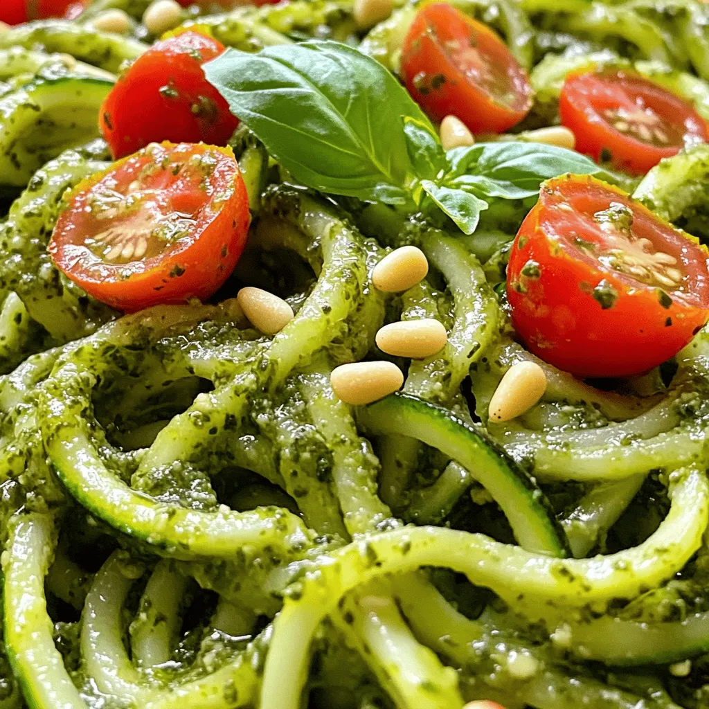 - 3 medium zucchinis - 1 cup fresh basil leaves - 2 cloves garlic, minced - 1/4 cup pine nuts (toasted) - 1/4 cup grated Parmesan cheese - 1/4 cup olive oil - 1 tablespoon lemon juice - Salt and pepper to taste - Cherry tomatoes, halved To make zucchini noodles with pesto, start with fresh ingredients. You need three medium zucchinis. They will become our tasty noodles. Next, grab one cup of fresh basil leaves. This herb adds a bright flavor. Lastly, use two cloves of garlic, minced, for that punchy taste. Next, we need some pantry staples. Toast a quarter cup of pine nuts for a rich, nutty flavor. You will also need a quarter cup of grated Parmesan cheese. This cheese gives our dish a creamy texture. Don’t forget a quarter cup of olive oil. This will help blend the pesto smoothly. You also need one tablespoon of lemon juice. It adds zest to the sauce. Finally, season with salt and pepper to taste. For a pop of color, use cherry tomatoes as optional garnishes. Halve them for a sweet bite that pairs well with the noodles. For the complete recipe, check out the Full Recipe section. First, you need to spiralize the zucchinis. Use a spiralizer or a vegetable peeler. This makes long, noodle-like strips. After spiralizing, lay the zucchini noodles on a clean kitchen towel. This step helps to drain excess moisture. If you skip this, the noodles can become soggy. Next, gather your ingredients for the pesto. In a food processor, combine fresh basil, toasted pine nuts, grated Parmesan cheese, and minced garlic. Pulse the mix until it becomes finely chopped. Now, with the food processor running, slowly pour in olive oil. This will make the pesto smooth and creamy. Add lemon juice, salt, and pepper. Give it one last pulse to blend everything well. Now it's time to sauté the zucchini noodles. Heat a large skillet over medium heat. Add the noodles and cook for 2-3 minutes. You want them tender but still a bit crunchy. Avoid overcooking them. Once done, remove the skillet from heat. Now, add the pesto to the noodles. Toss gently to coat them evenly. Serve right away, and feel free to garnish with halved cherry tomatoes for a bright touch. For the complete recipe, check out [Full Recipe]. To avoid soggy noodles, it's key to drain them well. After spiralizing, lay the noodles on a clean kitchen towel. Let them sit for about 10 minutes. This helps remove excess moisture. Cooking time matters too. Sauté them for just 2-3 minutes. You want them tender, but not mushy. The goal is to keep a slight crunch. You can boost your pesto flavor by adding nuts and herbs. Try mixing in walnuts or almonds for a different taste. Fresh herbs like parsley or mint can add depth, too. If you don't have Parmesan cheese, use nutritional yeast. It gives a nice cheesy flavor without dairy. You can also use pecorino or even a vegan cheese substitute. Garnishing with halved cherry tomatoes makes your dish pop. Their sweetness adds a nice contrast to the pesto. For plating, use a large shallow bowl. Twirl the noodles in the center for a pretty look. Drizzle a little olive oil on top for shine. You can also sprinkle extra nuts or herbs for flair. For the complete recipe, check the [Full Recipe]. {{image_2}} You can easily change up the noodles in this dish. Instead of zucchini, try using other vegetables. Spaghetti squash is a great choice. It has a nice texture and flavor. You can also use carrots or butternut squash for a fun twist. If you need gluten-free options, these vegetables work well. They are light and healthy. Pesto is not just one flavor. You can mix it up! Instead of classic basil pesto, try cashew or walnut pesto. These nuts add a rich taste. You can also switch herbs. Cilantro adds a fresh and bright flavor. Just blend the nuts and herbs with olive oil and garlic for a new take. Want more from your meal? Adding protein can make it heartier. Grilled chicken or shrimp pairs great with zucchini noodles. The flavors blend so well! If you prefer vegan options, add chickpeas or lentils. They bring a great texture and boost protein. There are many ways to customize this dish for your needs. For the full recipe, check out the Zesty Zucchini Noodles with Pesto . To keep your zucchini noodles fresh, use airtight containers. Glass or plastic containers work well. Store the noodles in the fridge right after cooking. They stay good for up to three days. Be sure to keep the pesto separate. This helps prevent sogginess. Store the pesto in a small container to keep it fresh for about five days. Can you freeze zucchini noodles? Yes, but they lose some texture. If you plan to freeze, do it before cooking. Place them in a freezer bag and remove as much air as possible. You can freeze pesto too! Pour it into an ice cube tray. Once frozen, transfer the cubes to a freezer bag. This way, you can use just what you need later. To reheat zucchini noodles, avoid mushiness by using low heat. Heat them in a skillet for about two minutes. Stir gently to warm them through. You can also microwave them, but for no more than 30 seconds. Check often to prevent overcooking. Always add fresh pesto after reheating to keep flavors bright and tasty. To spiralize zucchini, use a spiralizer. This tool creates long, noodle-like shapes. You can also use a vegetable peeler. Thin strips work well too. Just peel the zucchini into ribbons. Yes, you can prep zucchini noodles in advance. Spiralize them and let them drain. Place them in a container lined with a paper towel. This helps absorb extra moisture. Store them in the fridge for up to 2 days. Zucchini noodles with pesto pair well with many dishes. Try serving them with grilled chicken or shrimp for protein. You can also add a fresh salad on the side. Roasted vegetables or garlic bread are tasty options too. Check out the Full Recipe for more ideas! Zucchini noodles with pesto are a fun and healthy dish. We explored fresh ingredients and easy steps to make it. You learned to create the perfect pesto and sauté zucchini for the best bite. Remember to store leftovers correctly and consider fun variations. The right pairs and presentation can make your meal shine. Enjoy experimenting in the kitchen, and make this dish your own!