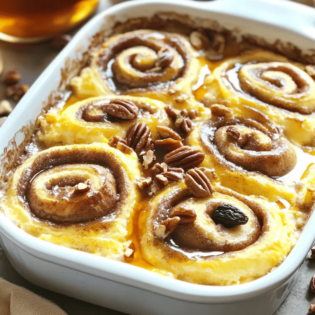 - 2 cans (12.4 oz each) refrigerated cinnamon rolls with icing - 4 large eggs - 1 cup milk - 1 teaspoon vanilla extract - 1 teaspoon ground cinnamon - 1/2 teaspoon nutmeg - 1/2 cup maple syrup - Optional Ingredients: chopped pecans or walnuts, raisins To make my cinnamon roll casserole, I use simple ingredients. Each item plays a key role in creating that warm, gooey delight. First, the refrigerated cinnamon rolls form the base. Their sweet, soft texture is a must. Next, I add eggs. They bring richness and help bind everything together. Milk adds creaminess, while vanilla extract gives a sweet aroma. Ground cinnamon and nutmeg enhance the classic cinnamon flavor. They make the dish smell like a bakery! Maple syrup adds sweetness and a hint of caramel. You can also sprinkle in some chopped nuts or raisins for extra flavor and crunch. These are optional but highly recommended. With these ingredients ready, you can create a dish that's quick and satisfying. Just follow the recipe, and you'll have a delightful cinnamon roll casserole in no time! - Preheat the oven to 350°F (175°C). - Grease the baking dish. To start, I set my oven to 350°F. This temperature helps the casserole cook evenly. Next, I grease my 9x13-inch baking dish with non-stick spray or butter. This step is key to keep the casserole from sticking. - Cut the cinnamon rolls and place them in the dish. - Whisk egg mixture and pour it over the rolls. I open the cans of cinnamon rolls and cut each roll into quarters. I spread these pieces in the greased dish. This makes sure each bite has that sweet flavor. In a mixing bowl, I whisk together 4 large eggs, 1 cup of milk, 1 teaspoon of vanilla extract, 1 teaspoon of ground cinnamon, and 1/2 teaspoon of nutmeg. This mixture brings rich taste and creaminess. After that, I pour it over the cinnamon roll pieces, soaking each one well. - Bake for 25-30 minutes. - Drizzle with icing after baking. Now, I bake the casserole for 25 to 30 minutes. I look for a puffed and golden brown top. While it bakes, I warm the icing from the cinnamon rolls. Once the casserole is done, I let it cool for about 5 minutes. Then, I drizzle the warm icing over the top. This adds a sweet finish to an already delightful dish. You can find the full recipe at [Full Recipe]. To get the perfect texture for your cinnamon roll casserole, focus on soaking. Make sure each piece of cinnamon roll is well-covered by the egg mixture. This helps achieve a fluffy, moist center. If you want a crispier top, bake it for an extra 5 minutes. Keep an eye on it, so it doesn't burn. Garnishing is key. I enjoy topping my casserole with extra chopped nuts or a sprinkle of powdered sugar. It adds a nice crunch and sweetness. You can also serve it with fresh fruit on the side. Slices of strawberries or bananas pair well. For drinks, try serving it with a warm cup of coffee or hot cocoa. If you need a dairy-free option, almond milk or oat milk works great in place of regular milk. You can still enjoy the same rich flavor. For a nut-free recipe, simply skip the chopped pecans or walnuts. You can also replace them with seeds like sunflower seeds for added crunch without the nuts. {{image_2}} You can make this dish even more fun! Try adding chocolate chips or fresh fruit. Chocolate chips give a sweet twist. Fruits like blueberries or strawberries add a fresh taste. You can also mix in different spices. Nutmeg, ginger, or cardamom can change the flavor. Just be sure to keep the balance. Too much spice can overpower the dish. Want a healthier option? Use whole grain cinnamon rolls. They add fiber and nutrients. You can also lower the sugar. Use less maple syrup or choose a sugar substitute. This makes it lighter but still tasty. If you need a gluten-free version, use gluten-free cinnamon rolls. Many brands offer this option now. For a vegan twist, swap eggs with flaxseed meal and use plant milk. This keeps it delicious while meeting dietary needs. These changes help everyone enjoy this treat. I hope these ideas inspire your cooking! For the full recipe, check out [Full Recipe]. To store leftovers, let the casserole cool. Place it in an airtight container. You can keep it in the fridge for up to 3 days. This helps keep the flavors fresh and tasty. For freezing, cut the casserole into portions. Wrap each piece in plastic wrap and then foil. This keeps it safe from freezer burn. You can freeze it for up to 2 months. When you're ready to eat, thaw it in the fridge overnight. Reheat in the oven at 350°F (175°C) until warm. You can also use the microwave, but be careful not to dry it out. Enjoy your Cinnamon Roll Casserole Delight! For the full recipe, check out the details above. How long can I store Cinnamon Roll Casserole? You can store Cinnamon Roll Casserole in the fridge for up to three days. Make sure to keep it in an airtight container to keep it fresh. Can I make this recipe ahead of time? Yes, you can prepare it the night before. Just cover the dish and place it in the fridge. In the morning, bake it fresh for breakfast. What is the best way to reheat leftovers? To reheat, place the casserole in the microwave for about one to two minutes. You can also warm it in the oven at 350°F for about 10-15 minutes. Can I use homemade cinnamon rolls instead? Yes! Homemade cinnamon rolls work great in this recipe. Just cut them into small pieces like the store-bought ones. Is it possible to make this dish without eggs? Absolutely! You can use a flax egg or applesauce as a substitute for eggs. This makes it vegan-friendly if you need that option. For the full recipe, check out the details above. This recipe for Cinnamon Roll Casserole is simple and fun. We covered the ingredients, from cinnamon rolls to egg mixtures, ensuring flavor and texture. I shared helpful baking tips and suggested garnishes. Variations allow you to explore flavors while keeping it healthy. With storage and freezing guidelines, you can enjoy leftovers too. Try this dish for a delightful breakfast or dessert. Your loved ones will surely enjoy it!
