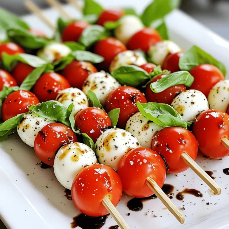- Cherry tomatoes: These small, sweet tomatoes add a burst of flavor. - Fresh mozzarella balls: Creamy and soft, they balance the acidity of the tomatoes. - Fresh basil leaves: These leaves provide a fragrant and herbal note. - Balsamic glaze: This adds a sweet and tangy finish to your skewers. - Extra-virgin olive oil: It brings richness and depth to the dish. - Salt and pepper: These basic seasonings enhance all the flavors. - Skewers: Use 8-10 inch bamboo or metal skewers for easy handling. - Alternatives for mozzarella: You can use feta or goat cheese if you want a tangy twist. - Types of tomatoes to use: Grape tomatoes or even small heirloom varieties work well. - Fresh vs. dried basil: Fresh basil tastes best, but dried works in a pinch if needed. - Skewers: Essential for threading the ingredients together. - Serving platter: This is where your beautiful skewers will shine. - Mixing bowl: Use this for tossing the oil and seasonings. - Rinse cherry tomatoes and basil leaves under cold water. - Drain mozzarella balls and set them aside. First, washing your ingredients helps remove any dirt or chemicals. I like to use fresh, ripe cherry tomatoes because they add a sweet burst of flavor. The basil leaves should be bright green and fragrant. This is important for achieving that classic Caprese taste. For mozzarella, choose high-quality bocconcini. Their creamy texture pairs well with the other ingredients. - Thread a cherry tomato half, a basil leaf, and a mozzarella ball onto each skewer. - Repeat this pattern until the skewer is full, leaving space at both ends. When threading ingredients, I like to alternate them for a colorful look. You can fit about three to four sets of tomato, basil, and mozzarella on each skewer. Make sure the skewers are not too crowded, as this allows for better flavor and easier eating. For best presentation, try to keep the basil leaves whole. This adds a fresh touch and looks great on a platter. - Drizzle extra-virgin olive oil over the assembled skewers. - Sprinkle with salt and pepper to taste. - Finish with a drizzle of balsamic glaze. The olive oil adds a rich flavor. It also helps the salt and pepper stick to the skewers. Balsamic glaze gives a sweet and tangy finish, making each bite even more delightful. This step is crucial, as it enhances the overall taste and presentation. Serve these skewers right away for a fresh and tasty appetizer. For the full recipe, check the detailed instructions above. To make your Caprese salad skewers shine, start with even seasoning. Lightly sprinkle salt and pepper on each skewer. This step boosts flavor without overpowering the fresh taste. Use a light hand with the balsamic glaze as well; a little goes a long way. Choosing the right size for skewers is key. I suggest using 8 to 10-inch skewers. This length allows for a good number of ingredients while being easy to handle. If you use extra-long skewers, they can be unwieldy and hard to serve. When it comes to arranging skewers, think of a rainbow. Layer cherry tomatoes, basil, and mozzarella to make them colorful. Place them on a nice serving platter for a great look. You can also fan them out for an inviting display. Garnishing ideas can elevate your presentation. Try adding a few whole basil leaves around the skewers. Fresh herbs add color and scent. You might also drizzle a bit more balsamic glaze over the plate for a striking effect. To enhance flavors, consider adding fresh herbs. Chopped basil or a bit of oregano can add depth. You might also try a sprinkle of crushed red pepper for a touch of heat. Adding fruits or other vegetables can make your skewers stand out. Consider using slices of fresh peach or cucumber. Their sweetness or crunch adds a delightful twist to the classic Caprese flavor. {{image_2}} You can mix up your Caprese salad skewers with a few simple swaps. - Caprese with prosciutto: Add thin slices of prosciutto for a savory twist. This adds saltiness that pairs well with the fresh flavors. - Vegetarian alternatives: Try using marinated artichoke hearts or olives instead of mozzarella for a unique taste. These options keep it plant-based and delicious. Adding new flavors can make your skewers even more exciting. - Adding spice with jalapeños: For those who like heat, slice jalapeños and add them to the skewers. The spice balances the creaminess of the mozzarella. - Incorporating different dressings: You can switch out balsamic glaze for pesto or a lemon vinaigrette. These dressings add a fresh twist that brightens every bite. How you serve your skewers can change the vibe of your meal. - Skewers for picnics vs. formal gatherings: For a picnic, keep the skewers simple and portable. At formal events, arrange them on a nice platter with garnishes. - Skewers as part of a larger appetizer spread: Serve them alongside other finger foods like bruschetta or stuffed mushrooms. This creates a fun and varied appetizer table. For more ideas, check the Full Recipe for Caprese Salad Skewers. To keep your Caprese salad skewers fresh, store them in the fridge. Use an airtight container to prevent air and moisture from getting in. This helps to maintain the taste and texture. Avoid placing them close to strong-smelling foods, as mozzarella can absorb odors. These skewers can last about three days in the fridge. After that, they may start to lose flavor. Look for any signs of spoilage, like a sour smell or a slimy texture on the mozzarella. If you notice any of these signs, it's best to throw them out. Caprese salad skewers are best served cold. They do not reheat well and may lose their charm if warmed up. If you have leftovers, try mixing the ingredients into a salad or a wrap. This way, you can enjoy the fresh flavors in a new form. Caprese salad comes from Italy, specifically the island of Capri. This dish is simple and fresh. It features tomatoes, mozzarella, and basil. The colors reflect the Italian flag: red, white, and green. It is a classic summer dish. People enjoy it for its bright flavors and lightness. Over time, it has become a favorite worldwide. Yes, you can prep these skewers ahead of time. Assemble them a few hours before serving. Keep them in the fridge until you are ready to serve. Just remember to drizzle the balsamic glaze right before you serve. This keeps the flavors fresh and vibrant. Yes, Caprese Salad Skewers are gluten-free. They use fresh tomatoes, mozzarella, and basil. None of these ingredients contain gluten. Just be sure your balsamic glaze is gluten-free. Most brands are safe, but always check the label to be sure. You can pair these skewers with many drinks and dishes. For drinks, try sparkling water or a light white wine. Both will enhance the fresh flavors. For food, serve them with crusty bread or a light pasta salad. They also go well with grilled meats or seafood. These combinations make for a delightful meal or appetizer spread. You can easily make delicious Caprese Salad Skewers. We explored the fresh ingredients, gave key tips, and outlined fun variations. Remember, you can switch ingredients to fit your taste. Always store them properly to keep them fresh. These skewers suit any gathering. Enjoy experimenting with flavors and serving styles. Whether simple or fancy, these bites are sure to impress. Now, take what you learned and create your own perfect skewers. Happy cooking!