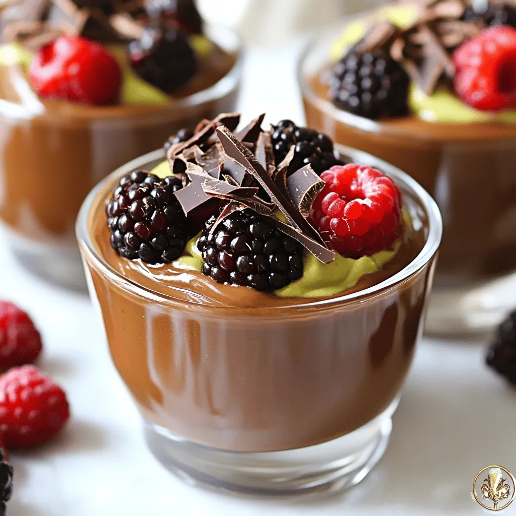 To make a delicious Chocolate Avocado Mousse, you need just a few key ingredients. Here’s what you’ll need: - 2 ripe avocados, peeled and pitted - 1/2 cup unsweetened cocoa powder - 1/4 cup maple syrup (or honey) - 1/4 cup almond milk (or milk of choice) - 1 teaspoon vanilla extract - 1/4 teaspoon sea salt These ingredients work together to create a rich and creamy dessert. The avocados give the mousse its smooth texture while adding healthy fats. You can adjust the sweetness based on your taste. If you prefer, use honey or agave syrup instead of maple syrup. Each sweetener adds a unique flavor. For dairy options, you can replace almond milk with any milk you like, such as oat or coconut milk. This allows you to tailor the mousse to your dietary needs. Garnishing your mousse elevates its look and taste. Here are some tasty ideas: - Shaved dark chocolate - Fresh berries like raspberries or strawberries - Chopped nuts such as almonds or walnuts These toppings add crunch, color, and extra flavor. Feel free to mix and match them for a stunning presentation. You can find the Full Recipe for more details. Start with two ripe avocados. Their skin should be dark and slightly soft. Cut the avocados in half and remove the pit carefully. Scoop the green flesh into a blender. Avoid any brown spots, as they can affect the taste. The avocado is the base of our mousse. It adds creaminess and healthy fats. Next, add the cocoa powder, maple syrup, almond milk, vanilla extract, and sea salt to the blender. Blend on high until the mixture is smooth and creamy. Stop to scrape the sides if needed. Taste the mousse. If you want it sweeter, add more maple syrup. Blend again until it is perfect. This is where the magic happens. The chocolate and avocado blend into a silky treat. Transfer the mousse into dessert cups or bowls. Chill in the fridge for at least 30 minutes. This helps the flavors meld together. Before serving, consider topping it with shaved dark chocolate, fresh berries, or chopped nuts. These add great texture and look beautiful. Enjoy this treat knowing it’s both tasty and healthy! You can find the Full Recipe for more details. To get that dreamy, silky texture, start with ripe avocados. They should feel soft but not mushy. When blending, ensure you stop to scrape down the sides. This helps mix everything well. Blend until it looks smooth and creamy. If it feels too thick, add a splash of almond milk. This little trick makes it velvety. Taste your mousse as you mix. If you want it sweeter, add more maple syrup. Start with a bit, blend, and taste again. You can also swap maple syrup for honey if you prefer. This dessert is all about your taste. Want a hint of spice? Try adding a pinch of cinnamon or a splash of almond extract. One mistake is using unripe avocados. They won’t blend well, and your mousse may turn grainy. Also, don’t skip the chilling step. Chilling helps the flavors come together. If you forget to chill, your mousse might taste flat. Trust me; it’s worth the wait! For the best results, follow the Full Recipe carefully. {{image_2}} You can make a vegan version of chocolate avocado mousse easily. This recipe is already vegan-friendly. Just use maple syrup for sweetness. Replace any dairy with plant-based milk. Almond milk works well, but you can use others too. The flavor remains rich and creamy. You won't miss the dairy at all. For a dairy-free twist, focus on your milk choice. Almond, coconut, or oat milk are great options. You can also use dairy-free chocolate if you prefer. This mousse still tastes divine without any dairy. You get all the creaminess without the extra fat. It’s a great way to enjoy dessert guilt-free. Adding flavors can make this mousse even more fun. You can mix in a few drops of mint extract for a refreshing twist. If you love coffee, add a shot of espresso. For a deeper chocolate taste, try adding more cocoa powder. You can also add a pinch of cinnamon for warmth. Get creative with toppings like fresh berries or nuts. Each variation brings a new taste adventure. Explore these options to find your favorite! To keep leftover mousse fresh, place it in an airtight container. This helps preserve its creamy texture and rich taste. Make sure to cover the top with plastic wrap before sealing. The mousse can last in the fridge for about three days. You can freeze Chocolate Avocado Mousse for later enjoyment. First, scoop the mousse into a freezer-safe container. Leave some space at the top, as the mousse may expand when frozen. It can stay good for up to two months. When you’re ready to eat it, thaw in the fridge overnight. Use glass or plastic containers that seal tightly. Glass containers are great for preventing odors. Plastic containers are lightweight and easy to stack. If you plan to freeze the mousse, choose containers that are labeled as freezer-safe. This ensures your mousse stays fresh and tasty. For the full recipe, click here! Yes, you can use other sweeteners. Honey works great if you prefer it. You can also try agave syrup for a vegan option. Just remember to adjust the amount based on how sweet you want your mousse. Taste as you go to find the perfect balance. Chocolate Avocado Mousse stays fresh for about 3 days in the fridge. Store it in an airtight container to keep it from drying out. If you see any changes in color or texture, it's best to toss it. Always check before enjoying your dessert! Yes, this recipe is quite flexible. It is dairy-free and can be made vegan if you choose maple syrup. People with nut allergies can swap almond milk for oat milk or coconut milk. Just make sure to check the labels for any hidden ingredients that might not fit your needs. The Full Recipe is a great guide for making adjustments! You learned about making a tasty chocolate avocado mousse. We covered key ingredients, including sweeteners and garnishes. The step-by-step guide made the process easy. I shared tips for great texture and common mistakes to avoid. You can try different vegan and dairy-free variations too. In the end, this dessert is delicious and customizable. Enjoy your mousse, whether you share it or keep it for yourself!