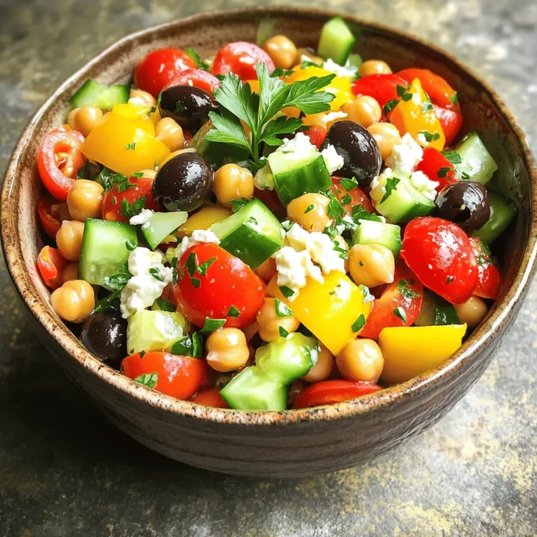 To make a delicious Mediterranean Chickpea Salad, you need these fresh ingredients: - 1 can (15 oz) chickpeas, drained and rinsed - 1 cup cherry tomatoes, halved - 1 cucumber, diced - 1 bell pepper (red or yellow), diced - 1/2 red onion, finely chopped - 1/4 cup Kalamata olives, pitted and halved - 2 tablespoons fresh parsley, chopped You can make this salad even better with some optional add-ins: - 1/2 cup feta cheese, crumbled (for a creamy touch) - Avocado, diced (for a creamy texture) - Cooked quinoa (for extra protein) - 1/4 cup roasted red peppers, sliced If you want to swap some ingredients, here are a few common substitutions: - Use canned white beans instead of chickpeas for a different flavor. - Swap cherry tomatoes for regular tomatoes, diced. - Use green bell pepper if you prefer less sweetness. - Replace feta cheese with a vegan cheese option for a dairy-free salad. For the full recipe, check out the Mediterranean Chickpea Salad π₯ section! Start with one can of chickpeas. Drain and rinse them well. This removes extra salt and makes them taste better. In a big bowl, mix the chickpeas with one cup of halved cherry tomatoes. Next, add one diced cucumber and one diced bell pepper. I like using red or yellow for a pop of color. Then, finely chop half of a red onion and toss it in. If you like cheese, crumble half a cup of feta on top. Finally, add a quarter cup of pitted and halved Kalamata olives. In a small bowl, pour three tablespoons of olive oil. Add two tablespoons of fresh lemon juice. Sprinkle in one teaspoon of dried oregano. Season with salt and pepper to taste. Now, whisk everything together until it blends well. This dressing brings out the best flavors in your salad. Pour the dressing over your salad base. Toss gently to coat all the veggies and chickpeas evenly. Then, chop two tablespoons of fresh parsley and add it in. Toss lightly again to mix. Itβs best to let the salad sit for about 15 to 20 minutes. This helps the flavors come together beautifully. You can find the full recipe for more details. To boost the taste of your Mediterranean chickpea salad, use fresh ingredients. Fresh herbs like parsley and mint add bright notes. You can also add a pinch of chili flakes for heat. Try using high-quality olive oil for a richer flavor. Letting the salad sit for 15-20 minutes helps the flavors blend. This waiting time is key to a tasty dish. Serve this salad as a side dish or a main meal. It pairs well with grilled meats or seafood. You can also serve it with warm pita bread. If you want a more filling meal, add protein like chicken or tuna. This salad also works great as a light lunch. Feel free to dress it up with extra olives or nuts. You can make this salad a day in advance. Just keep it in the fridge. The flavors will deepen overnight. To keep it fresh, add cucumbers and tomatoes right before serving. This keeps them crisp. If you want a quick meal, marinate the salad for a few hours. This will enhance the taste and make it even better. For the full recipe, check out the detailed instructions above. {{image_2}} You can easily make this salad vegan. Just skip the feta cheese. The other ingredients add great flavor. You have chickpeas, fresh veggies, and olives. They all work together to create a tasty dish. You can even add avocado for creaminess. This makes the salad even more filling. If you want extra protein, try adding tuna or chicken. Both options work well. For tuna, use canned, drained tuna. Just mix it in with the other ingredients. For chicken, use cooked, diced chicken breast. Both options help make the salad heartier. They keep you full and satisfied. Using seasonal ingredients makes your salad fresh and exciting. In summer, add fresh corn or zucchini. In fall, consider roasted pumpkin or sweet potatoes. These ingredients change the flavor and texture. They also make your salad colorful and fun. Always look for local produce to enhance taste. You can find more ideas in the Full Recipe. To keep your Mediterranean chickpea salad fresh, store it in an airtight container. Glass or plastic containers work well. Make sure to keep it in the fridge. If you know you wonβt eat it all at once, store the dressing separately. This will help the salad stay crisp and tasty. This salad lasts about 3 to 5 days in the fridge. After that, the veggies may get soggy. If you notice any off smell or change in color, it's best to toss it. Always check for freshness before serving. While I don't recommend freezing the salad, you can freeze the chickpeas. Drain and rinse them first. Store them in a freezer bag. When you're ready, thaw them overnight in the fridge. Then, mix them back into a fresh salad. For the best taste, enjoy the salad fresh! For the full recipe, check out the Mediterranean Chickpea Salad section. Mediterranean Chickpea Salad is a tasty mix of fresh veggies and chickpeas. It often includes cherry tomatoes, cucumbers, bell peppers, red onion, and olives. You can enhance it with feta cheese for a creamier taste. This salad is colorful and full of flavor, making it a great side dish or a light meal. I love how it combines simple ingredients to create something so vibrant. Yes, you can easily make this salad vegan. Just skip the feta cheese. The chickpeas, veggies, and olives still give it plenty of taste. You wonβt miss the cheese at all! Feel free to add more herbs or spices for extra flavor. To prepare chickpeas from dried, soak them overnight in water. This softens them for cooking. The next day, drain and rinse them. Then, boil them in fresh water for about 1 to 2 hours. Check for tenderness. Once soft, you can use them in your salad. This method gives a great texture and taste. Yes, Mediterranean Chickpea Salad is perfect for meal prep. It keeps well in the fridge for a few days. The flavors improve as it sits, so it tastes even better after a day or two. Just store it in an airtight container to keep it fresh. Make a big batch to enjoy throughout the week. You can find the full recipe to get started! This blog post shared how to make a fresh Mediterranean chickpea salad. You learned about key ingredients, and optional add-ins. You also discovered easy steps to prepare the salad, from making the dressing to combining it all. I hope you feel ready to enhance the flavors. Try different variations and store it properly. This salad is great for any meal or a snack. Itβs simple, healthy, and packed with taste! Enjoy your delicious creation!