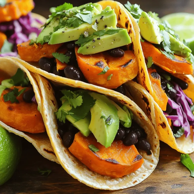 To make Sweet Potato Black Bean Tacos, gather these simple ingredients: - Sweet potatoes - Black beans - Olive oil - Spices (cumin, smoked paprika, garlic powder, chili powder) - Corn tortillas - Toppings (avocado, red cabbage, cilantro, lime) You will need two medium sweet potatoes. Peel and dice them into small cubes. A can of black beans works great. Make sure to drain and rinse them well. Use one tablespoon of olive oil to coat the sweet potatoes, making them crispy when roasted. For spices, gather ground cumin, smoked paprika, garlic powder, and chili powder. These spices give the tacos a warm flavor. Feel free to adjust the spice levels to suit your taste. You can also add salt and pepper to enhance the flavor. For the tortillas, I recommend using eight small corn tortillas. They hold the filling well and add a nice texture. Now, for the toppings, slice one avocado and shred one cup of red cabbage. Add fresh cilantro for a burst of flavor. Finally, lime wedges add a refreshing touch when you squeeze them over the tacos. These ingredients come together to create a delicious meal. If you want the full recipe, check out the [Full Recipe]. Start by peeling and dicing the sweet potatoes. Aim for small, even pieces. This helps them cook faster. In a large bowl, mix the diced sweet potatoes with olive oil, ground cumin, smoked paprika, garlic powder, chili powder, salt, and pepper. Make sure each piece is well-coated. Next, preheat your oven to 425°F (220°C). Spread the seasoned sweet potatoes on a baking sheet. Lay them out in a single layer. Roast the sweet potatoes for about 25-30 minutes. Stir them halfway through to ensure even cooking. They should become tender and caramelized when finished. While the sweet potatoes roast, grab a small saucepan. Rinse the black beans under cold water to remove excess sodium. Place the beans in the saucepan over medium heat. Stir occasionally and heat for about 5 minutes. Season with salt and pepper to taste. This step adds flavor and warmth to the beans. To warm the corn tortillas, use a dry skillet over medium heat. Place a tortilla in the skillet for about 30 seconds on each side. This makes them pliable and slightly toasted. You can stack them on a plate with a clean towel to keep them warm. For the full recipe, check out the Sweet Potato & Black Bean Tacos section. Enjoy the process and create a fun meal! To make your tacos even tastier, consider adding spices. Try a pinch of cayenne for heat. You can also mix in some ground coriander for a fresh taste. If you like a sweet touch, drizzle honey or agave syrup over your tacos. Adding salsa or hot sauce can also bring in extra flavor. These small changes can make a big difference. Layering your ingredients is key for great taste. Start with a tortilla base. Add roasted sweet potatoes first, then the black beans. This order helps keep the beans from sliding off. Next, place the avocado slices and red cabbage on top. Finally, sprinkle fresh cilantro. This way, every bite will be packed with flavor. Pair your tacos with simple sides. A fresh salad can add crunch. You might enjoy some rice or quinoa for a filling meal. For drinks, try a refreshing lemonade or a light beer. These options will balance the rich flavors of the tacos well. You can find the full recipe [here]. {{image_2}} You can switch black beans for other beans. Pinto beans or chickpeas work well. You can also add veggies for more flavor. Try bell peppers, zucchini, or corn for extra crunch. These tacos can easily be vegan. Just stick to the ingredients listed. They are also gluten-free if you use corn tortillas. Always check the label to be sure. Want some heat? Add diced jalapeños or a splash of hot sauce. For a sweeter taste, you can mix in some diced apples or mango. Each option gives a unique twist to your tacos. For the full recipe, check out the detailed steps and enjoy! After you enjoy your Sweet Potato Black Bean Tacos, cool them to room temperature. Place leftovers in an airtight container. This helps keep them fresh. You can store them in the fridge for up to three days. For longer storage, freeze the filling separately from the tortillas. Wrap the filling tightly in plastic wrap or foil. Use a freezer-safe bag for the tortillas. They should last up to three months when frozen. To reheat, you have a few good methods. For the filling, use a microwave. Heat it in short intervals, stirring often. This keeps the texture nice. If you want a crispy tortilla, warm it in a skillet. Heat for about 30 seconds on each side. You can also use an oven to reheat everything. Preheat to 350°F (175°C) and warm for about 10 minutes. The shelf life of these tacos varies. The sweet potato filling lasts three days in the fridge. Black beans can last up to a week if stored properly. Tortillas should be used within a week for best taste. If frozen, the filling and tortillas can last up to three months. Just remember, the sooner you enjoy them, the better they taste! Yes, you can make these tacos ahead. Roast the sweet potatoes and heat the black beans. Store them in airtight containers. You can keep them in the fridge for about three days. When ready to eat, just warm them up. This saves time on busy days. If you don’t have corn tortillas, try flour tortillas. Lettuce leaves are also a great choice for a low-carb option. You can even use whole grain tortillas for extra fiber. Each option brings a different taste and texture. Absolutely! These tacos are perfect for meal prep. You can prepare all the ingredients in advance. Pack them in separate containers. This makes it easy to grab and assemble when hunger strikes. You can enjoy them for lunch or dinner all week long. To store leftovers, keep the fillings and tortillas separate. Use airtight containers for the sweet potatoes and black beans. Store tortillas in a zip-top bag. They can last in the fridge for up to three days. Reheat the sweet potatoes in the oven at 350°F for about 10 minutes. You can also use a microwave for 1-2 minutes. For black beans, heat them in a saucepan over medium heat until warm. Stir occasionally. Yes, you can freeze both the sweet potatoes and black beans. Place them in freezer-safe bags. They can last up to three months in the freezer. Just remember to thaw them in the fridge overnight before reheating. Some great toppings include avocado slices, fresh cilantro, and lime wedges. You can also add salsa or hot sauce for extra flavor. For crunch, try adding sliced radishes or jalapeños. Each topping enhances the taco experience. Yes, this recipe is very kid-friendly. Sweet potatoes are naturally sweet, which kids love. You can also let them help with assembling the tacos. It makes for a fun family cooking activity. You can find the full recipe for Sweet Potato Black Bean Tacos in the recipe section above. Enjoy making this easy and tasty meal! Sweet potato black bean tacos bring great taste and nutrition to your table. You’ve learned about the key ingredients and how to prep them for amazing flavors. The tips and tricks help you elevate each bite, while variations keep it fresh. Remember to store any leftovers properly to enjoy later. With so many options, you can make these tacos fit any meal plan. Enjoy your culinary adventure and make these tacos a staple in your home!