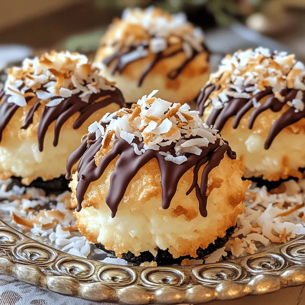 To make the best coconut macaroons, you need just a few key ingredients. Each one plays a big role in creating that perfect chewy texture and rich flavor. - 3 cups shredded unsweetened coconut - 1 cup sweetened condensed milk - 1 teaspoon vanilla extract - 1/4 teaspoon sea salt - 2 large egg whites - 1/4 teaspoon almond extract (optional) - 1/2 cup dark chocolate chips (for drizzling) Shredded unsweetened coconut is the star here. It gives the macaroons a great chew. Sweetened condensed milk adds sweetness and moisture. A hint of vanilla extract boosts the flavor, while sea salt balances the sweetness. Egg whites are crucial. They make your macaroons light and airy. If you like, add almond extract for extra flavor. Dark chocolate chips can be drizzled on top. This adds a nice touch and makes them even more special. For the full recipe, you can check the section above. - Preheat your oven to 325°F (160°C). This sets the stage for great macaroons. - In a large bowl, mix 3 cups of shredded coconut, 1 cup of sweetened condensed milk, 1 teaspoon of vanilla extract, and 1/4 teaspoon of sea salt. If you like, add 1/4 teaspoon of almond extract for extra flavor. Stir until well combined. - In another bowl, whip 2 large egg whites until they are frothy and form soft peaks. This will help your macaroons rise and stay light. - Gently fold the whipped egg whites into the coconut mix. Be careful! You want to keep the air in the egg whites. - Use a small cookie scoop or your hands to form mounds of the mixture. Place them on a lined baking sheet, spaced about an inch apart. This gives them room to grow. - Bake the macaroons in your preheated oven for 20-25 minutes. Check for a golden brown color on top. This is when they are done. - After baking, remove the macaroons from the oven. Let them cool completely on the baking sheet. Cooling helps them firm up and hold their shape. - To add a sweet touch, melt 1/2 cup of dark chocolate chips. Do this in a microwave-safe bowl in 30-second intervals, stirring in between. Keep going until the chocolate is smooth. - Once the macaroons are cool, drizzle the melted chocolate over them. You can use a fork or a piping bag for a nice look. - Let the chocolate set at room temperature or pop them in the fridge for a quicker firm-up. Follow these steps, and you'll enjoy delicious coconut macaroons in no time! Check the Full Recipe for more details. To make your macaroons light and fluffy, mix the egg whites gently. When they start to form soft peaks, stop whisking. This keeps air in the whites. For baking, every oven is different. Check your macaroons after 20 minutes. If they’re not golden yet, keep baking for a few more minutes. When serving macaroons, arrange them on a pretty platter. You can add a sprinkle of coconut flakes around them for a nice touch. This makes your dessert look even more inviting. For an extra flair, drizzle melted chocolate on top. It adds flavor and looks stunning. A common mistake is overmixing the egg whites. This can make your macaroons flat and chewy. Another error is not spacing the mounds properly on the baking sheet. They need room to spread. Aim for about an inch apart to keep them from sticking together. {{image_2}} You can change up your coconut macaroons in fun ways. Here are two ideas: - Chocolate-dipped coconut macaroons: After cooling, dip the bottom of each macaroon in melted chocolate. This adds a rich flavor. Let the chocolate set before serving. - Almond-flavored macaroons: Swap vanilla extract for almond extract. This gives a nice twist to the classic taste. Use both extracts for a unique blend. If you have dietary needs, you can still enjoy macaroons: - Gluten-free options: Coconut is naturally gluten-free. Just make sure your other ingredients, like sweetened condensed milk, are also gluten-free. Most brands are safe, but always check the label. - Vegan alternatives: You can make vegan macaroons by using aquafaba instead of egg whites. Aquafaba is the liquid from canned chickpeas. Whip it until frothy, then fold it into the coconut mixture just like egg whites. To make your macaroons shine, serve them with the right pairings: - Best beverages: A nice cup of coffee or tea works well. You could also try a glass of cold milk for a classic touch. - Other treats: Pair them with fresh fruit like strawberries or raspberries. The tartness balances the sweet coconut. You could also serve them with a scoop of ice cream for a delightful dessert. For the full recipe, check out the Coconut Bliss Macaroons section. To keep your macaroons fresh, store them in an airtight container. This helps to lock in moisture and flavor. You can keep them at room temperature for up to three days. If you want to store them longer, place them in the fridge for up to a week. For even longer storage, freeze them. In the freezer, they can last up to three months. When it’s time to enjoy your macaroons again, reheating is simple. Preheat your oven to 300°F (150°C). Place the macaroons on a baking sheet lined with parchment paper. Heat them for about 5-10 minutes, just until warm. This step keeps them soft and chewy. Avoid the microwave, as it can make them dry. Enjoy your Coconut Bliss Macaroons with a warm, tasty bite! To make coconut macaroons from scratch, follow these basic steps: 1. Preheat your oven to 325°F (160°C). 2. Line a baking sheet with parchment paper. 3. In a bowl, mix 3 cups of shredded unsweetened coconut, 1 cup of sweetened condensed milk, 1 teaspoon of vanilla extract, and 1/4 teaspoon of sea salt. 4. Whip 2 large egg whites until they are frothy and form soft peaks. 5. Gently fold the egg whites into the coconut mixture. 6. Scoop small mounds onto the baking sheet, spaced about an inch apart. 7. Bake for 20-25 minutes until golden brown. 8. Let them cool and drizzle with melted dark chocolate if desired. This recipe is simple and yields about 18 macaroons. Yes, you can make coconut macaroons in advance. Here are some tips for preparation and storage: - Prepare the macaroons and bake them as usual. - Allow them to cool completely. - Store them in an airtight container at room temperature for up to a week. - For longer storage, freeze them in a single layer. - Thaw in the fridge before serving. This way, you can enjoy them fresh anytime. Yes, coconut macaroons are typically nut-free. They mainly consist of shredded coconut, sweetened condensed milk, and egg whites. However, if you use almond extract, be aware that it contains nuts. Always check labels if you have nut allergies. This makes macaroons a great treat for many people. Macaroons and macarons are different types of cookies. Macaroons are made with shredded coconut and have a chewy texture. They are often sweet and dense. Macarons, on the other hand, are light, airy, and made from almond flour and egg whites. They come in many flavors and have a filling. Both are delicious but cater to different tastes. You learned how to make coconut macaroons from scratch using simple ingredients. I guided you through easy steps, baking tips, and serving ideas. You can create tasty variations and store them for later. Now, you have the tools to impress with your baking skills. Don't hesitate to experiment with flavors or pairings. Enjoy making these treats for yourself or to share with loved ones. Happy baking, and may your macaroons come out perfect every time!