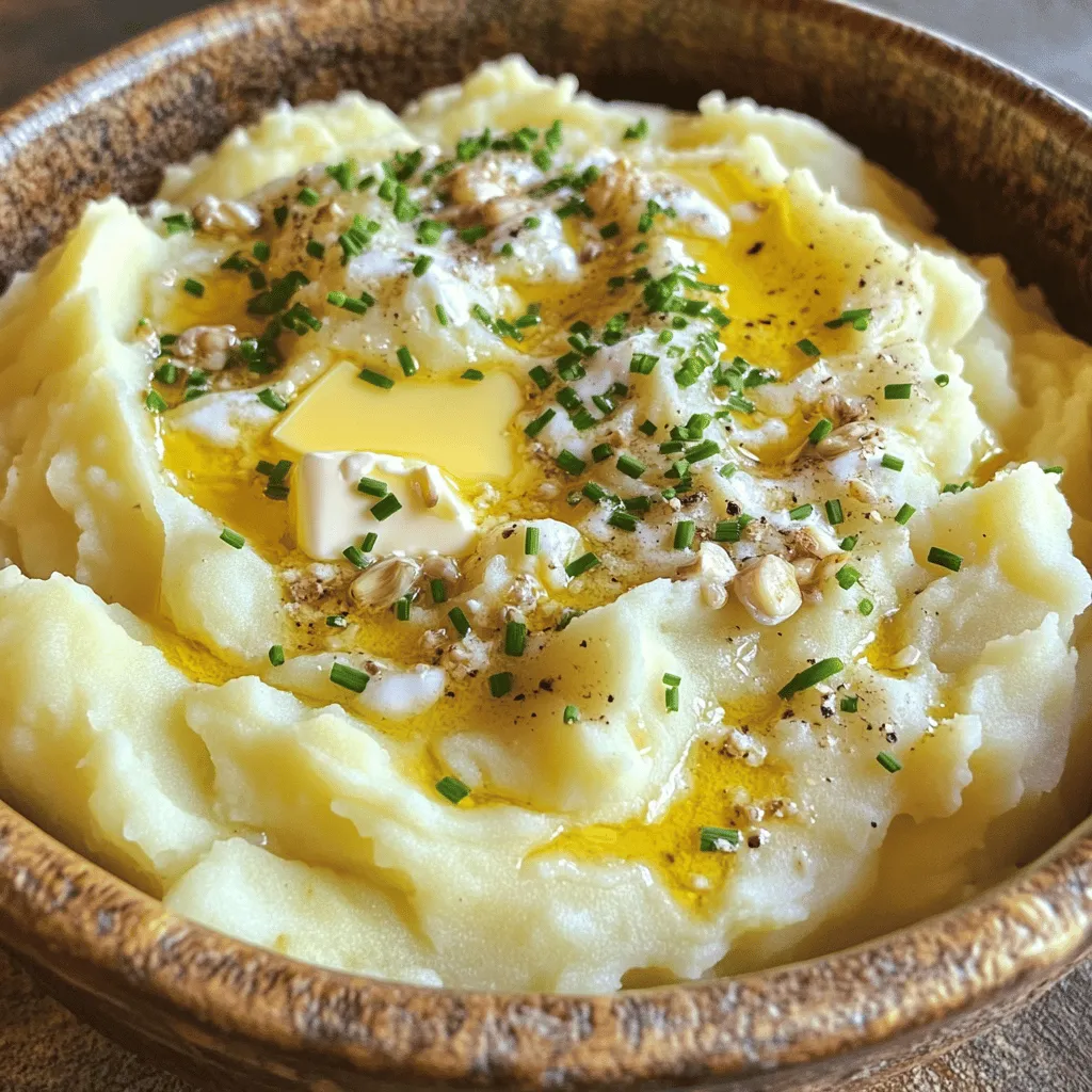 To make creamy garlic mashed potatoes, gather these items: - 2 pounds Yukon Gold potatoes, peeled and cubed - 4 cloves garlic, minced - 1 cup heavy cream - ½ cup unsalted butter, cubed and softened - Salt, to taste - Freshly ground black pepper, to taste - ¼ cup cream cheese, softened - Fresh chives or parsley, chopped for garnish Choose Yukon Gold potatoes for a rich, creamy texture. They have a natural buttery flavor. Look for firm potatoes without any soft spots or blemishes. Smaller potatoes cook faster and are easier to peel. Avoid starchy potatoes like Russets for this dish. They can make the mash grainy instead of smooth. If you can’t find Yukon Gold, try red potatoes. They work well too but have a slightly different taste. For a lighter option, replace heavy cream with half-and-half or whole milk. If you're dairy-free, use almond milk mixed with a bit of vegan butter. Cream cheese can be swapped for sour cream for a tangy twist. 1. Start by peeling and cubing 2 pounds of Yukon Gold potatoes. 2. Place the potatoes in a large pot and cover them with cold salted water. 3. Bring the pot to a boil over high heat. 4. Once boiling, reduce the heat to medium. Let the potatoes simmer for 15-20 minutes. 5. Use a fork to check if they are tender. They should break apart easily. 6. In a small saucepan, combine 1 cup of heavy cream, 4 minced garlic cloves, and ½ cup of cubed, softened butter. 7. Heat the mixture over low heat. Stir until the butter melts. Do not let it boil. 8. Drain the cooked potatoes and return them to the pot. 9. Use a potato masher or electric mixer to mash the potatoes. 10. Gradually mix in the warm garlic cream and ¼ cup of softened cream cheese. 11. Keep mixing until the potatoes are smooth and creamy. 12. Add salt and freshly ground black pepper to taste. 13. Serve hot, garnished with chopped chives or parsley. - Prep Time: 15 minutes - Cooking Time: 25 minutes - Total Time: 40 minutes - Servings: 6 - Potato Masher: A classic tool for a rustic texture. - Electric Mixer: Great for a super creamy finish. - Large Pot: Needed for boiling the potatoes. - Small Saucepan: For warming the cream and butter. - Measuring Cups and Spoons: Ensure accurate ingredient amounts. For the complete cooking experience, check the Full Recipe. Enjoy your creamy garlic mashed potatoes! To get the best texture, choose Yukon Gold potatoes. They have a buttery taste and smooth texture. Cut them into even cubes to ensure they cook evenly. Cook them until fork-tender. This means they should break apart easily when you poke them. When mashing, use a potato masher or an electric mixer. Mix the warm garlic cream slowly into the potatoes. This helps create a fluffy, creamy blend. Lastly, adding cream cheese adds richness and extra creaminess. Salt is key in mashed potatoes. It brings out the flavor of the potatoes. Add salt to the water when boiling the potatoes. This will season them from the inside out. Freshly ground black pepper adds a nice touch. You can also use garlic powder for more garlic flavor. For a fresh finish, sprinkle chopped chives or parsley on top. This not only looks nice but adds a fresh taste. If your mashed potatoes seem lumpy, you might not have mashed them enough. Keep mashing until they are smooth. If they feel dry, add more warm cream or butter. This will help them become creamy again. For overly watery potatoes, try adding a bit more cream cheese. Let them sit for a few minutes to thicken up. These tips will help you fix any issues and make your creamy garlic mashed potatoes shine. For the full recipe, check out the Ultimate Creamy Garlic Mashed Potatoes. {{image_2}} You can make creamy garlic mashed potatoes even better with fun flavors! Here are some ideas: - Cheese: Mix in sharp cheddar or Parmesan for a rich touch. - Herbs: Add fresh thyme or rosemary for a fragrant twist. - Roasted Garlic: Swap fresh garlic for roasted garlic for a sweeter taste. - Truffle Oil: A few drops of truffle oil can elevate the dish to gourmet. These little changes can turn a classic into something special. You can easily adapt this recipe for different diets. For vegan options, replace the heavy cream with coconut milk or almond milk. Use vegan butter instead of regular butter. For gluten-free mashed potatoes, ensure any creamy add-ins are gluten-free. This way, everyone can enjoy creamy garlic mashed potatoes! Explore global flavors by putting a spin on your mashed potatoes. Here are some fun ideas: - Italian Style: Add sun-dried tomatoes and basil for a Mediterranean flair. - Indian Twist: Mix in curry powder and cilantro for a warm spice. - Mexican Flavor: Stir in lime juice and chopped jalapeños for a zesty kick. You can take this dish around the world with simple swaps! For the full recipe and instructions, check out the Ultimate Creamy Garlic Mashed Potatoes. After enjoying your creamy garlic mashed potatoes, store any leftovers in a sealed container. Make sure to let them cool down first. This helps keep the texture nice. Place the container in the fridge. These potatoes stay fresh for up to three days. Always label your container with the date. This way, you won’t forget when you made them. You can freeze creamy garlic mashed potatoes for later use. To do this, place them in a freezer-safe container. Spread them out evenly to avoid clumps. You can freeze them for up to two months. When you’re ready to eat, let them thaw in the fridge overnight. Reheat in a pot over low heat, stirring often. Add a splash of cream or milk to restore creaminess. In the fridge, your creamy garlic mashed potatoes last about three days. If frozen, they are good for about two months. Always check for any off smells or changes in texture. If you notice anything odd, it’s best to toss them. Keeping track of their shelf life helps you enjoy them at their best. Yes, you can make creamy garlic mashed potatoes ahead of time. Prepare them, then cool them down. Store them in an airtight container in the fridge. When ready to serve, reheat them gently over low heat. Add a splash of cream or milk to restore their creamy texture. The best potatoes for mashing are Yukon Gold potatoes. They have a creamy texture and rich flavor. Russet potatoes are also good. They give fluffy mashed potatoes. Avoid waxy potatoes like red or new potatoes. They do not mash well and can be gummy. To make these potatoes lighter, use less cream and butter. You can substitute some of the heavy cream with chicken or vegetable broth. You can also use low-fat milk or almond milk for a lighter option. Another way is to add steamed cauliflower. It adds creaminess without the extra calories. In this blog post, we covered how to make creamy garlic mashed potatoes. We discussed the best ingredients, tips for choosing potatoes, and helpful substitutes. I shared step-by-step instructions for perfect preparation, cooking times, and the best tools. You learned tricks for a creamy texture and ideas for flavor. We explored variations and how to store leftovers properly. In conclusion, mastering this recipe opens up delicious doors. Try your own twists and enjoy!