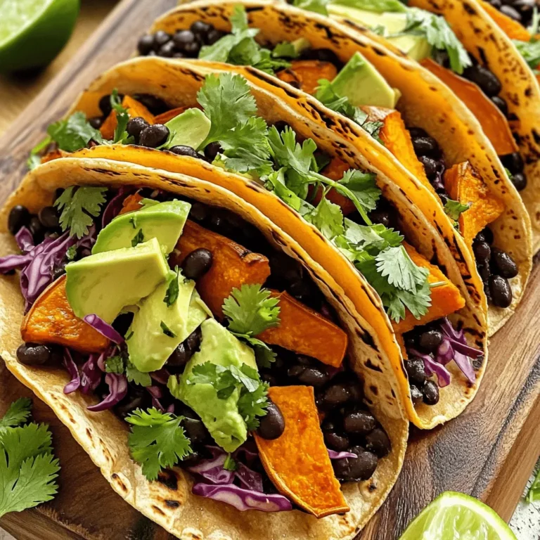 To make sweet potato black bean tacos, gather these main ingredients: - 2 medium sweet potatoes, peeled and diced - 1 can (15 oz) black beans, rinsed and drained - 1 tablespoon olive oil - 1 teaspoon ground cumin - 1 teaspoon smoked paprika - ½ teaspoon garlic powder - Salt and pepper to taste - 8 small corn tortillas These ingredients create a tasty base. Sweet potatoes give the tacos a sweet, creamy texture. Black beans add protein and fiber, making them filling. Olive oil and spices bring depth to the flavors. You can enhance your tacos with these optional toppings: - 1 avocado, sliced - 1 cup red cabbage, thinly sliced - Fresh cilantro, for garnish - 1 lime, cut into wedges These toppings add freshness and color. Avocado provides healthy fat, while red cabbage adds crunch. A squeeze of lime brightens the dish and balances the flavors. For this recipe, you will need: - Baking sheet - Mixing bowl - Small saucepan - Skillet These tools help you prepare the tacos with ease. The mixing bowl is for tossing the sweet potatoes in oil and spices. The baking sheet holds the sweet potatoes while they roast. A small saucepan warms the black beans, and the skillet heats the tortillas. For the full details on how to prepare these delicious tacos, check out the Full Recipe. 1. Start by preheating your oven to 400°F (200°C). This helps the sweet potatoes cook evenly. 2. In a mixing bowl, toss the diced sweet potatoes with olive oil, cumin, smoked paprika, garlic powder, salt, and pepper. Make sure they are well coated for great flavor. 1. Spread the seasoned sweet potatoes in a single layer on a baking sheet. This ensures they roast nicely. 2. Roast in the preheated oven for about 25-30 minutes. Stir halfway through to get that perfect caramelization. You want them tender and golden. 1. In a small saucepan, gently heat the black beans over medium heat. This takes about 5 minutes. Make sure they’re warmed through. 2. For more flavor, season the beans with a pinch of salt and cumin. This really enhances their taste. 1. While the sweet potatoes and beans cook, warm the corn tortillas. You can do this on a skillet or over a gas flame for a few seconds. This makes them pliable and tasty. 2. To assemble, place a few roasted sweet potato cubes in the center of each tortilla. Then add a spoonful of warm black beans. 3. Top each taco with sliced avocado, a handful of red cabbage, and a sprinkle of fresh cilantro. 4. Serve with lime wedges on the side for squeezing over the tacos. This adds a zesty kick! For the full recipe, check out the Sweet Potato Black Bean Tacos section. Enjoy making these delicious tacos! To ensure even roasting, cut sweet potatoes into similar-sized pieces. This helps them cook at the same rate. Spread them out on the baking sheet. Avoid crowding to allow steam to escape. For the best tortilla heating methods, use a skillet on medium heat. Warm each tortilla for about 30 seconds on both sides. You can also heat them directly over a gas flame for a charred flavor. To enhance flavor, consider adding a pinch of cayenne or chili powder to the sweet potatoes. Smoked paprika adds a nice depth, but feel free to experiment. If you want to improve texture, try adding toasted pumpkin seeds or crunchy radishes as toppings. They add a tasty crunch to your tacos. These tacos are vegan and gluten-free. The sweet potatoes and black beans provide great nutrition. Sweet potatoes are rich in vitamins A and C. Black beans offer fiber and protein, making this meal filling. You can enjoy these tacos while staying healthy and satisfied. {{image_2}} You can easily swap the black beans for pinto or kidney beans. Each type adds a unique taste. If you want something different, try using chickpeas. They work well and add protein. For the sweet potatoes, consider using butternut squash or acorn squash. These options bring a lovely sweetness and a different texture to your tacos. Grilling sweet potatoes adds a smoky flavor. Cut them into thick slices and grill until tender. Roasting gives a crispy edge and deepens the flavor. You can also use a slow cooker for a hands-off approach. Just combine the ingredients and let them cook on low for a few hours. This method makes the flavors blend beautifully. These tacos pair well with a fresh salad or a side of rice. You can serve them with lime wedges for extra zing. A simple avocado salad complements the flavors nicely. For drinks, try a light beer or a refreshing iced tea. Both enhance the meal's taste and balance the spices. To keep your sweet potato black bean tacos fresh, store leftovers in the fridge. Place the tacos in an airtight container for up to three days. If you want to freeze them, wrap each taco tightly in plastic wrap. Then, put them in a freezer-safe bag. They can last for up to three months frozen. When you are ready to eat your tacos, you can reheat them easily. Use an oven or a skillet. To reheat in the oven, preheat it to 350°F (175°C). Place the tacos on a baking sheet and warm them for about 10-15 minutes. If using a skillet, heat it on medium. Add the tacos and warm them for about 5 minutes on each side. To keep the tortillas fresh, wrap them in a damp paper towel before reheating. This helps them stay soft and pliable. Enjoy your tacos just like they were fresh! For the full recipe, check out the complete guide. How to make sweet potato black bean tacos vegan? To make these tacos vegan, stick to the base recipe. Use corn tortillas, sweet potatoes, and black beans. For toppings, skip any dairy and stick with avocado, cabbage, and cilantro. Can I use other vegetables in this recipe? Yes, you can! Feel free to add bell peppers, zucchini, or corn. These veggies add color and flavor. Just chop them to a similar size as the sweet potatoes for even cooking. How do I make this recipe spicy? For a spicy kick, add jalapeños or chili powder. You can also serve with hot sauce or diced fresh chili. Adjust to your spice level for the best taste. What is the best way to cook sweet potatoes? The best way to cook sweet potatoes is to roast them. This brings out their natural sweetness and creates a crispy texture. Peel and dice them, toss with olive oil and spices, then roast at 400°F. Are black beans good for my health? Yes, black beans are very healthy! They are high in protein and fiber. They help with digestion and keep you full. Plus, they have many vitamins and minerals. How long do sweet potato black bean tacos last? These tacos last for about 3-4 days in the fridge. Store them in an airtight container to keep them fresh. Can I meal prep these tacos for the week? Absolutely! You can prepare the sweet potatoes and black beans in advance. Keep them separate from the tortillas and toppings. When ready to eat, just assemble the tacos fresh. Check out the Full Recipe for more details! In this post, I covered how to make tasty sweet potato black bean tacos. I shared key ingredients, like sweet potatoes and black beans, along with optional toppings. You learned the best cooking tools and step-by-step instructions for preparation, roasting, and assembling. Final thoughts: This recipe is fun and healthy. Mix and match ingredients to fit your taste. Enjoy exploring different flavors and making these tacos your own!