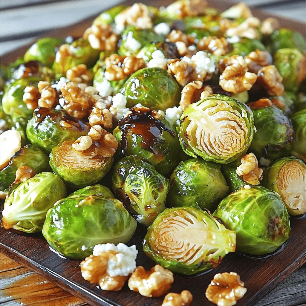 To make balsamic glazed Brussels sprouts, you need these simple ingredients: - 1 pound Brussels sprouts, trimmed and halved - 3 tablespoons balsamic vinegar - 2 tablespoons honey - 2 tablespoons olive oil - 1 teaspoon Dijon mustard - 2 cloves garlic, minced - Salt and pepper to taste - 1/4 cup toasted walnuts, chopped (for topping) - 1/4 cup crumbled feta cheese (optional, for garnish) Each ingredient plays a key role in creating the dish's rich flavor. The Brussels sprouts give a nice texture and taste. The balsamic vinegar adds a sweet and tangy kick. Honey balances out the acidity, while olive oil helps with roasting. Dijon mustard adds depth, and garlic brings a warm aroma. Salt and pepper enhance all the flavors. For a crunchy finish, you can add toasted walnuts on top. If you want a creamy touch, sprinkle some feta cheese. This mix of flavors makes the dish exciting and fresh. You can find the full recipe details below to guide you through the cooking process. - Preheat your oven to 400°F (200°C) and prepare a baking sheet. - In a large bowl, mix balsamic vinegar, honey, olive oil, Dijon mustard, minced garlic, salt, and pepper. Whisk until smooth. Getting the glaze right is key to flavor. The balance of sweet and tangy makes these Brussels sprouts shine. - Toss the halved Brussels sprouts in the balsamic mixture. Make sure they are well-coated for the best flavor. - Spread them out in a single layer on the baking sheet. Roast for 20-25 minutes, stirring halfway through. Watch for a golden-brown color and tender texture. Roasting brings out the natural sweetness of the Brussels sprouts. The glaze will caramelize, adding a delightful crunch. - Once roasted, top with chopped walnuts for a nice crunch. If you like, sprinkle crumbled feta cheese on top for creaminess. - Drizzle any remaining glaze from the baking sheet over the sprouts for an extra punch of flavor. These Balsamic Glazed Brussels Sprouts will impress anyone at your table. For the full recipe, check the earlier section. Enjoy your cooking! To roast Brussels sprouts perfectly, focus on size and spacing. Cut them in half so they cook evenly. Spread them out on the baking sheet. Crowding can lead to steaming instead of roasting. Aim for a single layer to get that nice crisp. Coating the Brussels sprouts evenly with glaze is key. This ensures every bite bursts with flavor. After tossing them in the glaze, look for a shiny coat. If you see spots without glaze, give them another toss. You can add more flavor by mixing in herbs or spices. Try thyme, rosemary, or even a touch of red pepper flakes. Each will bring a unique twist to your dish. For toppings, consider adding crispy bacon for a savory punch. If you're feeling adventurous, try a sprinkle of Parmesan cheese. This gives a nice salty contrast to the sweet glaze. For more ideas, check the Full Recipe to explore variations and tweaks. {{image_2}} You can change the taste of balsamic glazed Brussels sprouts by adding bacon or pancetta. Bacon gives a salty, rich flavor that pairs perfectly with the sweet balsamic glaze. Just cook the bacon until crispy, chop it up, and mix it in before roasting. You can also try using different vinegars. For a tangy twist, use apple cider vinegar or red wine vinegar instead of balsamic. Each vinegar offers a unique taste that can brighten the dish. Mix in seasonal vegetables to your Brussels sprouts. Carrots, sweet potatoes, or butternut squash work well and add color. You can roast them alongside the sprouts for a tasty fall dish. For holiday meals, consider adding cranberries or pecans. These ingredients add a festive touch and complement the glaze beautifully. These ideas help you enjoy this dish in many ways throughout the year. For the full details on how to make this dish, check out the Full Recipe. To store your leftover balsamic glazed Brussels sprouts, first let them cool. Place them in an airtight container. This method keeps them fresh and tasty. They will last in the fridge for 3 to 5 days. Always check for any signs of spoilage before eating. The best way to reheat Brussels sprouts is in the oven. Preheat it to 350°F (175°C). Spread the sprouts on a baking sheet and heat for about 10 minutes. This keeps them crispy. If you are short on time, you can use the microwave. Just heat them for 1 to 2 minutes. However, this method may make them a bit soft. For extra crunch, try placing them under the broiler for a minute. Enjoy your meal! You can find the full recipe earlier in this article. What can I substitute if I don’t have honey? If you don’t have honey, you can use maple syrup or agave nectar. Both options add sweetness and flavor. You may need to adjust the amount slightly based on your taste. Can I make this dish ahead of time? Yes, you can prepare the Brussels sprouts in advance. Toss them in the balsamic glaze and store them in the fridge. Just roast them when you’re ready to serve. They taste great fresh out of the oven! Caloric content and health benefits A serving of balsamic glazed Brussels sprouts has about 150 calories. They are full of vitamins C and K. They also have fiber, which is good for digestion. Eating Brussels sprouts can help boost your immune system and support heart health. Dietary modifications (vegan, gluten-free) This recipe is easily vegan. Just use maple syrup instead of honey. It is also gluten-free, so anyone can enjoy it without worry! What main dishes pair well with balsamic glazed Brussels sprouts? Balsamic glazed Brussels sprouts pair well with grilled chicken, pork tenderloin, or salmon. They add a tasty, healthy touch to any meal. Can they be served cold or as part of a salad? Yes, you can serve them cold! They make a great addition to salads. Mix them with greens, nuts, and cheese for a filling meal. For more ideas, check out the Full Recipe. To recap, I shared a simple and tasty recipe for balsamic glazed Brussels sprouts. You learned the key ingredients and step-by-step roasting instructions. We explored tips to enhance flavor and variations to suit your taste. You also got storage and reheating tips, plus answers to common questions. Making this dish is fun and rewarding. With a bit of creativity, you can enjoy it in many ways. Now, get cooking and savor the deliciousness!