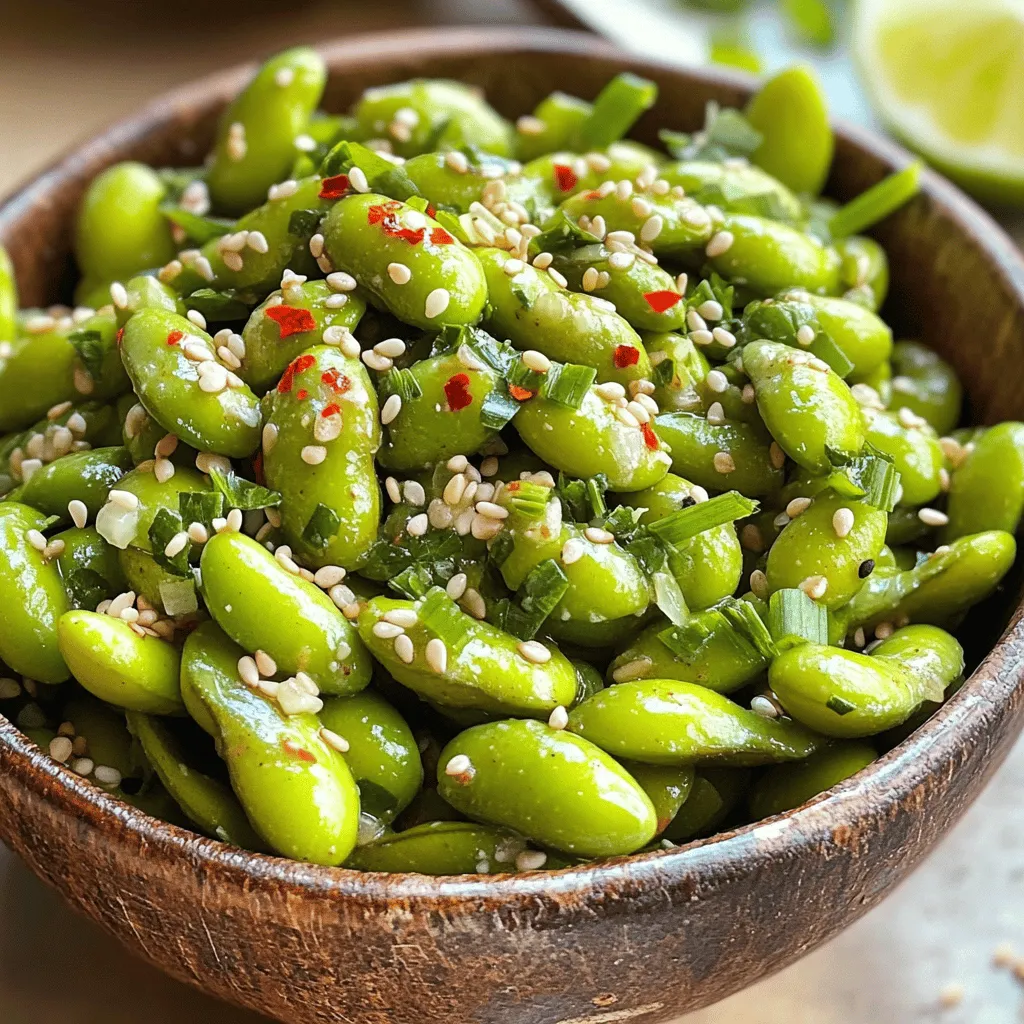 - 2 cups edamame in pods (fresh or frozen) - 3 tablespoons olive oil - 4 cloves garlic, minced - 1 teaspoon red pepper flakes (adjust to taste) - 1 tablespoon soy sauce - 1 tablespoon sesame oil - 1 teaspoon fresh lime juice - Salt, to taste - Sesame seeds and chopped green onions for garnish Gather these ingredients to make your spicy garlic edamame. Edamame is a tasty snack that is packed with protein. You can use fresh or frozen edamame, depending on what you have. Olive oil adds richness and helps cook the garlic. Use fresh garlic for the best flavor. It gives the dish a nice aroma and taste. Red pepper flakes bring the heat, and you can adjust how much you add. If you like it spicy, feel free to add more. Soy sauce adds depth, while sesame oil gives a nutty flavor. The lime juice at the end will brighten the dish. Don’t forget to add salt to taste. For toppings, sesame seeds and chopped green onions add a nice touch. They make your edamame look beautiful and add extra flavor. This simple list of ingredients makes it easy to whip up a batch of spicy garlic edamame. For the full recipe, check out the cooking instructions section. To start, you need to prepare the edamame. If you have frozen edamame, cook it according to the package instructions. This usually takes about 5 minutes. If you choose fresh edamame, rinse the pods under cold water. This helps remove dirt and keeps them fresh. Next, heat 3 tablespoons of olive oil in a large skillet over medium heat. The oil should shimmer but not smoke. Add 4 minced garlic cloves to the skillet. Sauté the garlic for 1-2 minutes until it smells great. Be careful not to let it turn brown, as that can make it bitter. Now, add 1 teaspoon of red pepper flakes to the garlic. This step gives the dish its spicy kick. Cook this for another 30 seconds to release the flavors. After that, toss in the cooked edamame. Stir well to coat the beans in the spicy garlic oil. This makes sure each pod gets that tasty flavor. Now, it’s time for the final touches. Drizzle 1 tablespoon of soy sauce and 1 tablespoon of sesame oil over the edamame. Toss everything together again until you see the sauce mix in well. Squeeze in 1 teaspoon of fresh lime juice and add salt to taste. This adds a bright flavor that balances the spice. Once done, remove the skillet from heat. Transfer your spicy edamame to a nice serving bowl. For the final touch, garnish with sesame seeds and chopped green onions. This adds color and a little crunch. You can find the full recipe [here](#). To get the best flavor from your spicy garlic edamame, use fresh garlic. Fresh garlic adds a strong, vibrant taste. Sauté it just until fragrant. If you cook it too long, it may turn bitter. Adjusting the spice level is simple. If you want more heat, add extra red pepper flakes. Start with a small amount and taste as you go. Remember, you can always add more, but you can't take it out! If you don't have olive oil, try sesame oil or avocado oil. Both oils bring unique flavors and can enhance your dish. You can even mix them for a richer taste. For gluten-free soy sauce, look for tamari. It works just as well and keeps the flavor intact. You can also use coconut aminos for a different twist. Spicy garlic edamame pairs well with rice dishes or salads. You can serve it alongside sushi or grilled meats for a lovely contrast. This dish makes a great appetizer or snack. It’s easy to share at parties. You can also pack it for lunch or enjoy it while watching a movie. Check out the Full Recipe for a detailed guide on making this delicious snack! {{image_2}} You can make spicy garlic edamame even more exciting. Adding citrus zest brings a bright twist. Try using lime or lemon zest for a fresh flavor. It enhances the dish and adds a fun aroma. Incorporating other spices can change the taste too. For example, smoked paprika or cumin can add depth. Experiment with different spices to find your favorite mix. If you follow a vegan diet, this recipe is perfect for you. All ingredients are plant-based. You can enjoy spicy garlic edamame without any changes. For a low-sodium version, use low-sodium soy sauce. This change keeps the flavor but reduces salt. It’s a great option for those watching their sodium intake. You can include other vegetables to make this dish even better. Bell peppers add color and crunch. Just chop them up and toss them in with the edamame. If you want more protein, consider adding tofu or chicken. Cook the protein separately, then mix it in. This addition makes the dish heartier and even more satisfying. For the full recipe, check out the main section above. To keep your spicy garlic edamame fresh, store any leftovers in an airtight container. This helps seal in the flavor and moisture. You can use glass or plastic containers with tight lids. Be sure to let the edamame cool down before you store it. This prevents condensation, which can make them soggy. When you are ready to enjoy your leftovers, reheating is key. The best way to do this is in a skillet. Heat it on medium for about 3 to 5 minutes. Stir often to keep the edamame from sticking. If you want to use a microwave, place the edamame in a bowl with a splash of water. Cover it and heat for about 1-2 minutes. Yes, you can freeze spicy garlic edamame! First, let them cool completely. Then, place them in a freezer-safe bag or container. Push out as much air as you can before sealing. To thaw, just put them in the fridge overnight. If you're in a hurry, you can also run them under cold water. This way, you can enjoy your snack later without losing that great flavor from the Full Recipe. Edamame are young soybeans. They grow in pods and are often green. These beans are packed with protein and fiber. A one-cup serving has about 17 grams of protein. They also have vitamins like K and folate. Eating edamame can help keep your heart healthy. They are low in calories, making them a great snack. You can enjoy them hot or cold, and they taste great with salt. Spicy garlic edamame has a kick. The heat comes from red pepper flakes. You can make it as spicy as you want. If you like mild flavors, use less red pepper. If you want more heat, add more flakes. It’s all about your taste. A good tip is to start small and adjust. This way, you find the perfect level for you. Yes, you can use frozen edamame! Frozen edamame is convenient and easy. Just cook it according to the package instructions. This usually takes only a few minutes. If you use fresh edamame, rinse the pods under cold water. Both options taste great, but fresh may have a bit more flavor. Choose what works best for you. Enjoy your spicy garlic edamame with your favorite drink. Check out the Full Recipe for step-by-step cooking instructions! In this blog, we explored making spicy garlic edamame. We discussed ingredients like edamame, garlic, and spices. You learned step-by-step instructions for cooking and seasoning. I provided tips for the best flavor and storage methods. Whether you customize it or serve it as a snack, this dish shines. It's easy to make and delicious to eat. Enjoy your cooking journey with spicy garlic edamame!