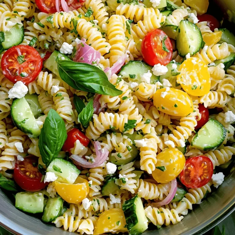 - 8 oz fusilli pasta - 1 cup cherry tomatoes, halved - 1 cucumber, diced - 1/4 cup red onion, thinly sliced - 1/2 cup fresh basil leaves, torn - 1/4 cup feta cheese, crumbled - 1/3 cup olive oil - 3 tablespoons fresh lemon juice - 1 teaspoon lemon zest - Salt and pepper to taste - Large mixing bowl - Small mixing bowl - Whisk for dressing - Servings: 4-6 - Nutritional benefits of key ingredients: - Fusilli pasta: Provides carbs for energy. - Cherry tomatoes: Packed with vitamins and antioxidants. - Cucumber: Adds hydration and crunch. - Red onion: Offers flavor and beneficial compounds. - Basil leaves: Rich in vitamins A, K, and antioxidants. - Feta cheese: Delivers protein and calcium. - Olive oil: Healthy fats for heart health. - Lemon juice and zest: Brighten flavors, high in vitamin C. The ingredients for this dish create a fresh and lively blend. Each element plays a role in the taste and health benefits. When you combine these ingredients, you get a pasta salad that is not only delicious but also good for you. Enjoy the full recipe to see how these components come together beautifully! To make Lemon Basil Pasta Salad, I start with 8 oz of fusilli pasta. Bring a large pot of water to a boil. Add salt to the water; it adds flavor to the pasta. Cook the fusilli for about 8-10 minutes, or until it is al dente. This means it should be firm but not hard. Once cooked, drain the pasta in a colander. Rinse it under cold water. This stops the cooking process and cools it down. Set the pasta aside in a large mixing bowl. Next, I prepare the veggies. I take 1 cup of cherry tomatoes and cut them in half. Then, I dice 1 cucumber and slice 1/4 cup of red onion very thin. I also tear 1/2 cup of fresh basil leaves into smaller pieces. This makes the flavors pop. For the dressing, I grab a small mixing bowl. I whisk together 1/3 cup of olive oil, 3 tablespoons of fresh lemon juice, and 1 teaspoon of lemon zest. I add salt and pepper to taste. Whisk until all the ingredients blend well. Now comes the fun part! I add the halved cherry tomatoes, diced cucumber, sliced red onion, and torn basil leaves to the bowl with the cooled pasta. Then, I pour the lemon dressing over everything. I gently toss the salad to coat all the ingredients evenly. This helps the flavors mix well. Finally, I sprinkle 1/4 cup of crumbled feta cheese on top. I give it one last toss. If needed, I adjust the seasoning with more salt and pepper. Letting the salad chill in the fridge for at least 30 minutes helps the flavors meld together. You can find the complete details in the Full Recipe. To make your Lemon Basil Pasta Salad shine, focus on fresh ingredients. Use ripe cherry tomatoes and crisp cucumbers. Their freshness brings joy to your dish. Adjust your seasoning by tasting as you go. A pinch of salt can brighten flavors. If you like more zing, add lemon juice or zest. This will enhance the overall flavor. Using fresh basil is key. It adds aroma and taste. Don’t skip the feta; it gives saltiness and creaminess. One big mistake is overcooking the pasta. Cook it until it's al dente, meaning it has a slight bite. After draining, rinse it with cold water. This will stop the cooking and keep it firm. When making the dressing, whisk well to blend the olive oil and lemon juice. If you don’t mix it enough, the dressing may separate. Always taste your dressing before adding it to the salad. Adjust the seasoning as needed. Lemon Basil Pasta Salad pairs well with grilled chicken or fish. It’s light and refreshing, making it perfect for summer meals. Serve it at picnics or barbecues for a crowd-pleaser. It also works great as a side dish for holiday meals. You can even serve it as a main dish with added protein. This salad is versatile and fits many occasions. For the full recipe, check the earlier section. {{image_2}} You can swap out fusilli pasta for gluten-free options. Try quinoa or rice pasta. Both offer great textures. They work well with all the tasty veggies. You can also change up the veggies. Add bell peppers or spinach for different flavors. If you want protein, grilled chicken or chickpeas fit nicely. To boost the dressing, add fresh herbs like dill or parsley. They bring new tastes to the salad. You can also use spices like garlic powder for extra flavor. For cheese, try goat cheese or parmesan instead of feta. Each option gives a unique taste to your dish. Use seasonal produce for a fresh twist. In summer, add zucchini or fresh corn. For winter, consider roasted carrots or butternut squash. These changes keep the salad exciting and vibrant year-round. Each season brings its own flavor, making this dish a true delight. To store your Lemon Basil Pasta Salad, place it in an airtight container. This helps keep it fresh. It’s best to refrigerate it within two hours of making. The salad stays good for about three to five days. To keep the salad fresh longer, avoid adding the dressing until you are ready to serve. If you do dress it, try to eat it within two days for the best taste. You can freeze this pasta salad, but it’s not ideal. Freezing can change the texture of the vegetables. If you decide to freeze it, make sure to use a freezer-safe container. When you are ready to eat it, move it to the fridge to thaw overnight. After thawing, give it a good stir and check the taste. You might want to add more lemon juice or fresh herbs to brighten it up. If you want to enjoy your pasta warm, you can reheat it. Use a microwave-safe dish and heat for 30 seconds at a time, stirring in between. To refresh the salad before serving, add a splash of olive oil and more lemon juice. Toss it gently to mix. This way, it will taste fresh and lively, just like when you first made it. Lemon Basil Pasta Salad stays fresh in the fridge for about three days. After that, the veggies may lose their crunch. You should check for signs of spoilage, like a sour smell or slimy texture. If you see any of these signs, it’s best to toss it out. Yes, you can make Lemon Basil Pasta Salad ahead of time. In fact, the flavors get better as they sit. I recommend making it a day in advance if you can. Just keep it covered in the fridge until you’re ready to serve. This salad tastes great cold, making it perfect for meal prep. Absolutely! Lemon Basil Pasta Salad is a great option for vegetarians. It has no meat, and it’s packed with fresh veggies and feta cheese. If you want to make it vegan, just swap the feta for a plant-based cheese. This salad is colorful, tasty, and fits many diets. Enjoy the fresh flavors! In this post, we explored the tasty Lemon Basil Pasta Salad. We covered its fresh ingredients, easy steps, and handy tips. You learned how to cook pasta and prepare veggies for the best flavor. Don't forget the dressing, as it adds a zesty touch. This salad is versatile for any season and perfect for gatherings. Remember to enjoy it fresh, or follow our storage tips for later. Dive into making this dish, and let it brighten your meals!