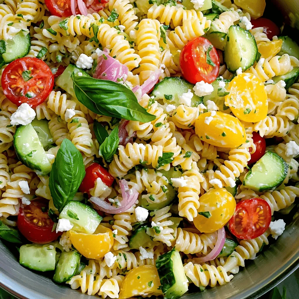 - 8 oz fusilli pasta - 1 cup cherry tomatoes, halved - 1 cucumber, diced - 1/4 cup red onion, thinly sliced - 1/2 cup fresh basil leaves, torn - 1/4 cup feta cheese, crumbled - 1/3 cup olive oil - 3 tablespoons fresh lemon juice - 1 teaspoon lemon zest - Salt and pepper to taste - Large mixing bowl - Small mixing bowl - Whisk for dressing - Servings: 4-6 - Nutritional benefits of key ingredients: - Fusilli pasta: Provides carbs for energy. - Cherry tomatoes: Packed with vitamins and antioxidants. - Cucumber: Adds hydration and crunch. - Red onion: Offers flavor and beneficial compounds. - Basil leaves: Rich in vitamins A, K, and antioxidants. - Feta cheese: Delivers protein and calcium. - Olive oil: Healthy fats for heart health. - Lemon juice and zest: Brighten flavors, high in vitamin C. The ingredients for this dish create a fresh and lively blend. Each element plays a role in the taste and health benefits. When you combine these ingredients, you get a pasta salad that is not only delicious but also good for you. Enjoy the full recipe to see how these components come together beautifully! To make Lemon Basil Pasta Salad, I start with 8 oz of fusilli pasta. Bring a large pot of water to a boil. Add salt to the water; it adds flavor to the pasta. Cook the fusilli for about 8-10 minutes, or until it is al dente. This means it should be firm but not hard. Once cooked, drain the pasta in a colander. Rinse it under cold water. This stops the cooking process and cools it down. Set the pasta aside in a large mixing bowl. Next, I prepare the veggies. I take 1 cup of cherry tomatoes and cut them in half. Then, I dice 1 cucumber and slice 1/4 cup of red onion very thin. I also tear 1/2 cup of fresh basil leaves into smaller pieces. This makes the flavors pop. For the dressing, I grab a small mixing bowl. I whisk together 1/3 cup of olive oil, 3 tablespoons of fresh lemon juice, and 1 teaspoon of lemon zest. I add salt and pepper to taste. Whisk until all the ingredients blend well. Now comes the fun part! I add the halved cherry tomatoes, diced cucumber, sliced red onion, and torn basil leaves to the bowl with the cooled pasta. Then, I pour the lemon dressing over everything. I gently toss the salad to coat all the ingredients evenly. This helps the flavors mix well. Finally, I sprinkle 1/4 cup of crumbled feta cheese on top. I give it one last toss. If needed, I adjust the seasoning with more salt and pepper. Letting the salad chill in the fridge for at least 30 minutes helps the flavors meld together. You can find the complete details in the Full Recipe. To make your Lemon Basil Pasta Salad shine, focus on fresh ingredients. Use ripe cherry tomatoes and crisp cucumbers. Their freshness brings joy to your dish. Adjust your seasoning by tasting as you go. A pinch of salt can brighten flavors. If you like more zing, add lemon juice or zest. This will enhance the overall flavor. Using fresh basil is key. It adds aroma and taste. Don’t skip the feta; it gives saltiness and creaminess. One big mistake is overcooking the pasta. Cook it until it's al dente, meaning it has a slight bite. After draining, rinse it with cold water. This will stop the cooking and keep it firm. When making the dressing, whisk well to blend the olive oil and lemon juice. If you don’t mix it enough, the dressing may separate. Always taste your dressing before adding it to the salad. Adjust the seasoning as needed. Lemon Basil Pasta Salad pairs well with grilled chicken or fish. It’s light and refreshing, making it perfect for summer meals. Serve it at picnics or barbecues for a crowd-pleaser. It also works great as a side dish for holiday meals. You can even serve it as a main dish with added protein. This salad is versatile and fits many occasions. For the full recipe, check the earlier section. {{image_2}} You can swap out fusilli pasta for gluten-free options. Try quinoa or rice pasta. Both offer great textures. They work well with all the tasty veggies. You can also change up the veggies. Add bell peppers or spinach for different flavors. If you want protein, grilled chicken or chickpeas fit nicely. To boost the dressing, add fresh herbs like dill or parsley. They bring new tastes to the salad. You can also use spices like garlic powder for extra flavor. For cheese, try goat cheese or parmesan instead of feta. Each option gives a unique taste to your dish. Use seasonal produce for a fresh twist. In summer, add zucchini or fresh corn. For winter, consider roasted carrots or butternut squash. These changes keep the salad exciting and vibrant year-round. Each season brings its own flavor, making this dish a true delight. To store your Lemon Basil Pasta Salad, place it in an airtight container. This helps keep it fresh. It’s best to refrigerate it within two hours of making. The salad stays good for about three to five days. To keep the salad fresh longer, avoid adding the dressing until you are ready to serve. If you do dress it, try to eat it within two days for the best taste. You can freeze this pasta salad, but it’s not ideal. Freezing can change the texture of the vegetables. If you decide to freeze it, make sure to use a freezer-safe container. When you are ready to eat it, move it to the fridge to thaw overnight. After thawing, give it a good stir and check the taste. You might want to add more lemon juice or fresh herbs to brighten it up. If you want to enjoy your pasta warm, you can reheat it. Use a microwave-safe dish and heat for 30 seconds at a time, stirring in between. To refresh the salad before serving, add a splash of olive oil and more lemon juice. Toss it gently to mix. This way, it will taste fresh and lively, just like when you first made it. Lemon Basil Pasta Salad stays fresh in the fridge for about three days. After that, the veggies may lose their crunch. You should check for signs of spoilage, like a sour smell or slimy texture. If you see any of these signs, it’s best to toss it out. Yes, you can make Lemon Basil Pasta Salad ahead of time. In fact, the flavors get better as they sit. I recommend making it a day in advance if you can. Just keep it covered in the fridge until you’re ready to serve. This salad tastes great cold, making it perfect for meal prep. Absolutely! Lemon Basil Pasta Salad is a great option for vegetarians. It has no meat, and it’s packed with fresh veggies and feta cheese. If you want to make it vegan, just swap the feta for a plant-based cheese. This salad is colorful, tasty, and fits many diets. Enjoy the fresh flavors! In this post, we explored the tasty Lemon Basil Pasta Salad. We covered its fresh ingredients, easy steps, and handy tips. You learned how to cook pasta and prepare veggies for the best flavor. Don't forget the dressing, as it adds a zesty touch. This salad is versatile for any season and perfect for gatherings. Remember to enjoy it fresh, or follow our storage tips for later. Dive into making this dish, and let it brighten your meals!