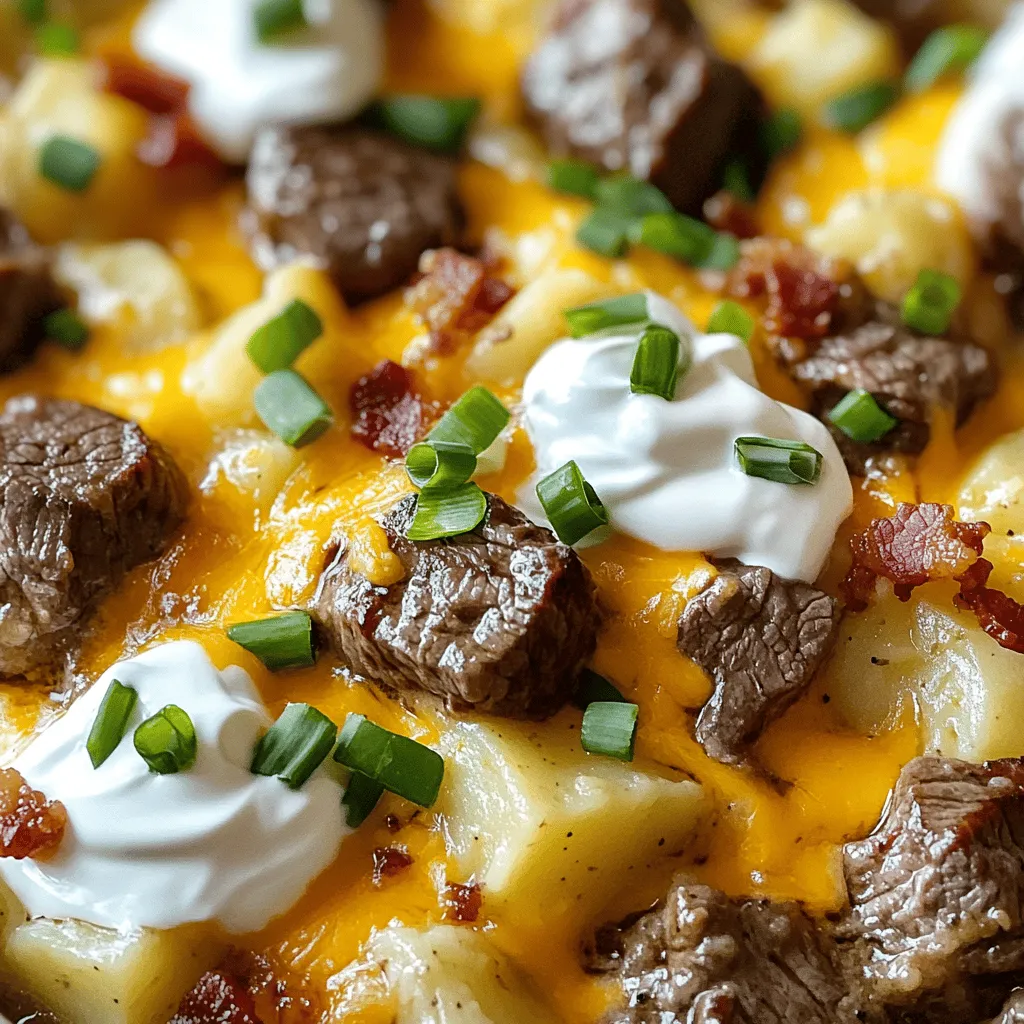 - 1.5 lbs sirloin steak, cut into 1-inch cubes - 4 medium russet potatoes, peeled and diced - 1 cup sharp cheddar cheese, shredded - 1 cup sour cream - 1/2 cup bacon bits (omit for no bacon) - 1/2 cup green onions, chopped - 2 cloves garlic, minced - 1 teaspoon paprika - 1 teaspoon salt - 1/2 teaspoon black pepper - 1 cup beef broth Gathering these ingredients is easy and fun. The sirloin steak gives the dish a rich flavor. I love using russet potatoes for their fluffy texture and taste. Sharp cheddar cheese adds a nice kick, while sour cream brings creaminess. You can skip the bacon bits if you want a lighter meal. Green onions and garlic add freshness and depth. The seasonings are simple but powerful. Paprika gives a warm color and a hint of smokiness. Salt and black pepper enhance all the flavors. The beef broth is key. It keeps the steak and potatoes juicy while they cook. You can find the full recipe at the end of this section. Enjoy preparing this delicious dish! Start by layering the potatoes in the bottom of your crockpot. Use four medium russet potatoes, peeled and diced into bite-sized pieces. This layer creates a tasty base for the dish. Next, season the sirloin steak cubes with paprika, salt, and black pepper. Use 1.5 lbs of sirloin steak, cut into 1-inch cubes. Place the seasoned steak cubes on top of the potatoes. This layering helps the flavors blend as they cook. Then, sprinkle two cloves of minced garlic over the steak. Garlic adds a rich flavor that enhances the dish. Now, it’s time to pour the beef broth over the ingredients. Use one cup of beef broth to keep everything moist. This step is crucial for cooking the potatoes evenly. Cover the crockpot and set it to cook on low for 6-8 hours or on high for 3-4 hours. Cooking on low will give you tender steak and soft potatoes. Check the dish as it cooks to ensure everything is coming together nicely. About 30 minutes before you serve the dish, stir in one cup of sour cream and half of the shredded cheddar cheese. This step makes the dish creamy and adds depth to the flavor. Mix well so everything combines. Top with the remaining cheddar cheese and cover the crockpot. Let it melt for about 20 minutes. Finally, sprinkle with half a cup of chopped green onions and bacon bits if you want that extra crunch. This adds a nice touch before serving. For the full recipe, check out the details above. To ensure a tender steak and perfect potatoes, always choose the right cut of meat. Sirloin steak works well because it cooks evenly and stays juicy. Cut the steak into 1-inch cubes for the best texture. Next, layer the diced russet potatoes at the bottom of your crockpot. This helps them cook fully without burning. The beef broth you add later will keep them moist and flavorful. Pair your loaded steak and potato bake with simple side dishes. A fresh garden salad adds crunch and brightness. Steamed green beans or broccoli also work well. For garnishes, chopped green onions and crispy bacon bits enhance the dish's flavor. They add color and a delightful crunch. A dollop of sour cream on top adds creaminess. Avoid overcooking by checking the steak and potatoes in the last hour. If they are soft and tender, you’re ready to serve. Under-seasoning can lead to blandness. Always taste and adjust seasoning before serving. Lastly, layer your ingredients correctly. Start with potatoes, then steak, and finish with garlic. This method ensures even cooking and great taste. {{image_2}} You can switch up ingredients for a new taste. For cheese, try gouda or mozzarella. These will melt well and add flavor. Instead of sour cream, use Greek yogurt. It gives a nice tang and is healthier. Adding veggies boosts nutrition. Consider carrots, bell peppers, or spinach. Just chop them small. Toss them in with the steak and potatoes. They add color and crunch. If you need a quicker option, use an Instant Pot. It cuts down cooking time to about 30 minutes. Simply follow the same steps, but adjust the settings. Use the meat/stew setting for tender steak. You can also bake this dish in the oven. Preheat it to 350°F. Layer the ingredients in a baking dish. Cook for about 1 hour. This gives a crispy top and tender inside. Want a little more kick? Add spices like cayenne pepper or chili powder. These add warmth and depth to the dish. Experiment with different broths too. Use chicken or vegetable broth for a different flavor. You can even use mushroom broth for a rich, earthy taste. Each choice changes the dish in fun ways. For the full recipe, check out the complete details above. After enjoying your Crockpot Loaded Steak and Potato Bake, you can store leftovers easily. Allow the dish to cool down first. Then, transfer it into airtight containers. This helps keep the flavors fresh. I recommend using glass containers for easy reheating. Make sure to label them with the date. When you want to enjoy your leftovers, reheating is key. The best method is using the microwave. Place a serving in a bowl and cover it with a damp paper towel. This keeps it moist while heating. You can also reheat on the stove. Just add a splash of beef broth to a pan and heat on low. Taste the dish and adjust the seasoning if needed. Sometimes, it may need a pinch of salt or a dash of pepper. If you want to freeze portions, it’s super simple. Let the dish cool completely. Then, use freezer-safe bags or containers. Divide the bake into single servings for easy meals later. Be sure to squeeze out excess air from the bags before sealing. When you're ready to eat, thaw the portions overnight in the fridge. Reheat them as mentioned above for a tasty meal. Cooking times depend on the heat setting. On low, it takes 6 to 8 hours. On high, it takes 3 to 4 hours. The meat and potatoes should be tender and cooked through. For best results, use the low setting when you have more time. This allows flavors to blend nicely. Yes, you can use frozen steak. Just place it directly in the crockpot. You do not need to thaw it first. Cooking time may increase by about an hour. Make sure to check that the steak is fully cooked before serving. Using frozen steak can save time on busy days. If you need a substitute for beef broth, try vegetable broth or chicken broth. Both options add good flavor. For a 100% plant-based option, use water with a bit of soy sauce. This will give a savory taste. Adjust the amount based on your dietary needs and preferences. Yes! You can skip sour cream if you want a dairy-free meal. Instead, use a dairy-free yogurt or cashew cream. These options provide creaminess without dairy. You can also add a splash of lemon juice for a tangy flavor. Make sure to stir well for even taste. This article covered a tasty casserole that uses sirloin steak and potatoes. You learned about main ingredients, cooking steps, and helpful tips. Final touches like cheese and sour cream make it special. Remember to avoid common mistakes for the best results. You can also try different cooking methods or swaps for variety. Enjoy making this dish your own, and don’t forget to store leftovers correctly. With these insights, you can create a delicious meal that your family will love!