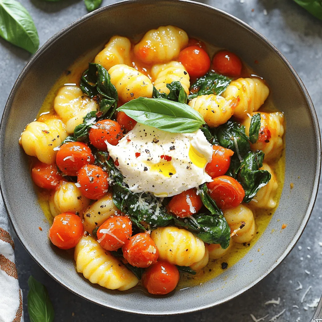- Potato gnocchi - Cherry tomatoes - Olive oil - Garlic - Red pepper flakes - Spinach - Burrata cheese - Garnishes (fresh basil, Parmesan cheese) You can swap potato gnocchi for homemade or gluten-free options. If tomatoes are out of season, try using canned tomatoes for easy flavor. For a dairy-free version of burrata, look for plant-based cheese made from nuts. First, fill a large pot with water and add salt. Bring the water to a boil. Once boiling, add the potato gnocchi. They will cook quickly, usually 2-3 minutes. You know they are ready when they float to the surface. Use a slotted spoon to remove them and drain well. Set the gnocchi aside for later. In a large skillet, pour in 2 tablespoons of olive oil. Heat it over medium heat. Add 3 cloves of minced garlic and 1 teaspoon of red pepper flakes. Stir for about 30 seconds. This will make your kitchen smell amazing! Next, toss in 2 cups of halved cherry tomatoes. Season with salt and pepper. Cook for 5-7 minutes. Stir often as the tomatoes soften and burst, creating a lovely sauce. Now, it's time to bring in some greens. Add 1 cup of fresh spinach to the skillet. Cook for another 2 minutes until wilted. Gently fold the drained gnocchi into the skillet with the tomato mixture. Toss everything together for about 2-3 minutes. This lets the gnocchi soak up all the flavors. Finally, remove the skillet from heat. Tear the burrata cheese in half and place it over the gnocchi. Let it melt a bit into the dish. For the full recipe, check the details above. To achieve al dente gnocchi, boil the gnocchi in salted water. Cook it until it floats. This usually takes about 2-3 minutes. Be careful not to overcook. Overcooked gnocchi becomes mushy, and that's not what we want! Timing for perfect sautéed tomatoes is key. Start with garlic and red pepper flakes. Sauté them for about 30 seconds. Then, add the cherry tomatoes. Cook them for around 5-7 minutes. Stir them often until they soften and burst. This creates a rich, tasty sauce. For an appealing look, serve in shallow bowls. Drizzle with a bit of extra olive oil for shine. A sprinkle of red pepper flakes adds color and spice. Garnish with whole basil leaves for freshness. Recommended serving dishes include wide pasta bowls or rustic plates. This shows off the vibrant colors of the dish. A beautiful presentation makes it more enjoyable to eat! To boost flavor, consider adding fresh herbs like thyme or oregano. A pinch of smoked paprika can also add depth. If you like heat, adjust the red pepper flakes to your taste. Optional garnishes include a drizzle of balsamic glaze or a sprinkle of fresh parsley. Grated Parmesan cheese is great too, but it’s optional. These additions make the dish even more delicious! For the full recipe, check out the section above. Enjoy your cooking adventure! {{image_2}} You can change this dish by adding protein. Chicken or shrimp works great. Simply cook it in the skillet before adding garlic. This adds flavor and makes the meal heartier. If you want a vegetarian option, use chickpeas or mushrooms instead. They will add protein and keep the dish filling. You can adjust the heat level in this recipe. Add more red pepper flakes for spice. If you prefer mild flavors, skip the flakes or use less. Cheese is another area for tweaks. Try fresh mozzarella or feta instead of burrata. Each cheese gives a unique taste. Seasonal vegetables can change the dish. In spring, add asparagus or peas. In summer, zucchini or bell peppers are fresh choices. For fall, consider adding roasted butternut squash. You can also create holiday-themed dishes. For example, use cranberry or sage to give it a festive touch. To keep your tomato gnocchi fresh, put it in an airtight container. Refrigerate within two hours after cooking. It stays good for up to three days. If you see any signs of spoilage, throw it out. For reheating, I recommend using the stovetop. Heat a pan over medium heat, add a splash of olive oil, and toss in the gnocchi. Stir until warmed through. You can also use the microwave, but be careful not to overcook it. Keep the texture smooth by adding a bit of water before microwaving. Yes, you can freeze this dish! To freeze, let it cool completely first. Then, place it in a freezer-safe container or bag. It will keep for up to three months. When ready to eat, thaw it in the fridge overnight. Reheat on the stovetop for the best results. Enjoy your meal with that fresh taste! For the full recipe, check out the instructions above. This dish is quick and easy. You need about 10 minutes to prep. The cooking time is around 20 minutes. So, the total time is about 30 minutes. You can have a warm, tasty meal in no time. Yes, you can prepare some parts in advance. Cook the gnocchi and tomatoes a few hours before. Store them in the fridge. Just reheat them when you are ready. For the best taste, add the burrata just before serving. This dish pairs well with a simple green salad. A side of garlic bread also works great. For drinks, try a light white wine, like Pinot Grigio. Sparkling water with lemon is a nice non-alcoholic choice too. Yes, this dish is perfect for meal prep. You can cook the gnocchi and tomato sauce in advance. Pack them into containers and store them in the fridge. Just reheat when you want to eat. This keeps everything fresh and easy. This blog post gives you a full guide to making Tomato Gnocchi with Burrata. You learned the key ingredients and some great swaps, like using homemade gnocchi. I shared step-by-step cooking instructions and tips for perfecting each step. You can also get creative with variations, storage advice, and reheating methods. Keep this dish exciting by trying new flavors or ingredients. Enjoy every bite of your tasty creation!