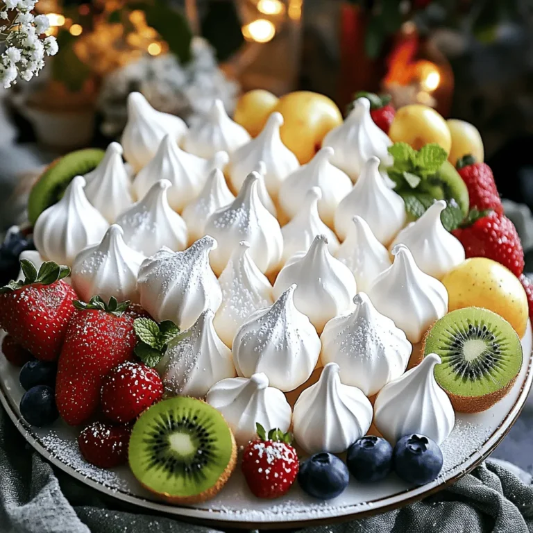 Let’s dive into the sweet world of meringue cookies with fruit! Here’s what you need: - 3 large egg whites - 1/4 teaspoon cream of tartar - 3/4 cup granulated sugar - 1 teaspoon vanilla extract - 1/2 teaspoon cornstarch - Pinch of salt - 1 cup mixed fresh fruit (like strawberries, kiwi, blueberries, raspberries) - Fresh mint leaves for garnish (optional) Each ingredient plays a vital role. The egg whites create that light, airy texture. Cream of tartar stabilizes the egg whites, ensuring they whip up nicely. Sugar adds sweetness and helps the meringue hold its shape. Vanilla extract gives a lovely flavor, while cornstarch helps the meringue stay crisp on the outside. Finally, a pinch of salt balances the sweetness. When it comes to fruit, choose fresh, vibrant options. Strawberries add a pop of color, while blueberries bring a burst of flavor. Kiwi adds a tangy twist, and raspberries provide a delightful tartness. You can mix and match your favorites! This recipe is perfect for special occasions or just a sweet treat at home. Get ready to impress with these delightful meringue cookies! For the full recipe, check out the instructions that follow. - Preheat your oven to 225°F (110°C). - Line two baking sheets with parchment paper. This helps the meringues not stick. - In a clean bowl, beat the egg whites and cream of tartar on medium speed. - Once foamy, add sugar slowly, one tablespoon at a time. Beat until stiff peaks form, about 5-7 minutes. - Add the vanilla extract, cornstarch, and a pinch of salt to the mixture. - Mix until just combined. Your meringue is now ready for piping. - Use a piping bag or spoon to dollop meringue onto your baking sheets. - Bake for 1.5 to 2 hours until dry and easily lifted from parchment. - Turn off the oven and let the meringues cool inside for one hour. After cooling, gently remove them and transfer to a platter. To make meringue cookies, you need glossy, stiff peaks. Start with clean, dry bowls and tools. This helps the egg whites whip well. Beat the egg whites with cream of tartar until foamy. Then, add sugar slowly. This step is key. If you add too fast, the meringue may not set right. Aim for peaks that stand tall and firm. If it looks shiny and holds its shape, you did it! Common pitfalls include greasy bowls or under-whipping the egg whites. Even a tiny bit of yolk can ruin your meringue. If your meringue is runny, it means you need to whip more. Remember, patience is vital in this process. The best fruits for meringue cookies are light and fresh. I love using strawberries, blueberries, and kiwi. These add color and flavor. Raspberries also work well, adding a tart touch. Choose fruits that are ripe but firm. Overripe fruit can make the meringue soggy. To prep fruit, wash it well. Slice larger fruits into bite-sized pieces. Keep the pieces small for easy serving. You want each bite to have a mix of sweet meringue and juicy fruit. Arranging fruit with meringue can be fun! Start by placing the meringue on a large platter. Scatter the fruit around or on top. This creates a colorful display. For added flair, consider drizzling honey or dusting powdered sugar on top. Garnishes like fresh mint leaves can enhance the look. They add a pop of green and a fresh taste. Keep it simple but elegant. The beauty of the meringue and fruit will shine through. Use these tips to make your meringue cookies with fruit truly delightful. For the complete recipe, check the Full Recipe section. {{image_2}} You can make fun meringue flavors. Adding citrus can give a fresh taste. Try lemon or orange zest. Just mix some zest into the egg whites while whipping. You can also add herbs. Basil or mint can bring a unique twist. Just chop them finely and fold them in before baking. Think about fun fruit pairings for your meringues. Strawberries and kiwi work well together. You can also mix blueberries and raspberries for a colorful treat. Seasonal fruits are great too. In summer, use peaches or cherries. In fall, try apples or pears. They all add different flavors and colors. If you need an egg-free option, aquafaba is your friend. This is the liquid from canned chickpeas. It whips up just like egg whites. For gluten-free meringues, the recipe is already safe. Just ensure your sugar and cornstarch are gluten-free. This way, everyone can enjoy these sweet treats. You can find the Full Recipe to try out these variations! To keep your meringue cookies fresh, follow these tips: - Store them in an airtight container. This helps keep out moisture. - Place parchment paper between layers. This prevents sticking. - Keep them in a cool, dry place. Avoid heat and humidity. Meringue cookies last about 1 to 2 weeks at room temperature. If you want to store them longer, try freezing. To freeze, layer them in an airtight container with parchment paper. They can last up to 2 months in the freezer. Fresh fruit adds a vibrant touch to your meringue cookies. To keep it fresh, store it properly: - Keep fruit in the fridge until you are ready to serve. This helps maintain flavor and texture. - Wash fruit just before use to reduce spoilage. Excess moisture can lead to quicker spoilage. Avoid placing fresh fruit on meringues too early. The moisture from the fruit can soften the meringue. Serve the fruit on top right before you enjoy the cookies for the best taste and look. Yes, you can use pasteurized egg whites. They are safe and easy to use. The main benefit is they reduce the risk of foodborne illness. Pasteurized egg whites also whip just as well as fresh ones. If you choose to use fresh egg whites, ensure they are at room temperature. This helps create stable meringue. If your meringue is runny, do not worry. First, check the egg whites. They must be clean and free of yolk. Then, make sure to beat them long enough. Use high speed and keep beating until you see stiff peaks. If it's still runny, add a little more sugar. This can help stabilize your meringue. To make chewy meringue cookies, you can adjust the baking time. Shorten the baking time to 1 hour. This keeps them soft inside. You can also lower the oven temperature to 200°F (93°C). This allows for a gentler bake. Adding a touch more cornstarch can help too. This gives a slight chewiness while still keeping that light texture. In this post, we explored how to make delicious meringue cookies topped with fresh fruit. We covered the ingredients, baking steps, and tips for achieving the perfect texture. You learned about flavor variations and how to store both meringue and fruit properly. Meringues are versatile treats that charm anyone with their lightness and sweetness. With practice, you can master this fun dessert, impressing family and friends. Enjoy your meringue-making journey!