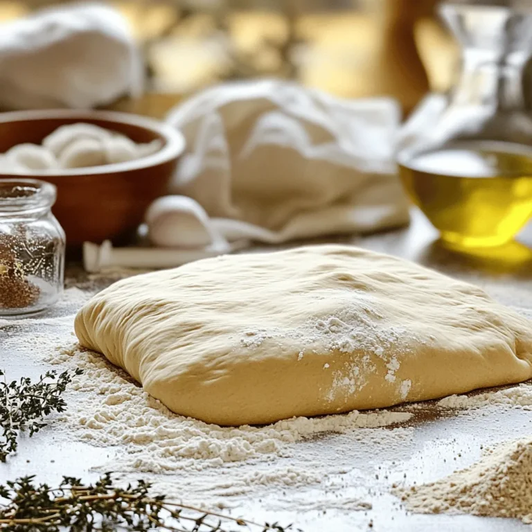 To make homemade pizza dough, gather these key ingredients: - 2 ¼ teaspoons active dry yeast (1 packet) - 1 ½ cups warm water (110°F or 45°C) - 3 ½ to 4 cups all-purpose flour - 2 teaspoons sugar - 2 teaspoons salt - 2 tablespoons olive oil Measuring ingredients correctly is key. Use a dry measuring cup for flour. - For warm water, check the temperature with a thermometer. - Yeast should be fresh for the best rise. - Use a kitchen scale for precise measurements if you have one. You can add some extra taste to your dough with these options: - 1 teaspoon garlic powder - 1 teaspoon dried oregano These spices bring a nice kick to your crust. Feel free to experiment with other herbs too! For the full recipe, check out the detailed section. First, you need to wake up the yeast. Take a small bowl and pour in the warm water. Make sure it’s around 110°F (45°C). Add the sugar to the water. Then, sprinkle the yeast over the top. Let it sit for about 5 to 10 minutes. You will see bubbles forming. This means the yeast is active and ready to use. Next, grab a large mixing bowl. Add 3 ½ cups of all-purpose flour. Then, mix in the salt, garlic powder, and dried oregano if you like. Stir them well to combine. This mix gives your dough flavor and strength. Now, make a well in the center of your dry mix. Pour in the frothy yeast mixture and the olive oil. Use a wooden spoon to stir until the dough starts to come together. When it’s too hard to stir, transfer it onto a floured surface. Knead the dough for about 8 to 10 minutes. Don’t forget to add more flour if it sticks to your hands. You want a smooth and elastic dough. After kneading, place your dough in a lightly greased bowl. Cover it with a clean kitchen towel or plastic wrap. Let it rise in a warm spot for 1 to 2 hours. The dough should double in size. This step adds air and makes your crust light. Once the dough has risen, punch it down gently to release the air. Turn it out onto a floured surface. Divide the dough into 2 or 3 equal parts, depending on how big you want your pizzas. Roll each part into your desired thickness. Transfer the rolled dough onto a pizza peel or a baking sheet lined with parchment paper. Now, it’s ready for your favorite toppings! For the full recipe, check out the Homemade Pizza Dough section. To get the best pizza dough, you want a soft and smooth texture. Start with the right amount of flour. Too much will make the dough dry. Too little will make it sticky. Aim for about 3 ½ to 4 cups of flour. Add flour slowly while kneading until the dough no longer sticks to your hands. You can also check by pressing your finger into the dough. If it springs back, you're on the right track! Many people struggle with pizza dough. One common mistake is not letting the dough rise enough. It should double in size. If you skip this step, your crust will be flat and dense. Another mistake is using water that is too hot or too cold. The ideal temperature is around 110°F (45°C) for activating yeast. Lastly, don’t forget to add salt. It enhances flavor and controls yeast growth. Having the right tools makes a big difference. Use a large mixing bowl for combining ingredients. A wooden spoon helps mix the dough well. A clean surface is key for kneading. I recommend a pastry mat for easy cleanup. Don’t forget a rolling pin for shaping the dough. If you have a pizza peel, it makes transferring your pizza easy. Lastly, a good oven is essential for baking your pizza to perfection. For a complete recipe, check out the full recipe above. {{image_2}} To make whole wheat pizza dough, swap out some all-purpose flour. Use 50% whole wheat flour and 50% all-purpose flour. This mix gives your crust a nutty taste and boosts fiber. Follow the same steps in the Full Recipe. The dough may feel denser but still tastes great. Let it rise well to ensure a light crust. If you need a gluten-free option, use a gluten-free flour blend. Look for one that has xanthan gum. This helps mimic the elasticity of regular dough. Mix the gluten-free flour with the same amounts of yeast, water, salt, and olive oil from the Full Recipe. The dough may not rise as much, but it will still be delicious. Want to spice up your dough? Add flavor right into the mix. Try adding garlic powder, dried herbs, or even grated cheese. Mix in 1 teaspoon of garlic powder and 1 teaspoon of dried oregano with your dry ingredients. This gives your crust extra zest. You can also fold in fresh herbs after kneading for a fresh twist. To store unused pizza dough, wrap it tightly. Use plastic wrap or a resealable bag. Place it in the fridge for up to three days. This helps keep it fresh and ready for later use. When you are ready to use it, let it sit at room temperature for about 30 minutes. This makes it easier to roll out. You can freeze pizza dough for longer storage. First, wrap the dough tightly in plastic wrap. Then, place it in a freezer bag. Label the bag with the date. The dough can stay in the freezer for up to three months. When you're ready to use it, remove the dough from the freezer. Keep it in the fridge overnight to thaw. To thaw pizza dough properly, plan ahead. Move the dough from the freezer to the fridge the night before. This slow thawing keeps the texture nice. If you are in a hurry, you can let it sit at room temperature. This usually takes about 2 hours. Just make sure it warms up evenly before you roll it out. For the best results, let it rise a bit after thawing. You can store homemade pizza dough in the fridge for up to three days. Make sure to wrap it tightly in plastic wrap or place it in an airtight container. This keeps the dough fresh and prevents it from drying out. If you want to keep it longer, you can freeze it. Yes, you can make pizza dough ahead of time! Prepare the dough and let it rise. After that, you can either use it right away or store it in the fridge. If you store it, allow it to sit at room temperature for about 30 minutes before rolling it out. The best way to roll out pizza dough is on a floured surface. Start with a ball of dough and use a rolling pin. Roll from the center outwards. Keep turning the dough to maintain a round shape. If it sticks, add a little more flour, but not too much. You know the dough has risen enough when it doubles in size. After you let it rise, poke it gently with your finger. If the dough springs back slowly, it is ready. If it stays dented, let it rise for a bit longer. You learned about the key ingredients and steps for making perfect pizza dough. We covered the best tips and tricks to help you succeed. Variations like gluten-free options and flavored dough can add fun to your pizza nights. Remember to store unused dough properly so it stays fresh for later use. Now, you have all the tools to create tasty homemade pizza. Enjoy the process, and happy baking!