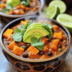 To make sweet potato and black bean chili, you need a few key items: - 2 medium sweet potatoes, peeled and diced - 1 can (15 oz) black beans, rinsed and drained - 1 can (14 oz) diced tomatoes with green chilies - 1 onion, chopped - 3 cloves garlic, minced - 1 red bell pepper, chopped - 1 tablespoon olive oil - 2 teaspoons ground cumin - 2 teaspoons chili powder - 1 teaspoon smoked paprika - 1 cup vegetable broth - Salt and pepper to taste - Fresh cilantro for garnish - Avocado slices for serving (optional) - Lime wedges for serving (optional) These ingredients create a rich, hearty flavor. The sweet potatoes add natural sweetness, while the black beans provide protein and texture. The spices bring warmth and depth to the dish. If you can't find some ingredients, don't worry! Here are some easy swaps: - Use butternut squash instead of sweet potatoes. - Canned kidney beans or pinto beans can replace black beans. - Fresh tomatoes work well if you don't have canned ones. - Any color bell pepper can work if red isn’t available. - You can use vegetable oil instead of olive oil for frying. These substitutes still give you a tasty chili. Feel free to mix and match based on what you have. Choosing fresh ingredients is key for great chili. Here’s how to pick the best: - Sweet Potatoes: Look for firm, smooth skin. Avoid any with spots or soft areas. - Onions: Choose onions that feel heavy for their size and have dry skin. - Bell Peppers: Pick peppers that are shiny and firm. They should feel heavy too. - Garlic: Choose bulbs that are firm and plump. Avoid any that feel soft or sprouted. Fresh ingredients lead to a more vibrant flavor. Trust your senses when selecting! For the full recipe, check out the complete guide to making sweet potato and black bean chili. To start, gather all your ingredients. You will need sweet potatoes, black beans, diced tomatoes, onion, garlic, and red bell pepper. Measure out your spices, olive oil, and vegetable broth. - 2 medium sweet potatoes, peeled and diced - 1 can (15 oz) black beans, rinsed and drained - 1 can (14 oz) diced tomatoes with green chilies - 1 onion, chopped - 3 cloves garlic, minced - 1 red bell pepper, chopped - 1 tablespoon olive oil - 2 teaspoons ground cumin - 2 teaspoons chili powder - 1 teaspoon smoked paprika - 1 cup vegetable broth - Salt and pepper to taste - Fresh cilantro for garnish - Avocado slices for serving (optional) - Lime wedges for serving (optional) Now, prepare your workspace. Chop the onion, garlic, and red bell pepper. Dice the sweet potatoes into small cubes. This helps them cook evenly. Heat the olive oil in a large pot over medium heat. Add the chopped onion first. Cook it for about five minutes. You want it soft and clear. Next, add the minced garlic and chopped bell pepper. Cook these for 2-3 minutes. You should smell the garlic. Now, stir in the diced sweet potatoes. Add the cumin, chili powder, and smoked paprika. Cook for another 2-3 minutes. This step coats the potatoes with the spices. Pour in the diced tomatoes and their juices, black beans, and vegetable broth. Stir everything well. Bring this mixture to a boil. Once boiling, lower the heat to let it simmer. Let it cook for 25-30 minutes. Stir occasionally. Check if the sweet potatoes are tender. They should be soft enough to mash with a fork. After cooking, season the chili with salt and pepper to taste. If you want it spicier, add chili flakes or chopped jalapeños. Once done, remove the pot from the heat. Let it rest for a few minutes before serving. This helps the flavors meld well. For the best presentation, serve the chili in bowls. Garnish with fresh cilantro and avocado slices. Add lime wedges on the side for a zesty touch. Enjoy your flavorful delight! For the full recipe, check out the recipe section above. To make the best sweet potato and black bean chili, follow these tips: - Cut sweet potatoes evenly: This ensures they cook at the same rate. - Sauté onions well: Cook them until they are soft and sweet. This adds depth. - Use fresh spices: Fresh spices give your chili a bolder flavor. Check dates on spice jars. - Simmer gently: Let the chili simmer slowly. This helps all flavors blend well. Want your chili spicier? Here’s how: - Add chili flakes: Start with a small pinch and taste as you go. - Use fresh jalapeños: Dice them in for a fresh spicy kick. - Try hot sauce: A few drops can enhance the heat. Always taste first! If you prefer mild flavors, skip the chili flakes and jalapeños. You can also add more sweet potatoes to balance the heat. Serve your chili in a fun way: - Garnish with cilantro: This adds color and freshness. - Top with avocado slices: Creamy avocado pairs perfectly with chili. - Serve lime wedges: A squeeze of lime brightens the flavors. For a complete meal, serve your chili with warm cornbread or over rice. You can find the full recipe for my sweet potato and black bean chili in the earlier sections. Enjoy every bite! {{image_2}} Want to add protein to your sweet potato and black bean chili? You have many options! You can use ground turkey or beef for a heartier dish. For a lighter choice, try chicken breast. Cook the meat first in the pot before adding the other ingredients. If you prefer plant-based options, diced tofu or tempeh work well. Both soak up the chili's flavors nicely. This chili is naturally vegetarian and can easily be vegan. Just check your broth to ensure it has no animal products. You can also add more beans or lentils for extra nutrition. If you like a creamy texture, stir in some coconut milk. It adds richness without dairy. You can experiment with different beans too. Pinto or kidney beans can be great in this dish. To elevate your chili's taste, think about adding herbs and spices. Fresh cilantro adds a bright flavor. If you enjoy heat, toss in some diced jalapeños or chili flakes. For a touch of sweetness, try adding a dash of cinnamon. It might sound odd, but it works! You can also experiment with smoked paprika for an even deeper flavor. Don't be afraid to play with the spices; they can change your dish entirely. For the full recipe, visit the [Full Recipe]. After enjoying your sweet potato and black bean chili, store leftovers in an airtight container. Let it cool first before sealing. This helps keep the chili fresh. You can keep it in the fridge for up to four days. If you want to enjoy it later, freezing is a great option. To reheat, you can use the stove or microwave. For the stove, place the chili in a pot over medium heat. Stir it often until it warms up. This usually takes about 5 to 10 minutes. If you use a microwave, pour the chili into a microwave-safe bowl. Heat it for about 2 to 3 minutes, stirring halfway through. Make sure it’s hot all the way through. Freezing is best if you want to save your chili for later. Pour the cooled chili into freezer bags or containers. Leave some space at the top to allow for expansion. Label the bags with the date and freeze. Your chili can last up to three months in the freezer. When you're ready to eat it, thaw it overnight in the fridge. Then, reheat as mentioned above. This makes meal prep easy and delicious! For the complete recipe, check out the Full Recipe link above. To add heat to your chili, try these simple tips. You can add chili flakes or diced jalapeños. Both options can spice up your dish without much effort. If you like it extra hot, add some diced fresh peppers during cooking. You can also mix in a splash of hot sauce at the end. Just remember to taste as you go. You want a nice balance of heat and flavor. Yes, you can prepare this chili in advance. It stores well in the fridge for up to four days. Simply cool it down and place it in an airtight container. You can also freeze it for up to three months. To reheat, just thaw it overnight in the fridge and warm it on the stove. This makes it a great meal prep option for busy days. Toppings can enhance your chili's flavor and texture. Fresh cilantro adds a nice pop of color and taste. Slices of avocado bring creaminess. You can also use shredded cheese or a dollop of sour cream. Lime wedges give a zesty finish. Try different combinations to find your favorite way to enjoy your chili. For more ideas, check the Full Recipe. You now have a complete guide to making sweet potato and black bean chili. We covered key ingredients, cooking steps, and helpful tips. You learned how to add your own twist with protein and spices. Storing and reheating tips will keep your chili fresh for later. I hope you feel ready to make this dish customized to your taste. Enjoy making a warm bowl that everyone will love. Your journey to delicious chili starts now!