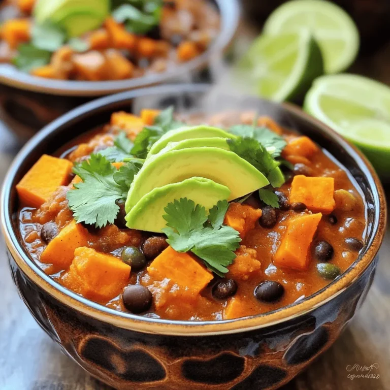 To make sweet potato and black bean chili, you need a few key items: - 2 medium sweet potatoes, peeled and diced - 1 can (15 oz) black beans, rinsed and drained - 1 can (14 oz) diced tomatoes with green chilies - 1 onion, chopped - 3 cloves garlic, minced - 1 red bell pepper, chopped - 1 tablespoon olive oil - 2 teaspoons ground cumin - 2 teaspoons chili powder - 1 teaspoon smoked paprika - 1 cup vegetable broth - Salt and pepper to taste - Fresh cilantro for garnish - Avocado slices for serving (optional) - Lime wedges for serving (optional) These ingredients create a rich, hearty flavor. The sweet potatoes add natural sweetness, while the black beans provide protein and texture. The spices bring warmth and depth to the dish. If you can't find some ingredients, don't worry! Here are some easy swaps: - Use butternut squash instead of sweet potatoes. - Canned kidney beans or pinto beans can replace black beans. - Fresh tomatoes work well if you don't have canned ones. - Any color bell pepper can work if red isn’t available. - You can use vegetable oil instead of olive oil for frying. These substitutes still give you a tasty chili. Feel free to mix and match based on what you have. Choosing fresh ingredients is key for great chili. Here’s how to pick the best: - Sweet Potatoes: Look for firm, smooth skin. Avoid any with spots or soft areas. - Onions: Choose onions that feel heavy for their size and have dry skin. - Bell Peppers: Pick peppers that are shiny and firm. They should feel heavy too. - Garlic: Choose bulbs that are firm and plump. Avoid any that feel soft or sprouted. Fresh ingredients lead to a more vibrant flavor. Trust your senses when selecting! For the full recipe, check out the complete guide to making sweet potato and black bean chili. To start, gather all your ingredients. You will need sweet potatoes, black beans, diced tomatoes, onion, garlic, and red bell pepper. Measure out your spices, olive oil, and vegetable broth. - 2 medium sweet potatoes, peeled and diced - 1 can (15 oz) black beans, rinsed and drained - 1 can (14 oz) diced tomatoes with green chilies - 1 onion, chopped - 3 cloves garlic, minced - 1 red bell pepper, chopped - 1 tablespoon olive oil - 2 teaspoons ground cumin - 2 teaspoons chili powder - 1 teaspoon smoked paprika - 1 cup vegetable broth - Salt and pepper to taste - Fresh cilantro for garnish - Avocado slices for serving (optional) - Lime wedges for serving (optional) Now, prepare your workspace. Chop the onion, garlic, and red bell pepper. Dice the sweet potatoes into small cubes. This helps them cook evenly. Heat the olive oil in a large pot over medium heat. Add the chopped onion first. Cook it for about five minutes. You want it soft and clear. Next, add the minced garlic and chopped bell pepper. Cook these for 2-3 minutes. You should smell the garlic. Now, stir in the diced sweet potatoes. Add the cumin, chili powder, and smoked paprika. Cook for another 2-3 minutes. This step coats the potatoes with the spices. Pour in the diced tomatoes and their juices, black beans, and vegetable broth. Stir everything well. Bring this mixture to a boil. Once boiling, lower the heat to let it simmer. Let it cook for 25-30 minutes. Stir occasionally. Check if the sweet potatoes are tender. They should be soft enough to mash with a fork. After cooking, season the chili with salt and pepper to taste. If you want it spicier, add chili flakes or chopped jalapeños. Once done, remove the pot from the heat. Let it rest for a few minutes before serving. This helps the flavors meld well. For the best presentation, serve the chili in bowls. Garnish with fresh cilantro and avocado slices. Add lime wedges on the side for a zesty touch. Enjoy your flavorful delight! For the full recipe, check out the recipe section above. To make the best sweet potato and black bean chili, follow these tips: - Cut sweet potatoes evenly: This ensures they cook at the same rate. - Sauté onions well: Cook them until they are soft and sweet. This adds depth. - Use fresh spices: Fresh spices give your chili a bolder flavor. Check dates on spice jars. - Simmer gently: Let the chili simmer slowly. This helps all flavors blend well. Want your chili spicier? Here’s how: - Add chili flakes: Start with a small pinch and taste as you go. - Use fresh jalapeños: Dice them in for a fresh spicy kick. - Try hot sauce: A few drops can enhance the heat. Always taste first! If you prefer mild flavors, skip the chili flakes and jalapeños. You can also add more sweet potatoes to balance the heat. Serve your chili in a fun way: - Garnish with cilantro: This adds color and freshness. - Top with avocado slices: Creamy avocado pairs perfectly with chili. - Serve lime wedges: A squeeze of lime brightens the flavors. For a complete meal, serve your chili with warm cornbread or over rice. You can find the full recipe for my sweet potato and black bean chili in the earlier sections. Enjoy every bite! {{image_2}} Want to add protein to your sweet potato and black bean chili? You have many options! You can use ground turkey or beef for a heartier dish. For a lighter choice, try chicken breast. Cook the meat first in the pot before adding the other ingredients. If you prefer plant-based options, diced tofu or tempeh work well. Both soak up the chili's flavors nicely. This chili is naturally vegetarian and can easily be vegan. Just check your broth to ensure it has no animal products. You can also add more beans or lentils for extra nutrition. If you like a creamy texture, stir in some coconut milk. It adds richness without dairy. You can experiment with different beans too. Pinto or kidney beans can be great in this dish. To elevate your chili's taste, think about adding herbs and spices. Fresh cilantro adds a bright flavor. If you enjoy heat, toss in some diced jalapeños or chili flakes. For a touch of sweetness, try adding a dash of cinnamon. It might sound odd, but it works! You can also experiment with smoked paprika for an even deeper flavor. Don't be afraid to play with the spices; they can change your dish entirely. For the full recipe, visit the [Full Recipe]. After enjoying your sweet potato and black bean chili, store leftovers in an airtight container. Let it cool first before sealing. This helps keep the chili fresh. You can keep it in the fridge for up to four days. If you want to enjoy it later, freezing is a great option. To reheat, you can use the stove or microwave. For the stove, place the chili in a pot over medium heat. Stir it often until it warms up. This usually takes about 5 to 10 minutes. If you use a microwave, pour the chili into a microwave-safe bowl. Heat it for about 2 to 3 minutes, stirring halfway through. Make sure it’s hot all the way through. Freezing is best if you want to save your chili for later. Pour the cooled chili into freezer bags or containers. Leave some space at the top to allow for expansion. Label the bags with the date and freeze. Your chili can last up to three months in the freezer. When you're ready to eat it, thaw it overnight in the fridge. Then, reheat as mentioned above. This makes meal prep easy and delicious! For the complete recipe, check out the Full Recipe link above. To add heat to your chili, try these simple tips. You can add chili flakes or diced jalapeños. Both options can spice up your dish without much effort. If you like it extra hot, add some diced fresh peppers during cooking. You can also mix in a splash of hot sauce at the end. Just remember to taste as you go. You want a nice balance of heat and flavor. Yes, you can prepare this chili in advance. It stores well in the fridge for up to four days. Simply cool it down and place it in an airtight container. You can also freeze it for up to three months. To reheat, just thaw it overnight in the fridge and warm it on the stove. This makes it a great meal prep option for busy days. Toppings can enhance your chili's flavor and texture. Fresh cilantro adds a nice pop of color and taste. Slices of avocado bring creaminess. You can also use shredded cheese or a dollop of sour cream. Lime wedges give a zesty finish. Try different combinations to find your favorite way to enjoy your chili. For more ideas, check the Full Recipe. You now have a complete guide to making sweet potato and black bean chili. We covered key ingredients, cooking steps, and helpful tips. You learned how to add your own twist with protein and spices. Storing and reheating tips will keep your chili fresh for later. I hope you feel ready to make this dish customized to your taste. Enjoy making a warm bowl that everyone will love. Your journey to delicious chili starts now!