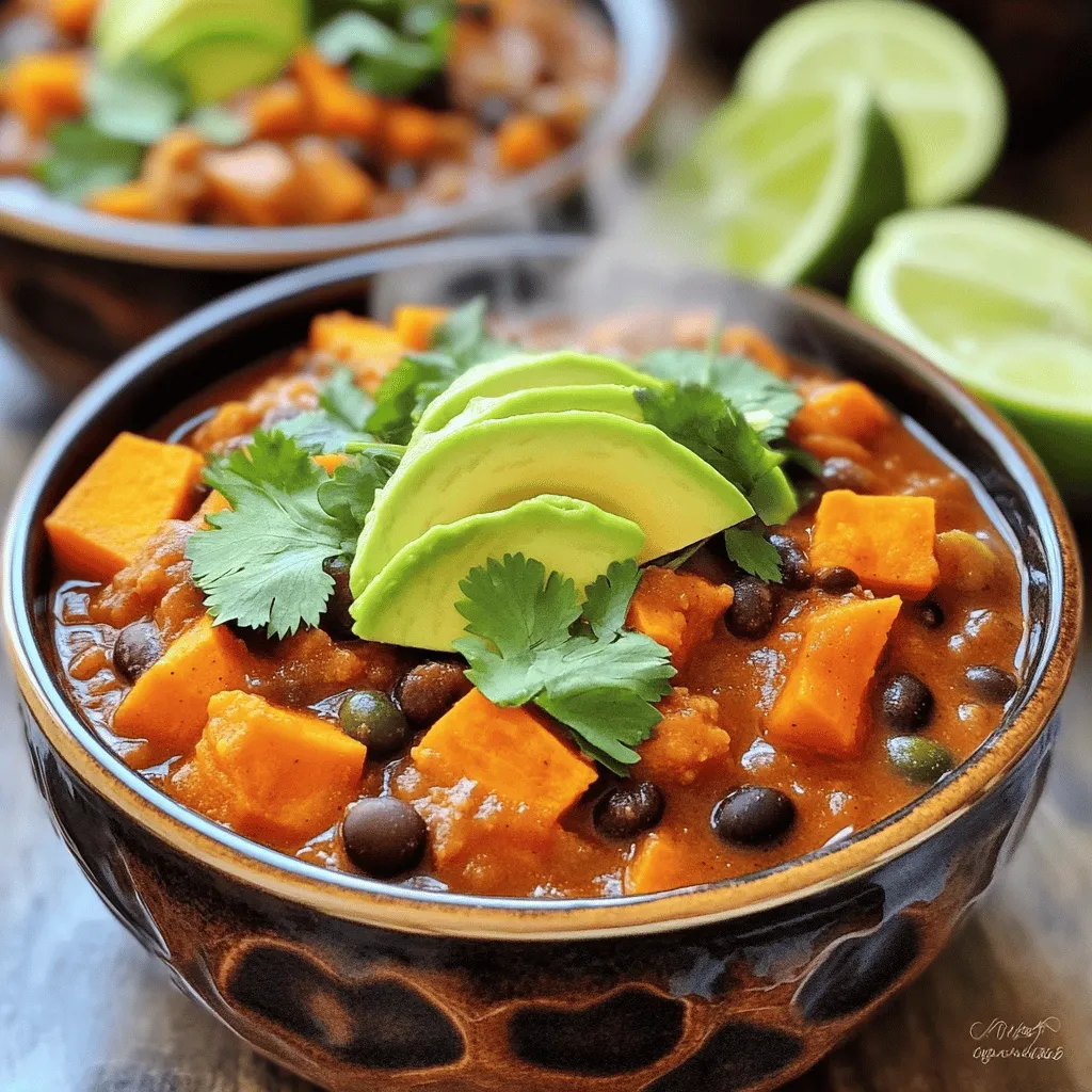 To make sweet potato and black bean chili, you need a few key items: - 2 medium sweet potatoes, peeled and diced - 1 can (15 oz) black beans, rinsed and drained - 1 can (14 oz) diced tomatoes with green chilies - 1 onion, chopped - 3 cloves garlic, minced - 1 red bell pepper, chopped - 1 tablespoon olive oil - 2 teaspoons ground cumin - 2 teaspoons chili powder - 1 teaspoon smoked paprika - 1 cup vegetable broth - Salt and pepper to taste - Fresh cilantro for garnish - Avocado slices for serving (optional) - Lime wedges for serving (optional) These ingredients create a rich, hearty flavor. The sweet potatoes add natural sweetness, while the black beans provide protein and texture. The spices bring warmth and depth to the dish. If you can't find some ingredients, don't worry! Here are some easy swaps: - Use butternut squash instead of sweet potatoes. - Canned kidney beans or pinto beans can replace black beans. - Fresh tomatoes work well if you don't have canned ones. - Any color bell pepper can work if red isn’t available. - You can use vegetable oil instead of olive oil for frying. These substitutes still give you a tasty chili. Feel free to mix and match based on what you have. Choosing fresh ingredients is key for great chili. Here’s how to pick the best: - Sweet Potatoes: Look for firm, smooth skin. Avoid any with spots or soft areas. - Onions: Choose onions that feel heavy for their size and have dry skin. - Bell Peppers: Pick peppers that are shiny and firm. They should feel heavy too. - Garlic: Choose bulbs that are firm and plump. Avoid any that feel soft or sprouted. Fresh ingredients lead to a more vibrant flavor. Trust your senses when selecting! For the full recipe, check out the complete guide to making sweet potato and black bean chili. To start, gather all your ingredients. You will need sweet potatoes, black beans, diced tomatoes, onion, garlic, and red bell pepper. Measure out your spices, olive oil, and vegetable broth. - 2 medium sweet potatoes, peeled and diced - 1 can (15 oz) black beans, rinsed and drained - 1 can (14 oz) diced tomatoes with green chilies - 1 onion, chopped - 3 cloves garlic, minced - 1 red bell pepper, chopped - 1 tablespoon olive oil - 2 teaspoons ground cumin - 2 teaspoons chili powder - 1 teaspoon smoked paprika - 1 cup vegetable broth - Salt and pepper to taste - Fresh cilantro for garnish - Avocado slices for serving (optional) - Lime wedges for serving (optional) Now, prepare your workspace. Chop the onion, garlic, and red bell pepper. Dice the sweet potatoes into small cubes. This helps them cook evenly. Heat the olive oil in a large pot over medium heat. Add the chopped onion first. Cook it for about five minutes. You want it soft and clear. Next, add the minced garlic and chopped bell pepper. Cook these for 2-3 minutes. You should smell the garlic. Now, stir in the diced sweet potatoes. Add the cumin, chili powder, and smoked paprika. Cook for another 2-3 minutes. This step coats the potatoes with the spices. Pour in the diced tomatoes and their juices, black beans, and vegetable broth. Stir everything well. Bring this mixture to a boil. Once boiling, lower the heat to let it simmer. Let it cook for 25-30 minutes. Stir occasionally. Check if the sweet potatoes are tender. They should be soft enough to mash with a fork. After cooking, season the chili with salt and pepper to taste. If you want it spicier, add chili flakes or chopped jalapeños. Once done, remove the pot from the heat. Let it rest for a few minutes before serving. This helps the flavors meld well. For the best presentation, serve the chili in bowls. Garnish with fresh cilantro and avocado slices. Add lime wedges on the side for a zesty touch. Enjoy your flavorful delight! For the full recipe, check out the recipe section above. To make the best sweet potato and black bean chili, follow these tips: - Cut sweet potatoes evenly: This ensures they cook at the same rate. - Sauté onions well: Cook them until they are soft and sweet. This adds depth. - Use fresh spices: Fresh spices give your chili a bolder flavor. Check dates on spice jars. - Simmer gently: Let the chili simmer slowly. This helps all flavors blend well. Want your chili spicier? Here’s how: - Add chili flakes: Start with a small pinch and taste as you go. - Use fresh jalapeños: Dice them in for a fresh spicy kick. - Try hot sauce: A few drops can enhance the heat. Always taste first! If you prefer mild flavors, skip the chili flakes and jalapeños. You can also add more sweet potatoes to balance the heat. Serve your chili in a fun way: - Garnish with cilantro: This adds color and freshness. - Top with avocado slices: Creamy avocado pairs perfectly with chili. - Serve lime wedges: A squeeze of lime brightens the flavors. For a complete meal, serve your chili with warm cornbread or over rice. You can find the full recipe for my sweet potato and black bean chili in the earlier sections. Enjoy every bite! {{image_2}} Want to add protein to your sweet potato and black bean chili? You have many options! You can use ground turkey or beef for a heartier dish. For a lighter choice, try chicken breast. Cook the meat first in the pot before adding the other ingredients. If you prefer plant-based options, diced tofu or tempeh work well. Both soak up the chili's flavors nicely. This chili is naturally vegetarian and can easily be vegan. Just check your broth to ensure it has no animal products. You can also add more beans or lentils for extra nutrition. If you like a creamy texture, stir in some coconut milk. It adds richness without dairy. You can experiment with different beans too. Pinto or kidney beans can be great in this dish. To elevate your chili's taste, think about adding herbs and spices. Fresh cilantro adds a bright flavor. If you enjoy heat, toss in some diced jalapeños or chili flakes. For a touch of sweetness, try adding a dash of cinnamon. It might sound odd, but it works! You can also experiment with smoked paprika for an even deeper flavor. Don't be afraid to play with the spices; they can change your dish entirely. For the full recipe, visit the [Full Recipe]. After enjoying your sweet potato and black bean chili, store leftovers in an airtight container. Let it cool first before sealing. This helps keep the chili fresh. You can keep it in the fridge for up to four days. If you want to enjoy it later, freezing is a great option. To reheat, you can use the stove or microwave. For the stove, place the chili in a pot over medium heat. Stir it often until it warms up. This usually takes about 5 to 10 minutes. If you use a microwave, pour the chili into a microwave-safe bowl. Heat it for about 2 to 3 minutes, stirring halfway through. Make sure it’s hot all the way through. Freezing is best if you want to save your chili for later. Pour the cooled chili into freezer bags or containers. Leave some space at the top to allow for expansion. Label the bags with the date and freeze. Your chili can last up to three months in the freezer. When you're ready to eat it, thaw it overnight in the fridge. Then, reheat as mentioned above. This makes meal prep easy and delicious! For the complete recipe, check out the Full Recipe link above. To add heat to your chili, try these simple tips. You can add chili flakes or diced jalapeños. Both options can spice up your dish without much effort. If you like it extra hot, add some diced fresh peppers during cooking. You can also mix in a splash of hot sauce at the end. Just remember to taste as you go. You want a nice balance of heat and flavor. Yes, you can prepare this chili in advance. It stores well in the fridge for up to four days. Simply cool it down and place it in an airtight container. You can also freeze it for up to three months. To reheat, just thaw it overnight in the fridge and warm it on the stove. This makes it a great meal prep option for busy days. Toppings can enhance your chili's flavor and texture. Fresh cilantro adds a nice pop of color and taste. Slices of avocado bring creaminess. You can also use shredded cheese or a dollop of sour cream. Lime wedges give a zesty finish. Try different combinations to find your favorite way to enjoy your chili. For more ideas, check the Full Recipe. You now have a complete guide to making sweet potato and black bean chili. We covered key ingredients, cooking steps, and helpful tips. You learned how to add your own twist with protein and spices. Storing and reheating tips will keep your chili fresh for later. I hope you feel ready to make this dish customized to your taste. Enjoy making a warm bowl that everyone will love. Your journey to delicious chili starts now!