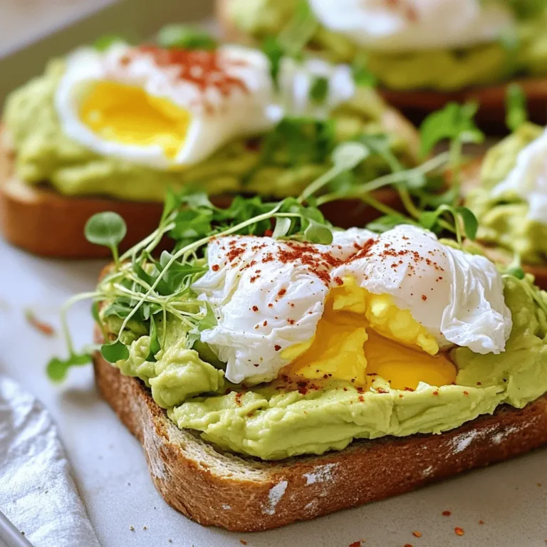 To make satisfying avocado toast with poached egg, you need fresh ingredients. Here’s a detailed list of what you'll need: - 2 ripe avocados - 4 slices of whole-grain bread - 4 large eggs - 1 tablespoon apple cider vinegar - 1 teaspoon red pepper flakes - 1 tablespoon lemon juice - Salt and pepper to taste - Fresh microgreens or arugula for garnish - Olive oil for drizzling Each ingredient plays a key role in making this dish delicious and nutritious. The ripe avocados offer creaminess and healthy fats, while the whole-grain bread adds fiber. The eggs bring protein and richness, and the vinegar helps in poaching the eggs perfectly. Using lemon juice adds a bright flavor, and red pepper flakes give it a little kick. You can adjust the salt and pepper to fit your taste. For garnish, microgreens or arugula add freshness and color. Don't forget to drizzle olive oil for that extra touch of flavor. For the full recipe and instructions, check the recipe above. - Start by toasting 4 slices of whole-grain bread. Toast them until they are golden brown. - Once toasted, set the bread aside on a plate. - Cut 2 ripe avocados in half. Remove the pit and scoop the flesh into a bowl. - Mash the avocado with a fork until it is creamy but still has some lumps. - Stir in 1 tablespoon of lemon juice, 1 teaspoon of red pepper flakes, and add salt and pepper to taste. - Set up your poaching station by filling a medium saucepan with about 3 inches of water. - Heat the water over medium heat until it gently simmers. Add 1 tablespoon of apple cider vinegar. - Crack 1 egg into a small bowl, then gently slide it into the simmering water. Repeat for the other eggs. - Poach the eggs for about 3-4 minutes for a runny yolk. Adjust the time if you want firmer yolks. - Carefully remove the poached eggs with a slotted spoon. Place them on a paper towel to drain. - Take each slice of toasted bread and spread a generous amount of the mashed avocado on top. - Place a poached egg on each piece of avocado toast. - For extra flavor, sprinkle a little more salt, pepper, and drizzle olive oil on top. - Garnish with fresh microgreens or arugula for a vibrant touch. For the full details on this delicious dish, refer to the Full Recipe. To make a great poached egg, keep the water at a gentle simmer. Too much heat will break the egg apart. Adding vinegar helps the egg whites set faster. Use about one tablespoon of apple cider vinegar for every three inches of water. For a runny yolk, cook the egg for about 3-4 minutes. If you like a firmer yolk, add a minute or two to the cooking time. Look for avocados that feel slightly soft when you gently squeeze them. They should have a slight give, but not be mushy. Hass avocados are the best choice for this dish. They have a rich, creamy texture and great flavor. Other types, like Fuerte or Bacon, can work, but they are not as creamy. Serve your avocado toast with a side of fresh fruit or a simple salad. A cold drink like iced tea or fresh juice pairs well too. For brunch, this dish looks great on a platter. Use colorful plates and add herbs or microgreens for a pop of color. This makes it perfect for gatherings and impresses your guests. {{image_2}} Want to add some heat? Drizzle chili oil on top of your avocado toast. You can also add sliced jalapeños for a fresh kick. This spice enhances the creamy avocado and pairs well with the poached egg. It brings excitement to the dish and wakes up your taste buds. For a fancy twist, try adding feta cheese or smoked salmon. Crumble feta over the avocado for a tangy flavor. If you love seafood, place a slice of smoked salmon on top. Both options elevate the dish and add rich textures. They make your avocado toast feel like a special treat. If you want a plant-based choice, substitute the eggs with alternatives like tofu or chickpea scramble. Both options provide protein and nutrients. You can also try using avocado spread on toast topped with sliced tomatoes or cucumber. These alternatives keep the toast satisfying and delicious without eggs. Explore these variations to make your avocado toast a unique experience! For a full recipe, check out the complete guide on crafting this delightful dish. To save uneaten toast, wrap it tightly in plastic wrap. This keeps it fresh. Store in the fridge for up to two days. You can also place it in an airtight container. For the avocado, keeping it fresh is key. Squeeze some lemon juice on top before storing. This helps slow down browning. Use an airtight container for best results. You can also cover it with plastic wrap. To reheat toasted bread, use a toaster or an oven. Toasting again gives it a nice crisp. If using an oven, set it to 350°F and heat for about 5 minutes. For poached eggs, reheating needs care. Place the poached egg in warm water for about 2 minutes. This brings back the warmth without cooking it more. Enjoy your leftovers just as much as the first time! If you want the full recipe, check it out [here](#). Whole-grain bread is my top choice. It offers fiber and rich flavor. Sourdough also works well. It gives a nice tang and chewy texture. Gluten-free bread can be used too. Choose one that you enjoy. Yes, you can prepare it ahead of time. To prevent browning, add lemon juice. Store it in an airtight container. Press plastic wrap directly on the mixture. This limits air and keeps it fresh. You can replace the eggs with tofu. Silken tofu works great. You can also use chickpea flour to create a scramble. Add spices to boost the flavor. Try nutritional yeast for a cheesy taste. Avocado toast is full of healthy fats. It contains vitamins and minerals like potassium and vitamin E. It can help you feel full longer. One serving has about 300 calories, depending on toppings. Enjoy this tasty and nutritious meal! This blog post covered a delicious avocado toast recipe. It included ingredient lists, step-by-step instructions, and helpful tips. You learned how to toast bread, prepare ripe avocados, and poach eggs. We also explored tasty variations and storage advice. Avocado toast is versatile and healthy. You can customize it to fit your taste. Whether for brunch or a quick meal, this dish shines. Enjoy your cooking adventure with avocado toast!