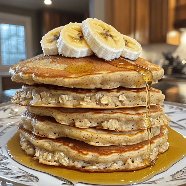 To make delicious banana oatmeal pancakes, gather these simple ingredients: - 1 cup rolled oats - 1 ripe banana, mashed - 1 cup milk (dairy or plant-based) - 1/2 teaspoon baking powder - 1/2 teaspoon cinnamon - 1 tablespoon honey or maple syrup (optional) - 1/4 teaspoon vanilla extract - Pinch of salt - Olive oil or butter for cooking These ingredients come together to create a tasty breakfast. The rolled oats add texture, while the banana brings natural sweetness. You can personalize your pancakes with these optional ingredients: - Chopped nuts (like walnuts or pecans) - Chocolate chips for a sweet twist - Fresh berries for a fruity boost - A dash of nutmeg for added warmth These ingredients let you create your favorite flavor profile. Mix and match to keep breakfast exciting! Need to make changes? Here are some easy substitutions: - Use gluten-free oats to make this recipe gluten-free. - Swap the milk for almond or oat milk for a dairy-free option. - Replace honey with agave syrup for a vegan-friendly choice. These modifications ensure everyone can enjoy banana oatmeal pancakes. Just remember that some changes may affect texture or taste. Enjoy experimenting! To make Banana Oatmeal Pancakes, you start by blending the oats. Take 1 cup of rolled oats and blend them until they form a fine flour. This step is key for a smooth texture. Next, add 1 ripe mashed banana, 1 cup of milk, 1/2 teaspoon of baking powder, 1/2 teaspoon of cinnamon, and a pinch of salt. If you want more sweetness, include 1 tablespoon of honey or maple syrup. Blend this mix until it is creamy and smooth. Then, heat a non-stick skillet over medium heat. Lightly grease it with olive oil or butter to keep the pancakes from sticking. Pour about 1/4 cup of your batter onto the skillet for each pancake. Cook for 2-3 minutes until small bubbles form on the surface. Flip the pancakes and cook for another 2-3 minutes until they are golden brown. Repeat until you use all the batter. Blending your ingredients properly is essential. Make sure your oats are finely ground. This ensures a better pancake texture. If your blender struggles, stop and stir the mix. Then, blend again until smooth. When you add the banana, make sure it is very ripe. A ripe banana makes the pancakes sweeter and more flavorful. Cooking pancakes perfectly takes practice. Keep the heat at medium, not high. High heat can burn the pancakes before they cook through. If you notice browning too fast, lower the heat. Use a non-stick skillet for the best results. You can also use a bit of cooking spray to help. Flip the pancakes gently to avoid breaking them. Serve them warm with toppings like bananas or maple syrup. For a great recipe, check out the Full Recipe. To make your banana oatmeal pancakes fluffy, use fresh ingredients. Ensure your baking powder is not expired. This helps the pancakes rise nicely. Blend your oats finely for a smooth batter. A smooth batter helps pancakes cook evenly. Do not overmix your batter; just blend until combined. Let the batter sit for a few minutes before cooking. This allows the oats to soak up the liquid. One common mistake is using too much flour. Stick to the rolled oats; they provide great texture. Also, avoid cooking on high heat. This can burn the pancakes' outside while leaving the inside raw. Make sure to flip your pancakes only when bubbles form on the surface. This signals that they are ready to turn. Lastly, do not skip the oil or butter in the pan. This keeps them from sticking. For these pancakes, you will need a good blender or food processor. This helps create a fine oat flour. A non-stick skillet or griddle is best for cooking. It ensures easy flipping and even cooking. Use a measuring cup for portioning the batter. This helps keep your pancakes uniform. A spatula is essential for flipping. With these tools, your cooking process will be smooth and fun. For the full recipe, check out the complete guide. {{image_2}} You can make your banana oatmeal pancakes even better by adding chocolate chips or nuts. I love mixing in a handful of dark chocolate chips. They melt and create a sweet treat in every bite. You can also add chopped walnuts or pecans for a nice crunch. Just stir them into the batter before cooking. This small change makes the pancakes taste amazing and adds texture. If you need gluten-free pancakes, use certified gluten-free oats. This swap works perfectly and keeps the taste great. For vegan pancakes, replace the milk with a plant-based option like almond or oat milk. You can also skip honey and use maple syrup instead. These swaps make the pancakes fit for everyone, without losing flavor. Seasonal fruits and spices can change the flavor of your pancakes. In summer, try adding fresh blueberries or strawberries. They add a burst of freshness. In the fall, sprinkle in pumpkin spice or nutmeg for a cozy taste. This gives your pancakes a fun twist and keeps them exciting all year long. For the full recipe, check out my guide on how to make banana oatmeal pancakes. To store leftover pancakes, let them cool first. Place them in a single layer on a plate. Cover the plate with plastic wrap or foil. If you have many pancakes, stack them with parchment paper between each one. This keeps them from sticking together. Store them in the fridge for up to three days. When you are ready to eat the pancakes, you can reheat them easily. The best way is to use a skillet. Heat your skillet over low heat. Add a little butter or oil. Place the pancakes in the skillet for about one minute on each side. This makes them warm and crispy again. You can also use the microwave. Heat each pancake for about 15-20 seconds. This works, but they may not be as crisp. Freezing pancakes is a great way to save time. After they cool, place them in a single layer on a baking sheet. Put the baking sheet in the freezer for about an hour. Once they are frozen, transfer them to a freezer bag. Label the bag with the date. You can keep them in the freezer for up to three months. When you want to eat them, just reheat them directly from the freezer. Enjoy those tasty pancakes whenever you like! For the full recipe, check the details provided above. Yes, you can make these pancakes ahead of time. Cook the pancakes as per the full recipe. Let them cool completely. Then, stack them with parchment paper in between. Place the stack in an airtight container. You can store them in the fridge for up to three days. If you want to keep them longer, freeze them. They can last up to a month in the freezer. Making these pancakes healthier is easy! You can try these tips: - Use whole oats instead of instant oats for more fiber. - Substitute milk with almond or oat milk for fewer calories. - Replace honey or syrup with mashed fruit for natural sweetness. - Add chia seeds or flaxseeds for extra nutrients. - Use unsweetened applesauce instead of oil or butter for a low-fat option. These pancakes are tasty on their own, but you can make them even better! Here are some ideas: - Top with fresh fruit like strawberries or blueberries. - Drizzle with honey or maple syrup for sweetness. - Serve with yogurt for a creamy touch. - Add nuts or seeds for crunch. - Pair with a side of scrambled eggs for protein. These simple serving ideas can take your banana oatmeal pancakes to the next level! You now know how to make great banana oatmeal pancakes. We covered all the ingredients, from the basics to fun custom options. I shared tips for blending and cooking to help you succeed. Don’t forget the variations to keep breakfast exciting! Lastly, I shared storage tips so you can enjoy leftovers later. Try these pancakes and see how easy and tasty they are. Enjoy your cooking adventure!