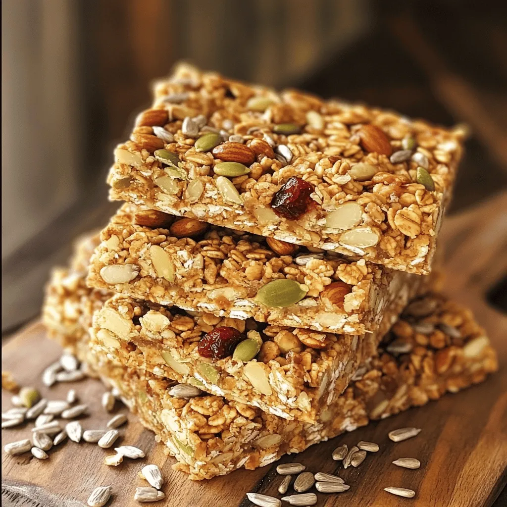 Here are the ingredients you need to make nutty granola bars: - 2 cups rolled oats - 1/2 cup almond butter - 1/4 cup honey or maple syrup - 1/2 cup mixed nuts (almonds, walnuts, pecans, chopped) - 1/4 cup pumpkin seeds - 1/4 cup sunflower seeds - 1/2 cup dried fruits (cranberries or raisins) - 1/2 teaspoon cinnamon - 1/4 teaspoon salt - 1 teaspoon vanilla extract Using fresh nuts and seeds is key. They add flavor and crunch. Old nuts can taste stale or even bitter. Always check the expiration date before you buy. If you have allergies, you can swap some ingredients. Use sunflower butter instead of almond butter for nut-free bars. You can also replace honey with agave syrup for a vegan option. This way, you can enjoy these tasty snacks without worry. For the dried fruits, try using apricots or figs. They work well too. Just remember, the more you mix and match, the more fun your bars can be! For the full recipe, follow the step-by-step instructions to make your delicious nutty granola bars. How do you prepare nutty granola bars? Follow these steps for great results. 1. Preheat the Oven: Set your oven to 350°F (175°C). This helps your bars bake evenly. 2. Prepare Your Dish: Line an 8-inch square baking dish with parchment paper. Leave some paper hanging out for easy removal later. 3. Mix Dry Ingredients: In a large bowl, combine: - 2 cups rolled oats - 1/2 cup mixed nuts (almonds, walnuts, pecans, chopped) - 1/4 cup pumpkin seeds - 1/4 cup sunflower seeds - 1/2 cup dried fruits (like cranberries or raisins) - 1/2 teaspoon cinnamon - 1/4 teaspoon salt Stir everything together until well mixed. This mix gives your bars a great crunch. 4. Melt Wet Ingredients: In a small saucepan over low heat, melt: - 1/2 cup almond butter - 1/4 cup honey or maple syrup Stir until smooth. Remove from heat and add 1 teaspoon vanilla extract. 5. Combine Ingredients: Pour the melted mixture over the dry ingredients. Mix well until everything is coated. This step is key for flavor. 6. Press Into Dish: Transfer the mixture to your prepared baking dish. Press it down firmly to create an even layer. A tight pack helps the bars hold together. 7. Bake: Place in the oven and bake for 20-25 minutes. Look for a golden brown color around the edges. Check often to avoid burning. 8. Cool Before Cutting: Once done, take them out of the oven. Let them cool in the pan for about 10-15 minutes. Use the parchment overhang to lift the bars out and place them on a cutting board. 9. Slice and Store: Allow the bars to cool completely before cutting into squares. Store them in an airtight container for up to a week. For presentation, stack the bars on a wooden board. You can sprinkle extra nuts or seeds on top for a nice touch. Enjoy your nutty granola bars as a healthy and simple snack! How to adjust sweetness and texture You can change the sweetness by adding more or less honey or maple syrup. If you like a chewier bar, add more nut butter. For a crunchier bar, use less nut butter. You can also experiment with different sweeteners like agave or brown sugar. Best practices for mixing and compressing ingredients Mix dry ingredients well before adding the wet ones. This helps distribute flavors evenly. When you pour the wet mix in, stir until all dry bits are coated. To compress, use a spatula or your hands to press down hard. You want a firm, even layer. Troubleshooting common issues If your bars crumble, you may not have pressed them down enough. Try to really pack them in the baking dish. If they stick to the pan, ensure you use parchment paper and grease it lightly. If they are too hard, you might have baked them too long. Keep an eye on them during baking. Follow these tips to create granola bars that taste great and stay together. Enjoy experimenting! {{image_2}} You can have fun by mixing up your nutty granola bars. Start with the nuts. Instead of almonds, use cashews or hazelnuts. You can also try pecans or Brazil nuts. Each nut gives a new taste and texture to your bars. Spices can add great flavor too. Try adding nutmeg or ginger for warmth. A pinch of cardamom can also bring a unique twist. You can even add a bit of cocoa powder for a rich chocolate flavor. Want more chocolatey goodness? Mix in some dark chocolate chips or cacao nibs. They melt slightly and create a creamy texture. If you prefer fruity bars, add dried mango, blueberries, or apricots. They bring sweetness and chewiness to your snack. Remember, these little changes help you create your own favorite nutty granola bars. Each time you make them, you can try something new. For the full recipe, check the section above. To keep your nutty granola bars fresh, use an airtight container. This helps prevent moisture and keeps them from going stale. You can store them in a pantry or on a kitchen shelf, away from direct sunlight. These bars stay fresh for up to one week at room temperature. If you want them to last longer, consider freezing them. Wrap each bar tightly in plastic wrap and place them in a freezer bag. This method can keep them good for up to three months. When you're ready to eat, just take out a bar and let it thaw at room temperature. You can also heat them in the microwave for a few seconds if you prefer a warm snack. Enjoy your healthy and tasty treat anytime! Are nutty granola bars healthy? Yes, nutty granola bars are a healthy snack. They contain oats, nuts, and seeds. These ingredients provide fiber, protein, and healthy fats. They can satisfy your hunger and keep you energized. Can I make these bars gluten-free? Yes, you can make these bars gluten-free. Just use certified gluten-free oats. This simple swap ensures everyone can enjoy them without worry. What are the best nuts to use in granola bars? The best nuts for granola bars are almonds, walnuts, and pecans. Each nut adds a unique taste and texture. Feel free to mix your favorites for variety. How long do nutty granola bars last? Nutty granola bars last about one week when stored properly. Keep them in an airtight container. This helps them stay fresh and tasty. Can I adjust the recipe for dietary restrictions? Absolutely! You can adjust the recipe for dietary needs. For nut allergies, use seeds or nut butter alternatives. You can also swap honey for agave syrup to make it vegan. Check the Full Recipe for more ideas! You learned how to make nutty granola bars today. We discussed key ingredients and important steps. You gained tips for making them perfect and found fun variations to try. Remember, fresh ingredients and proper storage help keep your bars tasty. With this knowledge, you can create delicious snacks that fit your taste. Enjoy your granola bars and share them with friends and family for added fun. Happy cooking!