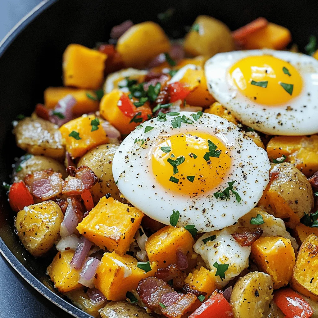 To make a hearty and flavorful breakfast hash, gather these essential ingredients: - 2 medium russet potatoes, diced - 1 small sweet potato, diced - 1 bell pepper (any color), chopped - 1 small red onion, finely chopped - 2 cloves garlic, minced - 3 slices of bacon, chopped (or use turkey bacon for a healthier option) - 4 large eggs - 1 teaspoon smoked paprika - Salt and pepper to taste - Fresh parsley, chopped (for garnish) - Olive oil, for cooking These ingredients work together to create a warm and filling dish. The diced potatoes form the base, while fresh veggies add color and crunch. You can choose bacon for a savory kick or turkey bacon for a lighter take. Topping it all off with eggs boosts the meal's protein. Seasoning your hash is key to enhancing its flavor. Use: - Smoked paprika, salt, and pepper - Fresh parsley for garnish - Olive oil for cooking The smoked paprika gives the hash a subtle depth. Salt and pepper bring out the natural flavors of the ingredients. Lastly, a sprinkle of fresh parsley adds a pop of color and freshness. This combination makes each bite a delight. For the full recipe, check out the cooking instructions to bring your breakfast hash to life! To start, grab a large skillet and heat a tablespoon of olive oil over medium heat. Add the chopped bacon and cook it until it turns crispy and brown. This should take about 5-7 minutes. The key to crispy bacon is to not overcrowd the pan. If you need to, cook it in batches. Once it's crispy, remove the bacon and set it aside. Keep the rendered fat in the pan. This fat adds flavor to the hash. Next, add your diced russet and sweet potatoes to the skillet. Season them with salt, pepper, and a teaspoon of smoked paprika. Stir them well. Cook the potatoes for about 8-10 minutes, stirring occasionally. You want them to turn golden brown and start softening. Seasoning is crucial here. It enhances the natural flavors and makes the dish more enjoyable. Now it’s time to add the chopped red onion, bell pepper, and minced garlic to the skillet. Cook these veggies for another 5-7 minutes. You want them to be tender but not mushy. After that, push the hash mixture to the side of the skillet. Crack your eggs directly into the pan. Cook them sunny-side up or over-easy, based on your taste. Let the eggs cook until the whites are set and the yolks are still runny, which takes about 2-4 minutes. Once the eggs are done, sprinkle the crispy bacon back into the skillet. Gently mix everything together. If needed, adjust the seasoning. Finally, remove the skillet from heat and garnish with freshly chopped parsley. This adds a nice touch and makes your hash look beautiful. For the full recipe, check out the details above! For golden brown potatoes, start with dry diced potatoes. Rinse them and pat them dry with a towel. This helps remove excess starch. Heat the skillet well before adding oil. A hot pan helps create that perfect crust. Cook the potatoes without stirring too often. Let them sit for a few minutes to allow browning. To avoid mushiness in the hash, don't overcrowd the skillet. If you add too many potatoes at once, they will steam instead of fry. Use medium heat to cook them evenly. Keep an eye on the time; potatoes should cook for about 10 minutes until they are tender. To elevate flavor, add spices like smoked paprika, garlic powder, or cumin. Fresh herbs like parsley or chives also brighten up the dish. Always taste your hash as you cook. Adjust seasoning to your liking. A little salt and pepper go a long way to bring out the flavors. For presentation, serve the hash on individual plates. Place each egg on top for a stunning look. Add extra parsley to give it a fresh pop of color. You can also serve avocado slices on the side. The creamy texture of avocado pairs well with the crispy hash. Try out these tips to make your savory breakfast hash truly special. For the complete guide, check out the Full Recipe. {{image_2}} You can easily make a vegetarian breakfast hash. Swap bacon for hearty vegetables. Try using mushrooms for a savory flavor. You can add chickpeas or black beans for protein. These ingredients give you a filling meal without meat. If you need a gluten-free hash, avoid regular potatoes. Use sweet potatoes or quinoa instead. These grains add texture and flavor. Be careful not to mix gluten items. Always use clean tools and surfaces. This way, you avoid cross-contamination. You can make your hash unique by using local ingredients. For example, in the Southwest, add jalapeños and chorizo. In the Northeast, try using kielbasa or sauerkraut. Each region has a flavor that can enhance your dish. Explore what your area offers and have fun with it. For the full recipe, check out the detailed instructions above. To store your leftover Savory Breakfast Hash, first let it cool down. Placing hot food in the fridge can cause condensation and spoilage. Once cool, transfer the hash to an airtight container. This helps keep it fresh. It can last in the fridge for up to four days. When placing it in the fridge, keep it on a middle shelf. This helps maintain a stable temperature. Avoid putting it in the door, as it gets warmer there. When it's time to enjoy your hash again, reheating correctly is key. Use a skillet over medium heat for the best results. Add a splash of olive oil to help restore moisture. Stir the hash often to heat it evenly. If you prefer a microwave, place your hash in a microwave-safe bowl. Cover it with a wet paper towel to keep it moist. Heat in short bursts, stirring in between. This helps to keep the texture intact. For added flavor, consider mixing in a bit more smoked paprika or fresh parsley while reheating. This will brighten up your dish and make it taste fresh again. Savory Breakfast Hash can last about three to four days in the fridge. Store it in an airtight container. Always check for signs of spoilage before eating. If you see mold or an off smell, throw it away. Yes, you can make Savory Breakfast Hash ahead of time. Cook it fully, then cool it before storing. This meal is perfect for meal prepping. You can reheat it for quick breakfasts during the week, saving you time. Pair Savory Breakfast Hash with fresh fruit, toast, or a simple salad. You can also add avocado slices for creaminess. Some people enjoy it with salsa or hot sauce for an extra kick. You can use other types of potatoes in Savory Breakfast Hash. Sweet potatoes add a nice flavor. Yukon gold potatoes give a buttery taste. Even cauliflower works if you want a low-carb option. Each type brings its own taste and texture, so feel free to experiment. In this blog post, we explored how to make a delicious savory breakfast hash. We covered essential ingredients like potatoes, vegetables, and protein. You learned step-by-step cooking tips and seasoning ideas for the best flavors. We also touched on variations for dietary needs and how to store leftovers. In closing, a well-made breakfast hash is a tasty start to your day. Enjoy experimenting with flavors and ingredients. You’ll find endless ways to make it your own.