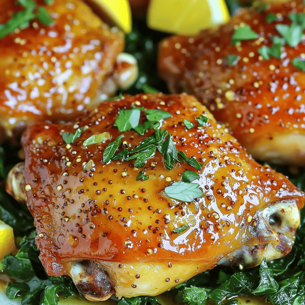 - 4 bone-in, skin-on chicken thighs - 1/4 cup Dijon mustard - 1/4 cup honey - 2 tablespoons olive oil - 2 tablespoons apple cider vinegar The main stars of this dish are the chicken thighs and the honey mustard marinade. The chicken thighs provide a juicy, rich flavor. The honey mustard marinade adds a sweet and tangy taste that enhances the chicken. - 3 cloves garlic, minced - 1 teaspoon dried thyme - 1 teaspoon smoked paprika - Salt and pepper to taste To boost the flavor, I use garlic, thyme, and smoked paprika. Garlic gives a strong aroma, while thyme adds earthiness. Smoked paprika brings a hint of warmth and depth. Don’t forget salt and pepper; they balance the dish. - Fresh parsley, chopped (for garnish) - Lemon wedges For a pop of color and freshness, I like to add fresh parsley on top. Lemon wedges add a zesty touch when served alongside. These garnishes not only look great but also enhance the dish’s flavor. You can find the full recipe [here](#). 1. Preheat your oven to 400°F (200°C). This ensures the chicken cooks evenly. 2. Make the marinade. In a bowl, mix the Dijon mustard, honey, olive oil, apple cider vinegar, minced garlic, dried thyme, smoked paprika, salt, and pepper. Whisk until smooth. 3. Prepare the chicken thighs. Pat the chicken thighs dry using paper towels. Season both sides with salt and pepper. 4. Marinate the chicken. Place the chicken thighs in a large bowl or a ziplock bag. Pour the honey mustard mixture over them. Make sure each piece is well coated. Let the chicken marinate for at least 30 minutes. For more flavor, marinate overnight in the fridge. 5. Sear the chicken thighs. Heat a large oven-safe skillet over medium-high heat. Add the marinated chicken thighs, skin-side down. Sear for about 5-7 minutes until the skin turns golden brown and crispy. 1. Bake the chicken thighs. Flip the chicken thighs over and pour any leftover marinade on top. Transfer the skillet to your hot oven. Bake for 25-30 minutes. The chicken should reach an internal temperature of 165°F (75°C). 2. Rest and garnish. Remove the skillet from the oven. Let the chicken rest for about 5 minutes. This helps keep the juices inside. Before serving, sprinkle fresh chopped parsley on top for color and flavor. - Tips for perfect searing. Make sure your skillet is hot before adding the chicken. This will help the skin get crispy. - Checking internal temperature. Use a meat thermometer to check the internal temperature. This ensures your chicken is safe to eat and perfectly cooked. Follow these steps for a delicious honey mustard chicken dish that impresses! For the complete recipe, refer to the Full Recipe section. Marinating chicken thighs gives them great flavor and tenderness. The honey mustard mix seeps into the meat, making every bite juicy. I always say, "The longer you marinate, the better the taste!" You can let your chicken soak in the marinade for at least 30 minutes. For a deeper flavor, try marinating overnight in the fridge. To get that crispy skin, always start by searing the chicken skin-side down. This step locks in the juices and adds a nice crunch. Cook it until golden brown, then flip it to finish in the oven. You can also play with flavors! Try adding herbs like rosemary or spices like cayenne for an extra kick. When serving honey mustard chicken thighs, think about sides that balance the dish. Roasted vegetables, mashed potatoes, or a fresh salad work well. For a lovely presentation, place the chicken on a bed of sautéed greens. Drizzle some pan juices over the top and add lemon wedges for color and zing. This makes it look as good as it tastes! For the full recipe, check out the instructions above. {{image_2}} You can change the mustard type in the recipe. Try whole grain mustard for a different texture. Yellow mustard gives a milder taste. Each type can shift the flavor. For honey substitutes, maple syrup works well. It adds a sweet touch and depth. Agave nectar is another great choice. Both keep the dish tasty while changing the sweetness. You can grill or bake the chicken thighs. Grilling gives a smoky flavor and crispy edges. Baking is easy and keeps the chicken juicy. Choose what fits your meal plan best. A slow cooker is also a great option. It makes the chicken very tender. Just mix the marinade and chicken in the pot. Cook on low for 6-8 hours for a simple dinner. If you're gluten-free, use gluten-free mustard. Many brands offer great options. Always check the label for safety. For low-carb diets, skip the honey. Use a sugar-free sweetener instead. This keeps the taste while lowering carbs. Enjoy this dish, no matter your diet! You can find the full recipe above. To keep your honey mustard chicken thighs fresh, follow these tips: - Refrigeration guidelines: Place leftover chicken thighs in an airtight container. They can last for up to four days in the fridge. Make sure the chicken cools down before sealing it. - Freezing tips: For longer storage, freeze the chicken. Wrap each thigh tightly in plastic wrap, then place them in a freezer bag. They stay good for up to three months. To enjoy your honey mustard chicken thighs again, reheat them properly: - How to reheat chicken thighs effectively: Preheat your oven to 350°F (175°C). Place the thighs in a baking dish, cover with foil, and heat for about 20-25 minutes. This keeps the chicken moist. You can also use a microwave. Heat on medium power for about 2-3 minutes, checking often to avoid drying out. Wondering how long your dish lasts? - How long the dish lasts properly stored: When stored correctly in the fridge, honey mustard chicken thighs last up to four days. If frozen, they stay tasty for about three months. Always check for any signs of spoilage before consuming. To make honey mustard chicken thighs, you start by marinating the chicken. The marinade includes Dijon mustard, honey, olive oil, apple cider vinegar, and spices. You mix these ingredients in a bowl until blended well. Then, pat the chicken dry and season it. Coat the chicken in the marinade and let it rest for at least 30 minutes. Next, heat an oven-safe skillet over medium-high heat. Place the thighs skin-side down and sear for 5-7 minutes until golden. Flip them over, pour any leftover marinade on top, and bake in a preheated oven at 400°F for 25-30 minutes. You want the chicken to reach 165°F inside. Let it rest for a few minutes before serving. This method ensures juicy, flavorful chicken with crispy skin. Yes, you can use boneless chicken thighs. They cook faster than bone-in thighs. Adjust the cooking time to about 20 minutes in the oven. Follow the same marinating and searing steps as with bone-in thighs. Just make sure to check for doneness using a meat thermometer. You want the internal temperature to still reach 165°F. The flavors from the honey mustard will still shine through with boneless thighs. Honey mustard chicken pairs well with many side dishes. Here are some tasty ideas: - Roasted vegetables like carrots, broccoli, or Brussels sprouts - A fresh green salad with mixed greens and a light vinaigrette - Creamy mashed potatoes or garlic mashed cauliflower - Quinoa or rice pilaf to soak up the sauce - Sautéed greens like spinach or kale These sides create a balanced meal and enhance the flavors of the chicken. Consider adding lemon wedges for a bright touch. For the full recipe, check out the detailed cooking steps provided above. In this blog post, we explored how to make delicious honey mustard chicken thighs. We covered essential ingredients, preparation steps, cooking tips, and variations. Remember, marinating enhances flavor and offers options to fit your taste. Storing leftovers correctly will keep your dish fresh. Experiment with different cooking methods and sides to make this meal your own. Enjoy creating your version of this tasty dish, and share it with those you love for a delightful meal!