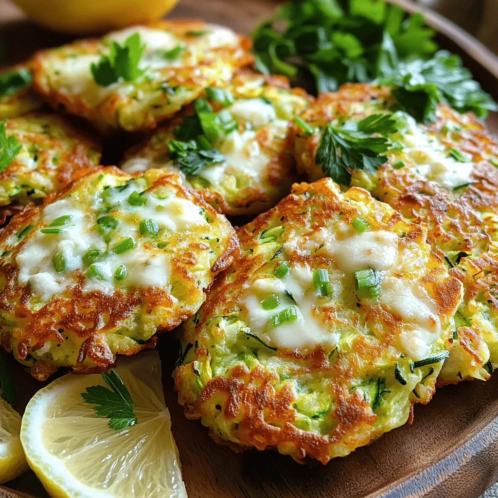 To make these tasty fritters, you need some fresh ingredients. Here’s what you’ll need: - 2 medium zucchinis, grated - 1 teaspoon salt - 1 cup all-purpose flour - 1/2 cup grated Parmesan cheese - 1/2 cup shredded mozzarella cheese - 2 large eggs - 3 green onions, finely chopped - 1 garlic clove, minced - 1 teaspoon dried oregano - 1/2 teaspoon black pepper - Olive oil, for frying These ingredients create a great mix of flavors. The cheeses add creaminess, while the zucchini brings moisture. Having a few pantry staples can make cooking easier. Consider keeping these on hand: - All-purpose flour - Olive oil - Dried oregano - Black pepper These basics help build many dishes. They are easy to use and store well. Want to spice things up? You can add different ingredients to your fritters. Here are some ideas: - Chopped bell peppers for crunch - Fresh herbs like basil or parsley - A pinch of red pepper flakes for heat These add-ins make your fritters unique. Feel free to experiment with your favorites! For the complete process, check out the Full Recipe. Start by grating the zucchinis into a large bowl. Use the large holes on your grater to make thin shreds. Once grated, sprinkle 1 teaspoon of salt over the zucchini. This step is key. Let it sit for about 10 minutes. The salt pulls out excess moisture, which helps make the fritters crispier. After 10 minutes, take a clean dish towel and place the zucchini in it. Squeeze it tightly to remove as much water as you can. This makes a big difference in texture. Now, take the drained zucchini and put it back in the bowl. Add the following ingredients: - 1 cup all-purpose flour - 1/2 cup grated Parmesan cheese - 1/2 cup shredded mozzarella cheese - 2 large eggs - 3 green onions, finely chopped - 1 garlic clove, minced - 1 teaspoon dried oregano - 1/2 teaspoon black pepper Mix everything together well. Use a fork or your hands to combine all the ingredients. The mixture should be thick but not dry. If it feels too wet, you can add a little more flour. Heat a generous amount of olive oil in a non-stick skillet over medium heat. You want enough oil to cover the bottom of the skillet but not too much. For each fritter, scoop about 2 tablespoons of the mixture. Flatten it slightly in the skillet. Cook the fritters for about 3-4 minutes on each side. Look for a golden brown color. Adjust the heat if they start to burn. Once cooked, place the fritters on a plate lined with paper towels. This helps soak up any extra oil. Repeat with the remaining mixture, adding more olive oil as needed. For the full recipe, check the earlier section on ingredients and instructions. Enjoy your savory cheesy zucchini fritters warm! To make your fritters crispy, follow a few steps. First, remove excess moisture from the zucchini. After grating, sprinkle salt and let it sit. This pulls out water. Next, use a clean towel to squeeze out even more liquid. The drier the zucchini, the crispier the fritters. Use enough olive oil in your skillet. It helps create a nice golden crust. Finally, cook them at medium heat for even browning. Avoid these common mistakes for the best fritters. First, do not skip squeezing out the moisture. Wet zucchini makes soggy fritters. Next, don’t overcrowd the pan. Give each fritter space to cook well. If you add too many at once, they will steam instead of fry. Lastly, watch the frying time. Overcooked fritters can burn quickly. For the best results, a non-stick skillet works great. It prevents sticking and makes flipping easy. Use a spatula to help lift the fritters without breaking them. A mixing bowl is also important for combining the ingredients. A grater helps to shred the zucchini finely. If you want to keep things tidy, a clean dish towel or cheesecloth is key for squeezing moisture. For the full recipe, be sure to check the instructions provided. {{image_2}} You can make your zucchini fritters even more delicious by adding different cheeses. For a rich flavor, try using aged cheddar. Goat cheese can add a tangy twist. You might also mix in some feta for a creamy texture. Just remember to keep the total amount of cheese about one cup. This way, your fritters will stay light and fluffy. If you like some heat, you can spice up your fritters. Add a diced jalapeño or a pinch of red pepper flakes to the mix. You can also include hot sauce in the batter for a kick. These spicy zucchini fritters will surely please those who enjoy bold flavors. Just adjust the spice level to your taste. To make these fritters gluten-free, switch the all-purpose flour with a gluten-free blend. Many blends work well in recipes like this. You can also use ground oats or almond flour for a nutty flavor. This way, everyone can enjoy these tasty zucchini fritters, no matter their dietary needs. For the full recipe, check the link. To keep your fritters fresh, store them in an airtight container. Let them cool down first. Place a paper towel at the bottom to absorb moisture. This keeps them crispy. Store them in the fridge for up to three days. When you want to enjoy your leftovers, the skillet works best. Heat a little olive oil in a pan on medium heat. Add the fritters and cook for about 2-3 minutes on each side. This brings back their crispiness. You can also use an oven. Preheat it to 350°F (175°C). Place the fritters on a baking sheet and heat for 10-15 minutes. If you want to save some for later, freezing is a great option. First, let the fritters cool completely. Then, place them in a single layer on a baking sheet. Freeze for about an hour. After that, transfer them to a freezer-safe bag. You can store them for up to three months. When ready to eat, just reheat from frozen using the oven or skillet. For the full recipe, check out the steps above! To make zucchini fritters less watery, start by salting the grated zucchini. This step pulls out moisture. Let it sit for about ten minutes. Then, use a clean dish towel to squeeze out the liquid. The drier the zucchini, the better the fritters. If you find them too wet, you can add a bit more flour to the mix. This will help bind everything together. Yes, you can bake zucchini fritters. Preheat your oven to 400°F (200°C). Place the fritters on a baking sheet lined with parchment paper. Brush or spray them lightly with olive oil. Bake for about 20 minutes, flipping halfway. They may not be as crispy as fried fritters, but they will still taste great. Savory cheesy zucchini fritters pair well with many sides. I love serving them with a dollop of sour cream or Greek yogurt. A side of fresh salad adds a nice crunch. You can also try them with a zesty dipping sauce, like tzatziki or a spicy aioli. For a bright touch, add lemon wedges on the side. Enjoy experimenting with different flavors! For the full recipe of these fritters, check out the section above. In this post, we explored the key ingredients for tasty zucchini fritters, from the main ones to optional add-ins. I shared step-by-step instructions and helpful tips for perfecting your fritters. We also discussed fun variations and storage methods. Remember, making mistakes is part of learning. Don’t let them stop you. Enjoy experimenting with flavors, and keep these fritters crispy and delicious!