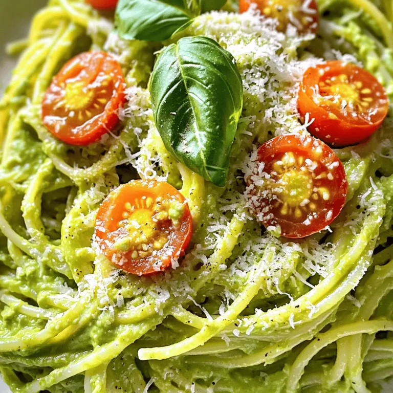 - 2 ripe avocados, pitted and peeled - 3 cloves garlic, minced - 2 tablespoons lemon juice - 1/4 cup fresh basil leaves These ingredients are key for a rich and creamy sauce. Ripe avocados give a buttery texture. Garlic adds flavor, while lemon juice brings a bright note. Fresh basil gives a lovely herb taste. - 1/4 cup grated Parmesan cheese or nutritional yeast - 3 tablespoons olive oil - Cherry tomatoes, halved (for garnish) Using Parmesan adds a savory touch. Nutritional yeast is a great vegan swap. Olive oil adds smoothness and richness. Cherry tomatoes not only look nice but also add a sweet burst. - Vegan substitutions: Use nutritional yeast instead of cheese. This keeps it plant-based. - Gluten-free pasta options: Swap regular pasta for gluten-free types. Brown rice or chickpea pasta works well. These choices make this dish suitable for many diets. You can enjoy creamy avocado pasta no matter your needs. For the full recipe, check out the details. First, fill a large pot with water and add salt. Bring the water to a boil. This step is key. The salt flavors the pasta. Once the water is boiling, add 12 ounces of spaghetti or your choice of pasta. Cook according to package instructions until it is al dente. This usually takes about 8 to 10 minutes. Do not forget this step: Reserve one cup of pasta water before draining the pasta. This water helps make the sauce creamy later. After reserving the water, drain the pasta and set it aside in the pot. Now, grab a food processor or blender. Add the two ripe avocados, three cloves of minced garlic, and ¼ cup of fresh basil leaves. Pour in 2 tablespoons of lemon juice and 3 tablespoons of olive oil. Blend until everything is smooth and creamy. If the sauce is too thick, add a few tablespoons of the reserved pasta water. Blend again until you reach the right consistency. Once blended, taste the sauce. Add salt and pepper to make it just right. Return the drained pasta to the pot. Pour the creamy avocado sauce over the pasta. Toss everything together well. Make sure all the pasta is coated evenly. If the sauce seems too thick, add more reserved pasta water. Now, it’s time to serve. Divide the creamy avocado pasta into bowls. For a pretty touch, garnish with halved cherry tomatoes and extra basil leaves. This dish looks as good as it tastes! Enjoy your meal. For the full recipe, check the link above. To get the right sauce thickness, you need to adjust it carefully. If your sauce is too thick, just add some reserved pasta water. This water helps loosen the sauce without losing flavor. It’s a key step. Always reserve some pasta water before draining the pasta. This way, you have it ready when you mix the sauce with the pasta. You can boost flavors by adding spices and herbs. A pinch of red pepper flakes brings warmth. Fresh herbs like parsley or cilantro can give a nice twist. You might also try toasted pine nuts for a crunchy topping. For an extra kick, consider adding lemon zest or a splash of balsamic vinegar. These simple tweaks can make your dish pop. Preparing ingredients ahead of time can save you minutes. Chop the garlic and basil and store them in a container. This way, you can blend the sauce faster. Another tip is to cook the pasta while you make the sauce. This cuts your cooking time down. Follow these tips for a quick and easy meal. For the full recipe, check out the Creamy Avocado Pasta section. {{image_2}} You can add protein to your creamy avocado pasta for a heartier meal. Here are two great options: - Grilled chicken: This adds a nice smoky flavor and makes it filling. - Shrimp or chickpeas: Shrimp brings a sweet taste, while chickpeas add a plant-based protein. Changing the flavor can make this dish even more exciting. Here are some ideas: - Adding different herbs: Try cilantro or parsley for a fresh twist. - Citrus variations: Use lime or orange juice for a bright zing. If you love heat, you can spice things up easily. Consider these options: - Incorporating chili flakes or fresh peppers: This adds a nice kick to your dish. - Experimenting with hot sauce: A few drops can transform the flavor profile. Feel free to mix and match these variations to make the dish your own. For the full recipe, check out the details above. To keep your creamy avocado pasta fresh, store it in the refrigerator. Use an airtight container to prevent air from getting in. This helps avoid browning of the avocado. You can keep it for up to three days. - Refrigeration tips: - Allow the pasta to cool before storing. - Layer a piece of plastic wrap directly on the pasta to reduce air exposure. When it's time to eat your leftovers, you can use either a microwave or stovetop. The microwave is quick, but be careful not to overheat. Overheating can make the sauce separate. - Stovetop method: - Heat on low, stirring gently. - Add a splash of reserved pasta water if needed to keep it creamy. Can you freeze avocado sauce? Yes, but it may change in texture. I suggest freezing just the sauce without the pasta. - Freezing best practices: - Use a freezer-safe container or bag. - Make sure to remove as much air as possible. - Label the container with the date for easy tracking. For freezing pasta dishes, it's best to avoid freezing once mixed. The pasta can become mushy. Instead, freeze the sauce and cook fresh pasta when you're ready to eat. For the full recipe, check out the complete steps and tips to make this dish shine! You can use any pasta you like! I often choose spaghetti for its long strands. Other great options include fettuccine, penne, or farfalle. These shapes hold the creamy sauce well. If you want a gluten-free option, try chickpea or zucchini noodles. They add a nice twist and keep the dish light. Yes, you can prep some ingredients ahead of time. Chop your garlic and basil a day before. Store them in the fridge to keep them fresh. You can also make the avocado sauce in advance. Just add a splash of lemon juice to keep it green. Store it in an airtight container. Cook the pasta right before serving for the best taste. Definitely! Avocados are full of healthy fats and fiber. They help keep your heart strong. Garlic adds flavor and has health benefits too. It can boost your immune system. Basil gives you vitamins and antioxidants. This dish fuels your body while tasting great. Enjoying it is a win-win! For the full recipe, check out the link provided. Creamy Avocado Pasta is a simple, tasty dish packed with great flavors. You need ripe avocados, garlic, lemon juice, and fresh basil for the sauce. You can add optional ingredients like Parmesan or cherry tomatoes to make it even better. Remember to adjust sauce thickness and try different herbs or spices to enhance the flavor. This dish is flexible and can fit many diets. Enjoy making it your own and share it with others!