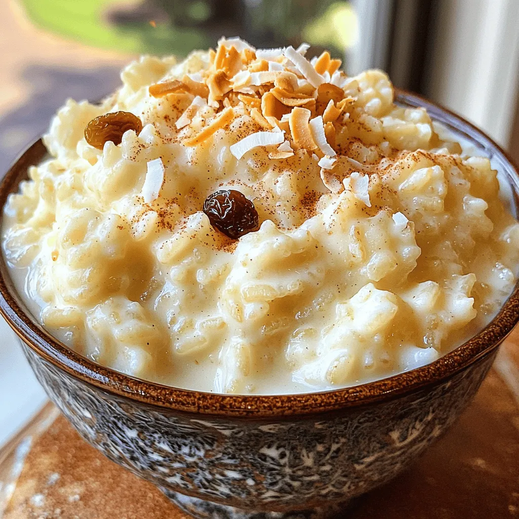 To make coconut milk rice pudding, you need a few key items. Here is what to gather: - 1 cup jasmine rice - 2 cups coconut milk - 2 cups water - 1/2 cup granulated sugar - 1/4 teaspoon salt - 1 teaspoon vanilla extract - 1/2 teaspoon cinnamon (plus extra for garnish) - 1/2 cup raisins (optional) - Toasted coconut flakes for garnish These ingredients come together to create a creamy, sweet treat that warms the soul. You can swap some ingredients if needed. Here are a few ideas: - Use arborio rice instead of jasmine rice for a creamier texture. - Swap coconut milk with almond milk for a lighter version. - Maple syrup can replace granulated sugar for a natural sweetener. - Use any dried fruit instead of raisins, like cranberries or apricots. These substitutes keep the dish tasty while allowing for dietary needs. Toppings can add fun and flavor to your pudding. Here are some great options: - More cinnamon for that extra spice kick. - Fresh fruit like mango or banana for a fruity touch. - Chopped nuts like almonds or pistachios for crunch. - A drizzle of honey or maple syrup for added sweetness. Feel free to mix and match these toppings to suit your taste! For the full recipe, refer to the earlier section. Start by rinsing the jasmine rice. Place it in a sieve and run cold water over it. Rinse until the water runs clear. This step removes excess starch. It helps keep your pudding from becoming too sticky. Next, combine the rinsed rice, coconut milk, and water in a medium saucepan. Heat this mixture over medium heat until it begins to boil. Once boiling, lower the heat. Stir in the sugar, salt, vanilla extract, and cinnamon. Mix well to combine all the ingredients. Cover the saucepan with a lid. Let it simmer on low heat for about 20 to 25 minutes. Stir occasionally to stop the rice from sticking to the bottom. You want the rice to be tender, and the pudding to thicken. If you want to add raisins, stir them in during the last five minutes. This lets them plump up nicely. When the rice pudding is done cooking, take it off the heat. Let it sit for about 5 to 10 minutes. This allows it to thicken even more as it cools down. You can serve the rice pudding warm or chilled. Scoop it into individual bowls for a lovely presentation. For a special touch, garnish with toasted coconut flakes and a sprinkle of cinnamon on top. This will enhance the flavor and make your dish look amazing. For the full recipe, check out the details above! To get the creamiest texture, use jasmine rice. Jasmine rice has a lovely, sticky quality. Rinse the rice well before cooking. This removes excess starch and helps keep the pudding smooth. Cook the rice in both coconut milk and water. The mix creates a rich flavor. Let it simmer on low heat. Stir occasionally, so it does not stick. Letting it sit after cooking helps thicken the pudding. One big mistake is not rinsing the rice. This can lead to a gummy texture. Another error is cooking at too high a heat. It can burn the rice and ruin the flavor. Don't skip the resting time after cooking. This step allows the pudding to thicken well. Lastly, avoid adding too much sugar at once. Add it gradually to taste. You can boost the flavor of your pudding. Try adding vanilla extract for warmth. A pinch of salt enhances sweetness, too. Cinnamon adds a nice, cozy spice. For extra texture, mix in raisins or toasted coconut flakes. These add chewiness and crunch. You can even try fresh fruit like mango or banana. They bring a bright, fresh taste to your creamy dish. For the full recipe, check out the detailed steps above. {{image_2}} You can make coconut rice pudding more fun by adding fruits. Pineapple, mango, or banana work great. Just chop them into small pieces and stir them in near the end of cooking. This will give your pudding a sweet, tropical vibe. The fresh fruit adds color and flavor, making every bite a delight. If you want a dairy-free treat, this recipe is perfect. Coconut milk is already dairy-free, so you can enjoy it without worry. Just keep the recipe as it is. You can also use maple syrup instead of sugar for a hint of natural sweetness. This way, you still get that creamy texture without any dairy. For a twist, try adding cardamom. This spice brings a warm, fragrant note to your pudding. Just add a pinch of ground cardamom when you mix in the sugar and cinnamon. It adds depth and makes the dish feel more special. You can also top with chopped pistachios for a crunchy finish. For the full recipe, check out the earlier section. Enjoy exploring these variations to make your coconut milk rice pudding truly your own! Store leftover coconut milk rice pudding in an airtight container. This keeps it fresh. Place it in the fridge within two hours of cooking. The pudding lasts about three days. When you want to eat it, check for any changes in smell or color. You can freeze coconut milk rice pudding for longer storage. First, let it cool completely. Then, scoop portions into freezer-safe containers. Leave some space at the top for expansion. It can last up to two months in the freezer. To use, thaw it in the fridge overnight. To reheat, put the pudding in a saucepan over low heat. Stir gently to avoid burning. If it seems dry, add a splash of coconut milk or water. Heat until warm, about five minutes. Serve it warm, and enjoy the creamy comfort. For the full recipe, check out the earlier section! To thicken coconut milk rice pudding, cook it longer. Stir often to prevent sticking. You can also add more rice or reduce the liquid. Adding a little cornstarch can help too. Mix the cornstarch with water before stirring it into the pudding. This method gives you a nice, creamy texture. Yes, you can use brown rice. It may take longer to cook, about 40-50 minutes. Brown rice gives a nuttier flavor and more chewiness. Just remember to adjust the water ratio. Use 2.5 cups of water for each cup of brown rice. This way, you will achieve a great texture. Coconut milk offers several health benefits. It contains healthy fats that can boost energy. These fats can support heart health too. Coconut milk also has vitamins and minerals like magnesium and potassium. It may help with digestion and boost immunity. Plus, it’s dairy-free, making it great for lactose-intolerant folks. Coconut milk rice pudding lasts about 4-5 days in the fridge. Store it in an airtight container to keep it fresh. If you notice any separation, just stir it before serving. This dish can be enjoyed warm or cold, so you have options! Yes, you can make coconut milk rice pudding ahead of time. It’s a great dish to prepare for gatherings. Just refrigerate it after cooking. Let it sit for a while before serving. For the best taste, make it a day in advance. You can find the Full Recipe in the earlier section for reference. You now know the key ingredients and steps to make coconut milk rice pudding. From cooking tips to tasty variations, you have the tools to create a great dish. Remember to store it correctly for future enjoyment. Whether you want a creamy classic or a fruity treat, there's a recipe for you. Enjoy experimenting and sharing your delicious creations with others!