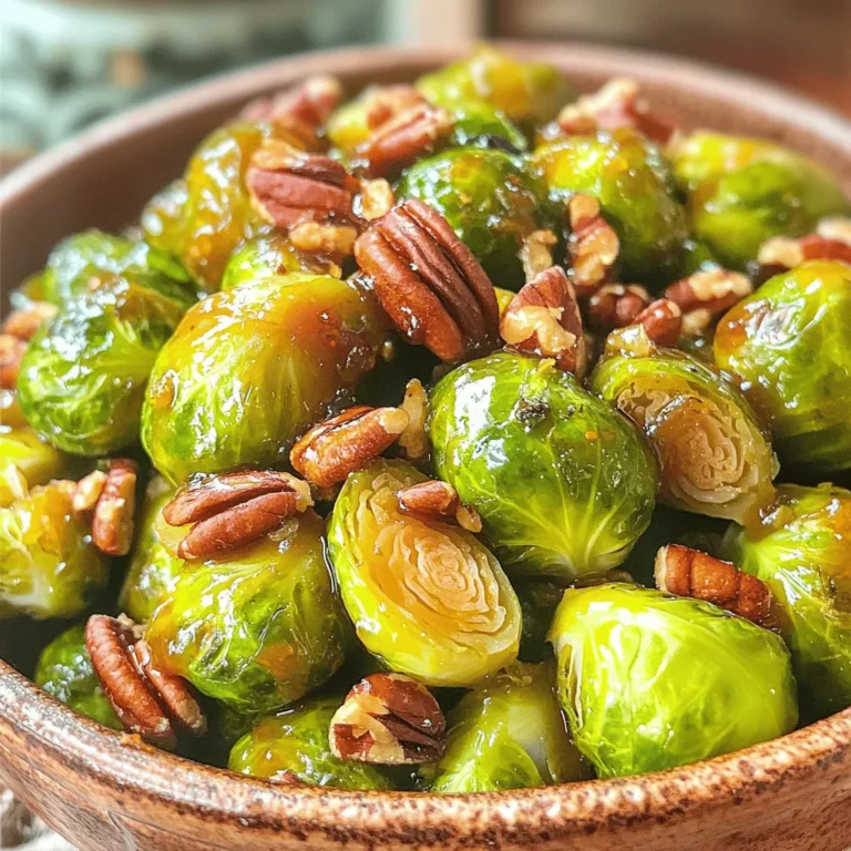 For this tasty dish, you need: - 1 pound Brussels sprouts, trimmed and halved - 3 tablespoons pure maple syrup - 2 tablespoons olive oil - 1 tablespoon balsamic vinegar - 1 teaspoon garlic powder - Salt and pepper to taste These main ingredients work together to create a sweet and savory flavor. The maple syrup adds sweetness, while the balsamic vinegar gives it a nice tang. The garlic powder enhances the taste, making each bite delicious. To boost the flavor even more, consider adding: - 1/2 cup pecans, roughly chopped - 1/4 teaspoon cayenne pepper (optional for a spicy kick) Pecans add a nice crunch, and cayenne pepper can bring some heat if you like it spicy. You can adjust these to fit your taste. This dish is not only tasty but also packs some nutrition. Each serving has: - Calories: Around 180 - Protein: 3 grams - Fat: 12 grams - Carbohydrates: 18 grams - Fiber: 4 grams Brussels sprouts are high in vitamins and low in calories, making them a smart choice. For the full recipe, check out the [Full Recipe]. Start by rinsing the Brussels sprouts under cold water. This step removes dirt and any residue. Trim the ends and slice them in half. This helps them cook evenly. Make sure they are about the same size for even roasting. Place your halved sprouts in a large bowl. In the same bowl, add the following ingredients: - 3 tablespoons pure maple syrup - 2 tablespoons olive oil - 1 tablespoon balsamic vinegar - 1 teaspoon garlic powder - Salt and pepper to taste - 1/4 teaspoon cayenne pepper (optional) Mix these well until the Brussels sprouts are coated. It's important to ensure every sprout gets that sweet glaze. If you like heat, add cayenne, but it’s not required. Preheat your oven to 400°F (200°C). Line a baking sheet with parchment paper. Spread the glazed Brussels sprouts evenly on the sheet. Make sure they are not crowded. Roast them for 20 minutes. After that, stir in the roughly chopped pecans. Return the baking sheet to the oven. Roast for another 10-15 minutes. Look for a nice caramelized color. When they are tender, remove them from the oven. Let them cool for a moment before serving. For the perfect touch, drizzle any leftover glaze from the baking sheet on top. Enjoy your meal! For the full recipe, check out the complete guide. To roast Brussels sprouts well, follow a few simple steps. First, cut them in half. This helps them cook evenly. Next, make sure to coat them well with oil and glaze. This keeps them moist and adds flavor. Use a large bowl for mixing. This gives you space to toss them without mess. Finally, spread the sprouts out on the baking sheet without crowding. This ensures they roast instead of steam. You can tweak the maple glaze to fit your taste. Want a touch of spice? Add a little cayenne pepper, just like in the recipe. For a tangy twist, mix in more balsamic vinegar. You can even swap maple syrup for honey or agave syrup if you prefer. Experiment with different spices, too. Try adding cinnamon or nutmeg for a warm flavor. Maple glazed Brussels sprouts make a great side dish. They pair well with roasted meats like chicken or pork. You could also serve them with grains like quinoa or rice. For a colorful plate, add some roasted carrots or sweet potatoes. This adds more flavor and nutrients. If you want a crunch, sprinkle some extra pecans on top before serving. For the full recipe, check out the details above. {{image_2}} You can easily turn your maple glazed Brussels sprouts into a full meal. Add cooked chicken, bacon, or tofu for protein. Just toss these in with the sprouts before roasting. This adds flavor and makes your dish more filling. Maple syrup is sweet and rich, but you can try other sweeteners too. Honey or agave syrup can work well. They will change the flavor slightly. You might find you like one better than the other. Just keep the same amount when you swap them out. Change up your Brussels sprouts for different holidays. For Thanksgiving, add cranberries for a festive touch. In winter, try adding roasted chestnuts for warmth. Each season brings unique flavors, so have fun experimenting! To keep your leftover Brussels sprouts fresh, place them in an airtight container. Make sure the container is sealed well. Store them in the fridge. They will stay good for about 3 to 4 days. If you notice any moisture inside the container, use a paper towel to absorb it. This helps prevent sogginess. When you're ready to eat your leftovers, reheat them gently. I recommend using the oven for the best taste. Preheat your oven to 350°F (175°C). Spread the Brussels sprouts on a baking sheet in a single layer. Heat them for about 10 minutes or until they are warm. This method keeps them crispy and tasty. You can also use a microwave if you're short on time, but the texture may not be as good. If you want to save your Brussels sprouts for later, freezing is a great option. First, cool them completely after cooking. Then, spread them out on a baking sheet and freeze them for about 2 hours. This prevents them from sticking together. Once frozen, transfer the sprouts to a freezer-safe bag or container. They can last for up to 3 months in the freezer. When you are ready to eat them, thaw them in the fridge overnight before reheating. Enjoy your maple glazed Brussels sprouts anytime! Yes, you can use frozen Brussels sprouts. Just thaw them and pat them dry. This helps to keep them from getting mushy. The flavor will still be good, but fresh sprouts offer a better texture. If you use frozen ones, adjust the cooking time. Cook them a bit longer to ensure they are tender and caramelized. You can swap out ingredients easily. Here are some ideas: - Use honey instead of maple syrup for sweetness. - Swap olive oil with avocado oil for a higher smoke point. - Use apple cider vinegar instead of balsamic vinegar for a different taste. - If you don’t have garlic powder, fresh minced garlic works great too. - Pecans can be changed to walnuts or almonds if desired. This recipe is mostly vegan already. Just ensure that the maple syrup is pure and not mixed with any other ingredients. All other ingredients are plant-based. You can also add a bit of nutritional yeast for a cheesy flavor. This will enhance the dish without using any animal products. Follow the [Full Recipe] for detailed steps to make this vegan dish. You now know how to make delicious maple glazed Brussels sprouts. We covered the key ingredients, step-by-step prep, and roasting tips. You can add your own twists with optional ingredients and variations. Remember, it's all about customizing the flavors to fit your taste. Whether you're storing leftovers or diving into FAQs, you have all the info you need. Enjoy making this tasty dish, and share it with others who will love it too!