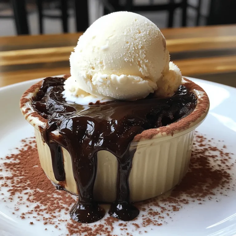 To make a perfect chocolate lava cake, you need simple ingredients. Here’s what you will need: - 1/2 cup unsalted butter - 1 cup dark chocolate chips (70% cocoa) - 1 cup powdered sugar - 2 large eggs - 2 large egg yolks - 1 teaspoon vanilla extract - 1/2 cup all-purpose flour - 1/4 teaspoon salt - 1/2 teaspoon espresso powder (optional) - Butter and cocoa powder for greasing ramekins - Vanilla ice cream or whipped cream for serving These ingredients create a delightful cake that has a rich, gooey center. The dark chocolate chips bring deep flavor, while the butter adds richness. The eggs and yolks make it light and fluffy. The espresso powder is optional but enhances the chocolate taste. In the Full Recipe, you will see how to combine these ingredients to create a dessert that impresses everyone. Enjoy your baking! First, preheat your oven to 425°F (220°C). This step is key for perfect baking. Grease four 6-ounce ramekins with butter. Then, dust them with cocoa powder to help release the cakes later. Next, in a medium microwave-safe bowl, melt 1/2 cup unsalted butter and 1 cup dark chocolate chips together. Use 30-second bursts in the microwave, stirring after each until smooth. Let this mixture cool slightly. In a new bowl, whisk together 1 cup powdered sugar, 2 large eggs, 2 large egg yolks, and 1 teaspoon vanilla extract. Mix until it looks well blended and frothy. Now, combine the melted chocolate mixture with the egg mixture. Stir gently until you blend them well. Sift in 1/2 cup all-purpose flour, 1/4 teaspoon salt, and 1/2 teaspoon espresso powder (if using). Fold these dry ingredients in gently—don’t overmix! Pour the batter into your prepared ramekins, filling them about 3/4 full. Place these ramekins on a baking sheet for easy handling. Bake them in your preheated oven for 12-14 minutes. The edges should be firm, while the center stays soft and gooey. After baking, take them out and let them cool for 1 minute. Use a knife to run around the edges to loosen the cakes. Now, invert each ramekin onto a plate. Lift them gently to release the lava cake. Serve the cakes hot, topped with a scoop of vanilla ice cream or a dollop of whipped cream. This adds a nice balance to the rich chocolate flavor. For the full recipe, check the section above. To get that gooey center, timing is key. Bake your cakes for 12 to 14 minutes. Keep an eye on them. The edges should be firm, while the middle stays soft. This is the sweet spot for lava flow. Let the cakes cool for one minute after baking. This step keeps them from falling apart. Run a knife around the edge to help them release easily. If your cakes turn out overcooked, don't worry. You can still enjoy them. They will not have the classic lava center, but they will still taste great. Serve them warm with ice cream. It makes them better! If your cakes stick to the ramekins, try these tips. Use butter and cocoa powder to grease them well before pouring in the batter. If they still stick, run a knife around the edges again. For this recipe, I recommend 6-ounce ramekins. They are the right size for perfect lava cakes. Use a baking sheet to catch any drips while they bake. Consider handy kitchen gadgets too. A silicone spatula can help mix your ingredients smoothly. A microwave-safe bowl makes melting chocolate easy. For the full recipe, check the details above. Enjoy making your chocolate lava cake! {{image_2}} You can easily play with flavors in chocolate lava cake. Adding flavored extracts can make a big difference. Try a splash of orange extract for a citrus twist. Mint extract adds a fresh, cool taste. You can also switch up the chocolate. Use milk chocolate for a sweeter cake. White chocolate gives a creamy taste that pairs well with berries. Want a gluten-free option? You can use almond flour instead of regular flour. This keeps the cake soft and delicious. For a vegan version, swap eggs with flaxseed meal or applesauce. These substitutes work well, making the cake just as tasty. How you serve your lava cake can impress your guests. Use different vessels like small mason jars or mini cast iron pans. This adds a fun touch. Toppings can elevate the dish too. Fresh berries add color and tartness. Chopped nuts provide crunch and flavor. For the ultimate treat, don’t forget a scoop of vanilla ice cream on top. It balances the rich chocolate perfectly. For the full recipe, check out Choco-Melt Lava Explosion . You can store the unbaked batter in the fridge. Make sure to cover the bowl tightly with plastic wrap. The batter stays fresh for up to 24 hours. Just remember to let it sit at room temperature for about 30 minutes before baking. This helps the batter regain its texture. If you have leftovers, store them in an airtight container. They keep well in the fridge for about 2 days. To reheat, place the cakes in the microwave for 15-20 seconds. Check every few seconds to avoid overcooking. This way, you maintain that gooey center. Yes, you can freeze cooked lava cakes! Wrap them well in plastic wrap, then place in a freezer bag. They stay good for up to 3 months. To thaw, move them to the fridge overnight. Reheat in the microwave as mentioned before for the best texture. For a complete guide, check out the Full Recipe. A chocolate lava cake is a warm dessert that has a gooey, melted chocolate center. It is also known as molten chocolate cake. The outside is baked until firm while the inside stays soft and liquid. When you cut into it, rich chocolate flows out, creating a delicious surprise. This cake is often served with ice cream or whipped cream for extra delight. To check if your lava cake is done, look at the edges. They should be firm, but the center still needs to jiggle slightly. You can also insert a toothpick into the edge. If it comes out clean, the edges are done, but the center should still feel soft. Remember, the key is to avoid overbaking. Yes, you can prepare lava cakes ahead of time. You can make the batter and pour it into ramekins. Cover them and store them in the fridge for up to 24 hours. When you are ready to bake, just take them out and bake them straight from the fridge. This makes it easy to serve a warm dessert anytime. For the full recipe, check out my detailed instructions to ensure success! You now know how to make a rich chocolate lava cake. I covered the key ingredients and provided steps for preparation, baking, and serving. With the tips I shared, you can avoid common mistakes and achieve that perfect gooey center. Remember, variations can add fun twists to your recipe. Store your creations properly to enjoy them later. Baking should be enjoyable. With practice, you'll impress everyone with this tasty dessert. Go ahead and create your sweet masterpiece!