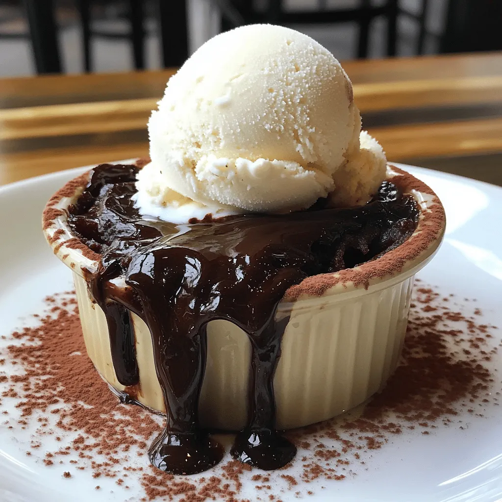 To make a perfect chocolate lava cake, you need simple ingredients. Here’s what you will need: - 1/2 cup unsalted butter - 1 cup dark chocolate chips (70% cocoa) - 1 cup powdered sugar - 2 large eggs - 2 large egg yolks - 1 teaspoon vanilla extract - 1/2 cup all-purpose flour - 1/4 teaspoon salt - 1/2 teaspoon espresso powder (optional) - Butter and cocoa powder for greasing ramekins - Vanilla ice cream or whipped cream for serving These ingredients create a delightful cake that has a rich, gooey center. The dark chocolate chips bring deep flavor, while the butter adds richness. The eggs and yolks make it light and fluffy. The espresso powder is optional but enhances the chocolate taste. In the Full Recipe, you will see how to combine these ingredients to create a dessert that impresses everyone. Enjoy your baking! First, preheat your oven to 425°F (220°C). This step is key for perfect baking. Grease four 6-ounce ramekins with butter. Then, dust them with cocoa powder to help release the cakes later. Next, in a medium microwave-safe bowl, melt 1/2 cup unsalted butter and 1 cup dark chocolate chips together. Use 30-second bursts in the microwave, stirring after each until smooth. Let this mixture cool slightly. In a new bowl, whisk together 1 cup powdered sugar, 2 large eggs, 2 large egg yolks, and 1 teaspoon vanilla extract. Mix until it looks well blended and frothy. Now, combine the melted chocolate mixture with the egg mixture. Stir gently until you blend them well. Sift in 1/2 cup all-purpose flour, 1/4 teaspoon salt, and 1/2 teaspoon espresso powder (if using). Fold these dry ingredients in gently—don’t overmix! Pour the batter into your prepared ramekins, filling them about 3/4 full. Place these ramekins on a baking sheet for easy handling. Bake them in your preheated oven for 12-14 minutes. The edges should be firm, while the center stays soft and gooey. After baking, take them out and let them cool for 1 minute. Use a knife to run around the edges to loosen the cakes. Now, invert each ramekin onto a plate. Lift them gently to release the lava cake. Serve the cakes hot, topped with a scoop of vanilla ice cream or a dollop of whipped cream. This adds a nice balance to the rich chocolate flavor. For the full recipe, check the section above. To get that gooey center, timing is key. Bake your cakes for 12 to 14 minutes. Keep an eye on them. The edges should be firm, while the middle stays soft. This is the sweet spot for lava flow. Let the cakes cool for one minute after baking. This step keeps them from falling apart. Run a knife around the edge to help them release easily. If your cakes turn out overcooked, don't worry. You can still enjoy them. They will not have the classic lava center, but they will still taste great. Serve them warm with ice cream. It makes them better! If your cakes stick to the ramekins, try these tips. Use butter and cocoa powder to grease them well before pouring in the batter. If they still stick, run a knife around the edges again. For this recipe, I recommend 6-ounce ramekins. They are the right size for perfect lava cakes. Use a baking sheet to catch any drips while they bake. Consider handy kitchen gadgets too. A silicone spatula can help mix your ingredients smoothly. A microwave-safe bowl makes melting chocolate easy. For the full recipe, check the details above. Enjoy making your chocolate lava cake! {{image_2}} You can easily play with flavors in chocolate lava cake. Adding flavored extracts can make a big difference. Try a splash of orange extract for a citrus twist. Mint extract adds a fresh, cool taste. You can also switch up the chocolate. Use milk chocolate for a sweeter cake. White chocolate gives a creamy taste that pairs well with berries. Want a gluten-free option? You can use almond flour instead of regular flour. This keeps the cake soft and delicious. For a vegan version, swap eggs with flaxseed meal or applesauce. These substitutes work well, making the cake just as tasty. How you serve your lava cake can impress your guests. Use different vessels like small mason jars or mini cast iron pans. This adds a fun touch. Toppings can elevate the dish too. Fresh berries add color and tartness. Chopped nuts provide crunch and flavor. For the ultimate treat, don’t forget a scoop of vanilla ice cream on top. It balances the rich chocolate perfectly. For the full recipe, check out Choco-Melt Lava Explosion . You can store the unbaked batter in the fridge. Make sure to cover the bowl tightly with plastic wrap. The batter stays fresh for up to 24 hours. Just remember to let it sit at room temperature for about 30 minutes before baking. This helps the batter regain its texture. If you have leftovers, store them in an airtight container. They keep well in the fridge for about 2 days. To reheat, place the cakes in the microwave for 15-20 seconds. Check every few seconds to avoid overcooking. This way, you maintain that gooey center. Yes, you can freeze cooked lava cakes! Wrap them well in plastic wrap, then place in a freezer bag. They stay good for up to 3 months. To thaw, move them to the fridge overnight. Reheat in the microwave as mentioned before for the best texture. For a complete guide, check out the Full Recipe. A chocolate lava cake is a warm dessert that has a gooey, melted chocolate center. It is also known as molten chocolate cake. The outside is baked until firm while the inside stays soft and liquid. When you cut into it, rich chocolate flows out, creating a delicious surprise. This cake is often served with ice cream or whipped cream for extra delight. To check if your lava cake is done, look at the edges. They should be firm, but the center still needs to jiggle slightly. You can also insert a toothpick into the edge. If it comes out clean, the edges are done, but the center should still feel soft. Remember, the key is to avoid overbaking. Yes, you can prepare lava cakes ahead of time. You can make the batter and pour it into ramekins. Cover them and store them in the fridge for up to 24 hours. When you are ready to bake, just take them out and bake them straight from the fridge. This makes it easy to serve a warm dessert anytime. For the full recipe, check out my detailed instructions to ensure success! You now know how to make a rich chocolate lava cake. I covered the key ingredients and provided steps for preparation, baking, and serving. With the tips I shared, you can avoid common mistakes and achieve that perfect gooey center. Remember, variations can add fun twists to your recipe. Store your creations properly to enjoy them later. Baking should be enjoyable. With practice, you'll impress everyone with this tasty dessert. Go ahead and create your sweet masterpiece!