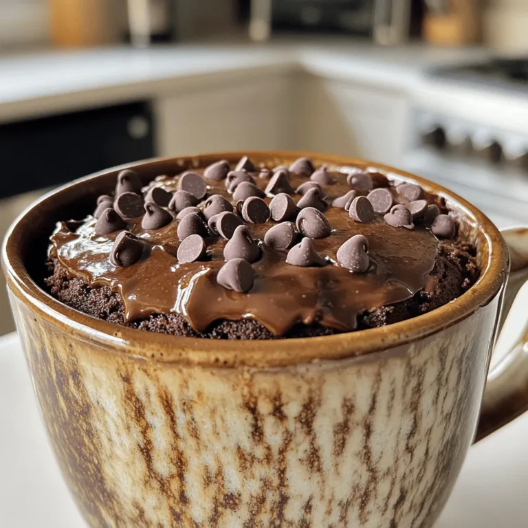 To make a delicious vegan chocolate mug cake, you need some simple ingredients. Here’s what you’ll need: - 4 tablespoons all-purpose flour - 2 tablespoons unsweetened cocoa powder - 3 tablespoons coconut sugar (or any granulated sugar) - 1/8 teaspoon baking powder - 1/8 teaspoon salt - 4 tablespoons almond milk (or any plant-based milk) - 1 tablespoon vegetable oil (or melted coconut oil) - 1/4 teaspoon vanilla extract - Vegan chocolate chips (optional, for extra indulgence) Each ingredient plays a key role. The flour gives it structure, while cocoa powder adds rich flavor. Coconut sugar provides sweetness without being too intense. Baking powder helps the cake rise, and salt balances all the flavors. Almond milk keeps it moist, and oil adds richness. Vanilla extract gives a warm, sweet aroma. If you love chocolate, vegan chocolate chips are a must! For the full recipe, check the section above. Start by getting a large microwave-safe mug. Add the dry ingredients into the mug. Use these: - 4 tablespoons all-purpose flour - 2 tablespoons unsweetened cocoa powder - 3 tablespoons coconut sugar - 1/8 teaspoon baking powder - 1/8 teaspoon salt Mix these well with a fork. This step helps to break up any lumps. Next, it’s time to add the wet ingredients. Pour in: - 4 tablespoons almond milk - 1 tablespoon vegetable oil - 1/4 teaspoon vanilla extract Stir these into the dry mix. Keep stirring until you have a smooth batter. Make sure no dry bits are left. If you want more chocolate, fold in some vegan chocolate chips. Now, place your mug in the microwave. Cook it for about 1 minute to 1 minute and 30 seconds. Keep an eye on it. The cake should rise and look set. Once done, let it cool for a minute. You can top it with vegan yogurt or dairy-free ice cream for a special treat. Enjoy your Vegan Chocolate Mug Cake! For the Full Recipe, refer to the earlier sections. To keep your vegan chocolate mug cake moist, watch your mix. Blend the wet and dry ingredients well. If you see dry bits, stir more. You can also add a bit more almond milk if the batter is too thick. Too much flour can dry the cake, so measure carefully. Microwave times can vary. Start with one minute, then check your cake. If it looks wet, microwave in ten-second bursts. Each microwave is different, so keep an eye on it. You want a soft, fluffy cake, not a rubbery one. Toppings can make your mug cake even better! Try vegan yogurt for creaminess. A scoop of dairy-free ice cream adds a nice chill. You can also sprinkle extra chocolate chips on top. Fresh berries give a fruity twist. Whipped coconut cream is a great choice too! For more ideas, check the Full Recipe. {{image_2}} You can make this vegan chocolate mug cake gluten-free. Just swap all-purpose flour with a gluten-free flour blend. Look for one that works well in baking. This change keeps the cake soft and tasty. Many blends can be found at local stores. Want to add a twist? Try mixing in different flavors! You can add a dash of espresso powder for a rich taste. A pinch of cinnamon gives a warm feel. You could also use flavored extracts like almond or mint. These small tweaks make each bite exciting. Feel free to get creative with add-ins! You can fold in vegan chocolate chips for more chocolate joy. Nuts like walnuts or pecans add crunch and flavor. Dried fruits like cherries or blueberries bring a sweet surprise. You can also add a spoonful of peanut butter or almond butter for creaminess. Each mix-in creates a new experience. For the full recipe, check out the earlier section! You can store any leftover vegan chocolate mug cake. However, this treat is best enjoyed fresh. If you have some left, cover the mug with plastic wrap or a lid. Place it in the fridge for up to two days. The cake may lose some of its fluffy texture, but it will still taste good. To reheat your mug cake, simply pop it in the microwave. Heat it in 10-15 second intervals until warm. Be careful not to overheat it. This can dry out the cake. You can add a splash of almond milk before reheating to keep it moist. You can prepare the dry ingredients in advance. Mix the flour, cocoa powder, coconut sugar, baking powder, and salt in a bowl. Store this mix in an airtight container. When you crave a mug cake, add the wet ingredients, and microwave. This way, you save time and enjoy your treat faster. For the full recipe, check out the previous section. Yes, this Vegan Chocolate Mug Cake can be nut-free. Use oat milk or soy milk instead of almond milk. Both options work well in this recipe. Always check labels to ensure products are nut-free. If you have nut allergies, it's best to be safe. Absolutely! You can swap almond milk for any plant-based milk. Soy milk, oat milk, or coconut milk are great choices. Each type of milk gives a slightly different flavor and texture. Feel free to experiment with what you like best. To make your mug cake sweeter, add more coconut sugar or use maple syrup. Start with an extra teaspoon of sugar and taste the batter. Remember, the cake can bake sweeter than it tastes raw. You can also top it with a sweet vegan yogurt or dairy-free ice cream for added sweetness. For the full recipe, check the earlier section. This blog post laid out a simple recipe for a vegan chocolate mug cake. You learned about the key ingredients and how to mix them. I shared tips to make your cake moist and delicious. You also discovered fun variations and storage tips. Enjoy your cake fresh or save some for later. Remember, with just a few small changes, you can make this recipe fit your taste. Have fun experimenting and savoring every bite!
