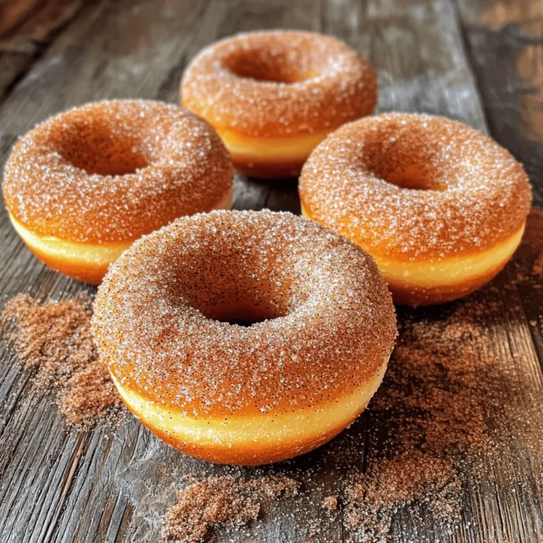 - 1 ½ cups all-purpose flour - 1 cup granulated sugar - ½ teaspoon baking powder - ½ teaspoon baking soda - ½ teaspoon salt - 1 teaspoon ground cinnamon - ½ cup unsalted butter, melted - 1 large egg - 1 teaspoon vanilla extract - ½ cup buttermilk - ½ cup granulated sugar (for coating) - 1 tablespoon ground cinnamon (for coating) I love using simple ingredients to create these muffins. They are easy to find and work well together. The all-purpose flour gives the muffins their structure. I use granulated sugar for sweetness. Baking powder and baking soda help the muffins rise. Salt is key to balance the sugar and cinnamon. Ground cinnamon adds that warm flavor we all love. The unsalted butter gives richness. The egg binds everything together, while the vanilla adds a lovely aroma. Buttermilk keeps the muffins moist and tender. For the coating, I combine more granulated sugar with ground cinnamon. This step is what makes each muffin taste like a donut. You roll them in this mix when they are warm, and it sticks perfectly. These ingredients come together to create a treat that tastes amazing. You can find the full recipe for these delicious cinnamon sugar donut muffins to make them at home! First, preheat your oven to 350°F (175°C). This step is key for even baking. Next, grease your muffin tin or line it with muffin liners. This helps the muffins pop out easily after baking. In a large bowl, combine all your dry ingredients. This includes 1 ½ cups of all-purpose flour, 1 cup of granulated sugar, ½ teaspoon of baking powder, ½ teaspoon of baking soda, ½ teaspoon of salt, and 1 teaspoon of ground cinnamon. Whisk these together until they are well mixed. Now, let’s prepare the wet mixture. In another bowl, whisk together ½ cup of melted unsalted butter, 1 large egg, 1 teaspoon of vanilla extract, and ½ cup of buttermilk. Mix these until the mixture is smooth and well combined. Next, pour the wet ingredients into the dry ingredients. Gently fold them together until just combined. Be careful not to overmix; it’s okay if some lumps remain. Overmixing can make the muffins tough. Fill each muffin cup about ¾ full with the batter. This allows room for the muffins to rise. Bake for 15-18 minutes. To check if they are done, insert a toothpick in the center. If it comes out clean, they are ready! While the muffins bake, prepare the cinnamon sugar coating. In a small bowl, mix ½ cup of granulated sugar with 1 tablespoon of ground cinnamon. Once the muffins cool for about 5 minutes, roll each one in the cinnamon sugar mixture until fully coated. This gives them that sweet, crunchy finish. Enjoy your Cinnamon Sugar Donut Muffins warm or at room temperature for a perfect treat! For the complete details, check the Full Recipe. To make great muffins, avoid overmixing the batter. Mix until just combined. A few lumps are fine. Overmixing makes muffins tough. The baking time is key too. Bake at 350°F (175°C) for 15-18 minutes. Check for doneness with a toothpick. If it comes out clean, they are ready! Want to boost the flavor? Add vanilla extract! It makes the muffins taste rich and warm. You can also try other flavorings. Nutmeg or cardamom adds a nice twist. Just a pinch can change the whole taste. Get creative and enjoy! Serving matters too. Place the muffins on a pretty plate. Dust with extra cinnamon sugar for a nice touch. Serve them warm for the best experience. You can also pair them with coffee or tea. They make a perfect snack or breakfast treat. For the full recipe, check the link above. {{image_2}} You can make your Cinnamon Sugar Donut Muffins lighter with simple swaps. Use whole wheat flour instead of all-purpose flour. This adds fiber and nutrients. For sugar, try using coconut sugar or a sugar substitute. Greek yogurt can replace buttermilk for a protein boost. These changes keep the muffins tasty but cut some calories. Feel free to play with flavors! Add nutmeg for a warm spice twist. You can mix in chocolate chips for a sweet surprise. Diced apples or chopped nuts add texture and flavor. Even a splash of almond extract can bring a nice touch. These small changes make each batch unique and fun. For gluten-free muffins, use a gluten-free flour blend. This keeps the texture light and fluffy. To make these muffins dairy-free, simply replace butter with coconut oil. Use almond milk in place of buttermilk. These swaps let everyone enjoy a delicious treat without worry. Explore the Full Recipe for all the details! To keep your muffins fresh, store them at room temperature. Place them in an airtight container. This will keep them soft for about two days. You can also use a resealable bag. Just make sure to remove as much air as possible. Keep them away from direct sunlight and heat. If you want them to last longer, you can refrigerate them. However, this may change their texture a bit. If you want to save muffins for a longer time, freezing is a great option. First, let the muffins cool completely. Then, wrap each muffin tightly in plastic wrap. Place the wrapped muffins in a freezer-safe bag. Label the bag with the date. You can freeze them for up to three months. When you're ready to eat them, you can take them out and let them thaw at room temperature. To regain freshness, you can reheat your muffins easily. If you use a microwave, wrap a muffin in a damp paper towel. Heat it for about 15-20 seconds. This will make it warm and soft. If you prefer the oven, preheat it to 350°F (175°C). Place the muffins on a baking sheet and heat for 5-10 minutes. This way, they will taste almost like fresh-baked muffins. Enjoy your delicious Cinnamon Sugar Donut Muffins! You can check if the muffins are done by using a toothpick. Insert it into the center of a muffin. If it comes out clean, your muffins are ready. They should also look lightly golden on top. The edges might pull away from the pan slightly. Yes, you can replace buttermilk easily. Use regular milk with a bit of vinegar or lemon juice. Just add 1 tablespoon of vinegar to ½ cup of milk. Let it sit for a few minutes. You can also use plain yogurt or sour cream mixed with water. These muffins taste great warm or at room temperature. Try serving them with coffee or tea for a cozy treat. Pair them with fresh fruit or a dollop of whipped cream for extra flavor. You can also serve them at brunch or as a snack. For a fun twist, drizzle some icing on top! In this post, I shared the key ingredients and steps to make delicious Cinnamon Sugar Donut Muffins. You learned how to mix and bake them perfectly. I offered tips for flavor and presentation. You also found variations and storage advice to keep your muffins fresh. These muffins are simple to make and fun to enjoy. Play with flavors and adapt to your needs. Happy baking!