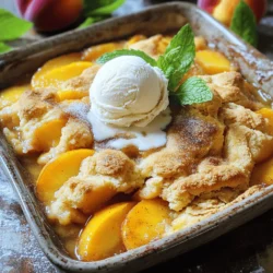 - 4 cups fresh peaches, or 2 cans of sliced peaches - 1 cup sugar, divided - 1 teaspoon cinnamon - 2 teaspoons lemon juice - 1 teaspoon vanilla extract - 1 ½ cups Bisquick mix - ½ cup milk - ¼ cup unsalted butter, melted - Pinch of salt - Vanilla ice cream - Fresh mint leaves - Additional cinnamon for serving When making peach cobbler, always start with the best ingredients. Fresh peaches shine in this dish. If you can't find fresh ones, canned peaches are a good backup. Just make sure they are drained well. For sweetness, I use one cup of sugar. This amount balances the tartness of the peaches. Cinnamon adds warmth and flavor, while lemon juice brightens the dish. Vanilla extract gives a lovely aroma that elevates the cobbler. For the baking essentials, Bisquick is a game-changer. It makes the batter light and fluffy. Combine this with milk, melted butter, and a pinch of salt for the perfect mix. Lastly, think about garnishes. A scoop of vanilla ice cream on top makes it extra special. Fresh mint leaves add color and a refreshing taste. You can sprinkle more cinnamon when serving for a delightful finish. This combination of ingredients makes a peach cobbler that is not just easy but truly delicious. For the full recipe, be sure to check the details above. - Preheat your oven to 350°F (175°C). - In a large bowl, combine 4 cups of sliced peaches, ½ cup of sugar, 1 teaspoon of cinnamon, and 2 teaspoons of lemon juice. - Mix well and let it sit for 10 minutes. This helps the flavors blend. - In another bowl, whisk together 1 ½ cups of Bisquick mix, the remaining ½ cup of sugar, ½ cup of milk, ¼ cup of melted butter, 1 teaspoon of vanilla extract, and a pinch of salt. - Keep whisking until the batter is smooth. This will create a nice top layer for our cobbler. - Pour the peach mixture into a greased 9x13 inch baking dish. Spread it out evenly. - Next, carefully pour the Bisquick batter over the peaches. Do not stir; let it rest on top. - Bake in the oven for 40-45 minutes. The top should turn golden brown. A toothpick should come out clean when inserted into the batter. - Let it cool slightly before you serve. Enjoy your Peachy Bisquick Dream Cobbler! For the full recipe, check the instructions above. To get a crispy topping, make sure to pour the batter gently over the peaches. Don't mix them together. This keeps the batter light and fluffy. For sweetness, taste the peach mixture before baking. If you like it sweeter, add more sugar. You can also use brown sugar for a deeper flavor. One big mistake is not preheating the oven. This step ensures even cooking. If the oven is not hot enough, your cobbler may not bake well. Another mistake is overmixing the batter. Mix just until combined. Too much mixing can make the topping dense. Peach cobbler tastes great warm with vanilla ice cream. The cold ice cream melts into the warm cobbler, making it even better. You can also pair it with whipped cream for a lighter option. For leftovers, try serving them with yogurt for breakfast. You can also warm it up and add fresh fruit for a fun twist. {{image_2}} You can swap peaches for other fruits in your cobbler. Try using fresh or frozen berries, such as blueberries or raspberries. Apples, pears, and cherries also make a great choice. Mixing fruits can create a fun twist! For a mixed cobbler, combine peaches with berries or apples for a colorful treat. Need a gluten-free option? You can use gluten-free flour blends instead of Bisquick. Almond flour or oat flour can work well too. For a healthier version, consider using honey or maple syrup instead of sugar. These natural sweeteners add flavor without the guilt. Want to make your cobbler pop? Add spices like nutmeg or ginger. Just a pinch can elevate the taste. You can also stir in citrus zest, like lemon or orange, for a fresh zing. These simple additions can take your peach cobbler to the next level! For the full recipe, check the earlier section. To store peach cobbler in the fridge, wait for it to cool. Cover it with plastic wrap or foil. You can also place it in an airtight container. This keeps it fresh for about 3 to 4 days. Choose a shallow container for quick cooling. This method helps save the topping's crispiness. When reheating, use the oven for best results. Preheat the oven to 350°F (175°C). Place the cobbler in a baking dish, cover it with foil. Heat for about 15 to 20 minutes. This method keeps the texture nice. The ideal serving temperature is warm, around 150°F (65°C). You can check with a food thermometer. To freeze peach cobbler, let it cool completely. Cut it into portions for easy thawing. Wrap each piece tightly in plastic wrap. Then, place them in a freezer bag. This way, it stays fresh for up to 3 months. For thawing, leave it in the fridge overnight. Reheat it in the oven for best taste. To make a gluten-free peach cobbler, use a gluten-free Bisquick mix. Many brands offer this option. You can also try almond flour or coconut flour as alternatives. They will change the texture slightly, but they still work well. Always check the packaging for any additional ingredients or instructions. Yes, you can use canned peaches. Canned peaches offer a sweet flavor and are easy to use. However, fresh peaches have a more vibrant taste. Fresh peaches also provide a firmer texture, while canned peaches can be softer. If you choose canned, make sure to drain them well to avoid excess juice. To check if your cobbler is done, look for a golden brown top. A toothpick inserted into the batter should come out clean. The edges may bubble slightly, which is a good sign. The baking time is usually around 40 to 45 minutes, but always keep an eye on it. This blog post covered how to make a delicious peach cobbler. We explored fresh ingredients and baking essentials to create a tasty treat. I shared step-by-step instructions and tips to perfect your cobbler. You can even try different fruits and make it gluten-free! In the end, you have the tools to create something special. Enjoy making this dish for friends or family. Happy baking!
