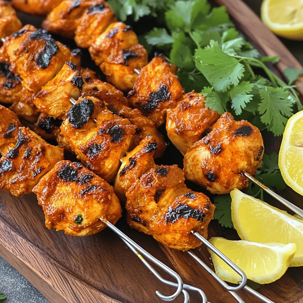 - 1 lb boneless chicken thighs, cut into bite-sized pieces - 1 cup plain yogurt - 2 tablespoons vegetable oil - 2 tablespoons lemon juice - 2 cloves garlic, minced - 1 tablespoon ginger, grated - 1 tablespoon tandoori masala - 1 teaspoon turmeric powder - 1 teaspoon cumin powder - 1 teaspoon paprika - Salt to taste The chicken thighs are my favorite for this dish. They stay tender and juicy. The plain yogurt helps to marinate the chicken. It adds creaminess and tang. The spices and seasonings make the chicken pop with flavor. Tandoori masala is key here. It gives that classic taste. - Fresh cilantro for garnish - Lemon wedges for serving Fresh cilantro adds color and brightness. Lemon wedges give a zesty kick when squeezed over the skewers. Both enhance the dish in a simple way. - Skewers (metal or soaked wooden) - Grill or oven You can use metal skewers for easy handling. If you choose wooden skewers, soak them first. This step helps prevent burning. A grill gives a nice char, but an oven works too. Both methods will cook the chicken well. For the full cooking experience, check out the Full Recipe. To start, mix the yogurt and spices in a bowl. You’ll need one cup of plain yogurt. Then, add two tablespoons of vegetable oil, two tablespoons of lemon juice, and two cloves of minced garlic. Next, include one tablespoon of grated ginger and one tablespoon of tandoori masala. This spice gives the chicken its unique flavor. Add one teaspoon each of turmeric, cumin, and paprika. Finally, sprinkle in some salt. Whisk this mixture well. This marinade holds the key to great taste. Marination is very important. It allows the chicken to soak up all the flavors. The longer you marinate, the better it tastes. Try to marinate for at least two hours. If you have time, let it sit overnight. This step makes a big difference. After preparing the marinade, add the chicken pieces to the bowl. Ensure they are well-coated. Cover the bowl with plastic wrap and place it in the fridge. This cool temperature helps the chicken absorb the flavors better. If you want the most flavor, marinate for longer. Overnight is best. Just remember to take it out of the fridge about 30 minutes before cooking. This helps the chicken cook more evenly. Now, it's time to grill! Preheat your grill or oven to 400°F (200°C). If you use wooden skewers, soak them in water for at least 30 minutes. This prevents them from burning. Next, thread the marinated chicken pieces onto the skewers. Leave a little space between each piece. This helps them cook evenly. Place the skewers on the grill or on a baking sheet in the oven. Cook for 15 to 20 minutes. Turn them occasionally. The chicken should be cooked through and have a nice char. Ensure the internal temperature reaches 165°F (75°C). After cooking, let the skewers rest for a few minutes. This keeps them juicy. You can garnish with fresh cilantro and serve with lemon wedges for a burst of flavor. Enjoy your tasty Tandoori Chicken Skewers! For the full recipe, check out the instructions above. To bring out the best flavor in your Tandoori Chicken Skewers, marination is key. Use a good amount of yogurt for a tender and juicy chicken. The acidity in yogurt helps break down the meat. For maximum flavor, marinate the chicken for at least two hours. I recommend overnight marination for even better taste. - Tip: Always refrigerate your marinade. This keeps the chicken fresh and prevents any unwanted bacteria. Getting that perfect char on your skewers is a joy. Make sure to preheat your grill or oven to 400°F (200°C). This heat helps to seal in the juices. - Cooking Time: Grill or roast the skewers for about 15 to 20 minutes. Turn them occasionally for even cooking. Check the internal temperature; it should reach 165°F (75°C). - Tip: If you want extra char, finish with high heat for the last few minutes. Tandoori Chicken Skewers shine when paired with the right sides. I love serving them with naan bread or rice. You can also add fresh veggies like cucumber or a simple salad for a cooling effect. - Dips: Mint chutney or yogurt sauce are perfect companions. They add creaminess and balance the spices. - Presentation: For a stunning display, arrange the skewers on a platter. Garnish with fresh cilantro and lemon wedges. This makes the dish look vibrant and inviting. For the full recipe, check out the details above. {{image_2}} You can swap chicken for lamb or paneer. Lamb adds a rich taste, while paneer is great for a vegetarian twist. If you choose lamb, cook it for about 20-25 minutes. For paneer, just 10-15 minutes will do since it's softer. Experiment with spices to change the taste. For instance, try adding cardamom or cinnamon for warmth. You can also use a blend of herbs like mint or cilantro in the marinade. If you're vegetarian, use tofu or vegetables for a tasty alternative. You can bake or grill your skewers. Grilling gives a smoky flavor and nice char. Baking is easy—just set your oven to 400°F (200°C) and cook for 15-20 minutes. If you own an air fryer, it can cook these skewers quickly while keeping them juicy. Adjust the time to about 10-15 minutes for that perfect crisp. To store cooked Tandoori Chicken Skewers, let them cool first. Place the skewers in an airtight container. You can keep them in the fridge for up to four days. Make sure they are well-sealed. This helps maintain their flavor and texture. The best method to reheat Tandoori Chicken Skewers is in the oven. Preheat your oven to 350°F (175°C). Place the skewers on a baking sheet and cover them with foil. This keeps them moist. Heat for about 10-15 minutes, or until warmed through. Avoid using the microwave as it can dry them out. To freeze marinated chicken, place it in a freezer bag before cooking. Remove as much air as possible to avoid freezer burn. You can keep it frozen for up to three months. When ready to cook, thaw it overnight in the fridge. This ensures even cooking and keeps the chicken juicy. You can cook Tandoori Chicken Skewers in an oven or on a stovetop. For the oven, preheat it to 400°F (200°C). Place the skewers on a baking sheet. Cook for 15-20 minutes, turning halfway. Check the chicken's internal temperature; it should reach 165°F (75°C). For stovetop cooking, use a grill pan. Heat it over medium-high heat. Cook the skewers for about 15 minutes, turning often for even cooking. Both methods give you tasty, flavorful chicken. Yes, you can use chicken breasts. However, chicken thighs have more fat, making them juicier. Breasts can dry out faster if overcooked. If you choose breasts, watch the cooking time closely. Cut them into equal pieces for even cooking. This way, you can still enjoy a great meal, but thighs often give the best taste and texture. Tandoori masala is a spice blend used in Tandoori cooking. It usually includes spices like cumin, coriander, and paprika. You can make your own mix at home. Combine the following spices: - 1 tablespoon cumin powder - 1 tablespoon coriander powder - 1 tablespoon paprika - 1 teaspoon turmeric powder - 1 teaspoon garam masala - 1 teaspoon chili powder (adjust for heat) Mix these together and store them in an airtight jar. This homemade blend adds great flavor to your chicken skewers. The spice level of Tandoori Chicken Skewers can vary. You control it by adjusting the amount of chili powder in the marinade. If you want less heat, cut back on chili powder or use sweet paprika. You can also add a bit of honey or sugar to balance the spice. This way, you can make your skewers as mild or spicy as you like! Tandoori chicken skewers are simple yet flavorful. You learned about the main ingredients, like chicken thighs, yogurt, and spices. Marinating is key for great taste. We covered grilling techniques and serving ideas, plus variations using other proteins or spices. Remember, proper storage keeps leftovers fresh. Enjoy making this dish your own! Taste and creativity are your best friends in the kitchen. Dive in and share your tasty results!