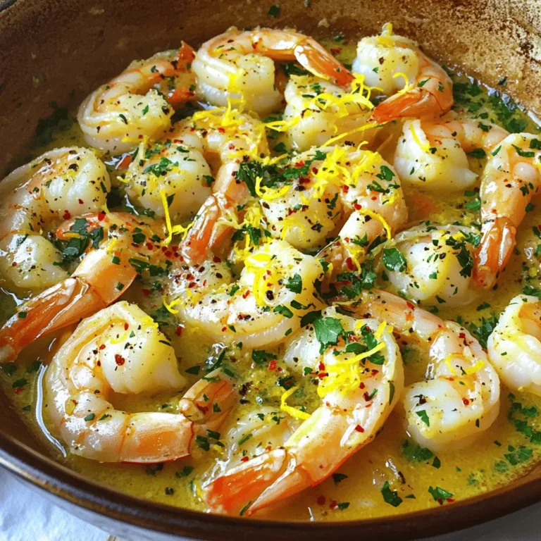 To make Zesty Lemon Garlic Shrimp, you need a few key ingredients. - 1 pound large shrimp, peeled and deveined - 2 tablespoons olive oil - 1 tablespoon unsalted butter - 4 cloves garlic, minced - Zest of 1 lemon - Juice of 2 lemons - Fresh parsley, chopped for garnish - 1 teaspoon red pepper flakes (adjust for spice preference) - 1 teaspoon dried oregano - Salt and pepper to taste These ingredients come together to create a fresh, bright, and delicious dish. The shrimp serve as the main star, while the garlic and lemon add layers of flavor. I love how simple it is to find these ingredients in any grocery store. You can use the Full Recipe to guide you through making this dish. Each ingredient plays a role in making your meal tasty and memorable. Cooking the Garlic Start by heating the olive oil and butter in your skillet. Use medium heat until the butter melts. Next, add the minced garlic. Sauté it for about one minute. You want it to smell great but not burn. Keep an eye on it; burnt garlic tastes bitter. Combining Flavors in the Skillet Once the garlic is fragrant, stir in the red pepper flakes and dried oregano. Let these spices bloom for about 30 seconds. This step unlocks their full flavor. The oil gets infused with a zesty kick, preparing for the shrimp. Cooking the Shrimp to Perfection Now it’s time for the shrimp. Add them in a single layer to the skillet. Cook them for 2-3 minutes on one side. Don’t touch them; let them turn pink. After that, flip the shrimp over. Add lemon zest and juice at this point. Cook for another 2-3 minutes until they are fully opaque. This means they are done! Season with salt and pepper to taste. Toss everything to coat the shrimp in that zesty sauce. For the finishing touch, remove from heat and sprinkle fresh chopped parsley on top. Follow these steps for a fresh and tasty dish. For a complete guide, check out the Full Recipe. Garlic Cooking Tips Garlic adds a great flavor. Mince it finely for the best taste. Cook garlic over medium heat. This helps it release its aroma. Watch it closely. You do not want it to burn. Burned garlic tastes bitter. Balancing Brightness and Spice Lemon juice adds brightness to the dish. Use fresh lemons for the best flavor. Adjust the red pepper flakes for spice. Start with a little, then taste. You can always add more heat. This balance makes the dish exciting. Ensuring Tender Shrimp Cook shrimp quickly to keep them tender. They only need 2-3 minutes per side. When they turn pink, they’re ready. Overcooking makes them rubbery and tough. Remove them from heat as soon as they are opaque. This keeps them juicy and delicious. For the full recipe, check the earlier section. {{image_2}} If you want to mix it up, try using other proteins. You can use chicken, scallops, or even tofu. Each option brings a unique taste. Chicken works great with the same zesty sauce. Scallops give a sweet flavor, while tofu adds a nice texture. Herbs can change your dish. If you don’t have oregano, use thyme or basil. Both add a fresh twist. You can also use fresh herbs instead of dried. Fresh herbs bring a bright flavor. Just add them at the end for the best taste. You control the heat! If you like it spicy, add more red pepper flakes. For a milder dish, reduce the amount or leave it out. You can also include other spices like paprika or cayenne. Each choice lets you create a dish that fits your taste. Explore these swaps to make your Zesty Lemon Garlic Shrimp even more exciting! For the complete recipe, check the Full Recipe section. Refrigeration Guidelines After cooking Zesty Lemon Garlic Shrimp, let it cool slightly. Place the shrimp in an airtight container. Store it in the fridge. It stays fresh for up to three days. Always check for any smell or change in color before eating. Freezing Instructions If you want to save leftovers, freezing is a good option. First, let the shrimp cool completely. Then, use a freezer-safe bag. Remove as much air as possible before sealing. You can freeze it for up to three months. When ready to eat, thaw in the fridge overnight. Reheating Best Practices To reheat, you can use a skillet or microwave. If using a skillet, add a splash of water or oil. Heat on low until warm. In the microwave, heat in short bursts of 30 seconds. Stir in between to avoid overcooking. Enjoy your meal just like the first time! How do I make Zesty Lemon Garlic Shrimp the best way? To make Zesty Lemon Garlic Shrimp taste amazing, follow these tips: - Use fresh shrimp for the best flavor. - Don't rush cooking the garlic; it needs just a minute. - Add lemon juice and zest at the right time to keep the flavors bright. - Cook the shrimp until they are pink and opaque. For a full guide, check the Full Recipe. Can I use frozen shrimp for this recipe? Yes, you can use frozen shrimp. Just make sure to thaw them first. Place the shrimp in cold water for about 15 minutes. This method helps keep the shrimp tender. Frozen shrimp may have a bit less flavor, but they will still work. What goes well as a side dish? Zesty Lemon Garlic Shrimp pairs well with many sides. Here are some great options: - Simple rice, like jasmine or basmati. - A fresh green salad with a light dressing. - Roasted vegetables for a tasty contrast. These sides will balance the shrimp's bright flavors. This article shared everything you need for perfect Zesty Lemon Garlic Shrimp. You learned about essential ingredients, simple cooking steps, and tips for the best flavor. We covered variations to suit your taste and how to store leftovers. Cooking shrimp can be easy and fun. With fresh ingredients and clear steps, you can create a dish everyone will love. Enjoy crafting your own version of this recipe!