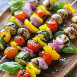- 1 zucchini, sliced into thick rounds - 1 yellow bell pepper, cut into 1-inch pieces - 1 red onion, cut into wedges - 1 cup cherry tomatoes - 1 small eggplant, cubed - 1 cup button mushrooms, whole When I make grilled vegetable skewers, I love choosing fresh veggies. Each one brings its own taste and color. For the best results, slice the zucchini thick and cube the eggplant. This helps all the flavors blend well. - 1/4 cup olive oil - 2 tablespoons balsamic vinegar - 2 teaspoons garlic powder - 1 teaspoon smoked paprika - Salt and pepper to taste The marinade is key for great flavor. I mix olive oil and balsamic vinegar for a tangy base. Garlic powder and smoked paprika add depth. Don’t forget to sprinkle salt and pepper for balance. This mix makes the veggies shine. - Fresh basil leaves - Additional herbs Garnishes can elevate your dish. I like to add fresh basil leaves for a pop of color. You can also use other herbs that you enjoy. Herbs make each bite fresh and fragrant. They complete your grilled vegetable skewers beautifully. For the full recipe, check out the [Full Recipe]. To make great grilled vegetable skewers, start by slicing your vegetables. Cut the zucchini into thick rounds. This helps it stay firm on the grill. Chop the yellow bell pepper into 1-inch pieces. The red onion should be cut into wedges. For cherry tomatoes, leave them whole. Cube the eggplant into bite-sized pieces. Finally, keep the button mushrooms whole. This mix creates a colorful and tasty skewer. Now, let’s make the marinade. In a small bowl, mix together 1/4 cup of olive oil and 2 tablespoons of balsamic vinegar. Add 2 teaspoons of garlic powder and 1 teaspoon of smoked paprika. Don’t forget to add salt and pepper to taste. Whisk this together well. This marinade adds great flavor to your veggies. Once your vegetables are cut, place them in a large bowl. Pour the marinade over them and toss well. Make sure every piece is coated. Let them marinate for at least 15 minutes. While they soak, soak wooden skewers in water. This step stops them from burning on the grill. After marinating, thread the veggies onto the skewers. Alternate the types for a bright look. Your skewers are now ready for grilling! For great grilled vegetable skewers, your grill needs to be hot. Aim for medium-high heat, around 400°F. Cook them for about 8-10 minutes. Turn the skewers often. This helps the veggies cook evenly and get those lovely grill marks. If you use wooden skewers, soak them in water for 30 minutes before grilling. This step helps stop them from burning. If they burn, they can ruin the taste and look of your skewers. Soaking gives you better results and keeps your skewers intact. To make your skewers pop, use spices and herbs. I love garlic powder and smoked paprika for a tasty kick. Fresh herbs like basil brighten the dish. If you want to serve them, drizzle with olive oil and add a sprinkle of salt. You can even pair them with a zesty dip like tzatziki. For more ideas, check out the Full Recipe. {{image_2}} You can mix up the veggies in your skewers. If you want, try using broccoli, asparagus, or even carrots. Each vegetable brings its own taste and texture. For instance, mushrooms add a nice umami flavor. Try using eggplant instead of zucchini for a richer taste. You can also swap bell peppers with cherry tomatoes for a sweeter bite. This recipe is flexible, so have fun with it! Grilled vegetable skewers are great, but adding protein makes them even better. You can use cubed tofu or chicken to enhance the meal. Tofu absorbs flavors well, making it a tasty option. If you choose chicken, cut it into small, even pieces for even cooking. Marinate the protein with the vegetables for a unified flavor. This way, you create a satisfying dish that packs a punch. If you want a vegan twist, try different marinades. Use lemon juice, soy sauce, and maple syrup for a sweet and tangy flavor. You can also mix olive oil with herbs like rosemary and thyme. Coconut aminos work well for a soy-free option. These marinades add depth to your grilled veggies without dairy. Remember, the right marinade can make your skewers shine! For the full recipe, check out the details above. To keep your leftover skewers fresh, place them in an airtight container. This protects them from drying out. If you want to freeze them, wrap each skewer in plastic wrap. Then, put them in a freezer bag. This way, they stay tasty for later use. For reheating, the best method is to use the grill. Heat it to medium. Place the skewers on the grill for about 5 minutes. Turn them halfway to warm evenly. You can also use a microwave, but it may not keep the flavor as well. If you use a microwave, heat them in short bursts of 30 seconds. Grilled vegetable skewers last about 3 to 4 days in the fridge. If you freeze them, they can last for up to 3 months. Just remember, the sooner you eat them, the better the taste! Enjoy them chilled or warm for the best experience. Yes, you can use frozen vegetables. However, fresh veggies taste better. Frozen vegetables may lose some crunch. If you use them, thaw before skewering. Pat them dry to avoid excess moisture. This helps them grill better. You might need to adjust cooking time. Cook frozen veggies a bit longer. They may not get grill marks like fresh ones. Grilled vegetable skewers pair well with many dips. Tzatziki is a favorite. Its coolness balances the warm, grilled taste. Hummus also works nicely. It adds creaminess and flavor. You can try balsamic glaze for a sweet touch. Pesto is another great choice. It brings a fresh herb taste. Serve your skewers with any of these dips for extra flavor. You can grill vegetables in the oven too. Start by preheating your oven to 400°F (200°C). Arrange skewers on a baking sheet. Place them on the middle rack. Bake for about 15-20 minutes. Turn the skewers halfway through baking. This ensures even cooking. Keep an eye on them to avoid burning. Enjoy the same delicious flavors without a grill! Check the Full Recipe for more details. Grilled vegetable skewers are easy and fun to make. We covered the essential ingredients like zucchini, bell peppers, and mushrooms, along with a flavorful marinade. I shared tips for grilling and storing leftovers, so you can enjoy them longer. Feel free to get creative with your ingredients and spices! These skewers are a tasty way to enjoy veggies. So fire up your grill and give these recipes a try! You'll love the fresh flavors and ease of preparation. Enjoy your cooking adventure!