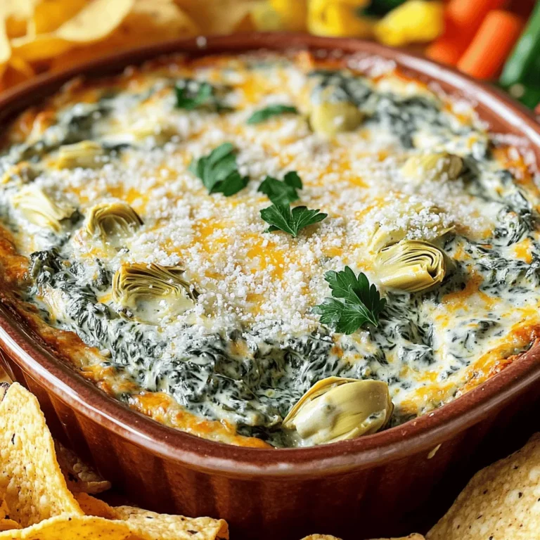 To make the best creamy spinach artichoke dip, gather these key ingredients: - 1 cup frozen spinach, thawed and drained - 1 cup canned artichoke hearts, chopped - 1 cup cream cheese, softened - 1/2 cup sour cream - 1/2 cup mayonnaise - 1 cup shredded mozzarella cheese - 1/2 cup grated Parmesan cheese - 2 cloves garlic, minced - 1/2 teaspoon onion powder - 1/2 teaspoon red pepper flakes (optional for a kick) - Salt and pepper to taste These simple ingredients blend to create a rich and tasty dip. Getting the right measurements is key. The cream cheese must be softened for easy mixing. Aim for a smooth texture. The balance of sour cream and mayonnaise adds creaminess without being too heavy. Use equal parts of mozzarella and Parmesan for the best cheese pull. You can make swaps if needed. - Instead of frozen spinach, use fresh spinach, but cook and chop it first. - Plain Greek yogurt can replace sour cream for a tangy twist. - For a lighter version, use low-fat mayonnaise. - Try different cheeses like cheddar or gouda for a unique flavor. These substitutions can help you adjust based on what you have at home, ensuring a great dip every time. For the full recipe, check out the comprehensive guide. First, gather all your ingredients for the creamy spinach artichoke dip. You need frozen spinach, canned artichoke hearts, cream cheese, sour cream, mayonnaise, mozzarella cheese, Parmesan cheese, garlic, onion powder, and red pepper flakes. Make sure to thaw and drain the spinach before you start. This step helps prevent a watery dip. In a large bowl, mix the softened cream cheese, sour cream, and mayonnaise. Use a spatula or a mixer to blend these until smooth. Next, add the minced garlic, onion powder, and optional red pepper flakes. Stir until everything is well mixed. Now, fold in the drained spinach and chopped artichoke hearts. Add the mozzarella and Parmesan cheese last. Gently combine until all the ingredients are evenly mixed. Season with salt and pepper to taste. Now, it’s time to bake! Preheat your oven to 350°F (175°C). Transfer your dip mixture into a baking dish. Smooth the top with a spatula. Place it in the oven and bake for 25-30 minutes. You want the dip to be hot, bubbly, and golden on top. Once it’s ready, take it out and let it cool for a bit before serving. Enjoy your creamy spinach artichoke dip with chips or veggies. For the full recipe, check out the detailed instructions provided earlier. To boost creaminess, use full-fat cream cheese. This gives the dip a rich texture. Mix in a bit more sour cream or mayonnaise as well. If you want a zing, add cream cheese with herbs. This adds flavor and helps with creaminess. You can enhance the flavor by adding fresh herbs. Chopped parsley or basil brings a fresh taste. A squeeze of lemon juice can also brighten the dip. For a spicy kick, mix in more red pepper flakes. If you love garlic, add an extra clove or two for more punch. Serve the dip hot for the best taste. Use tortilla chips, sliced baguette, or fresh veggies for dipping. You can also place it in a bread bowl for a fun twist. Don’t forget to garnish with extra Parmesan and parsley. It makes the dish look even better. For a sweet touch, serve with sliced apples or pears. Check out the Full Recipe for more details. {{image_2}} Cheese makes this dip rich and tasty. You can use different cheeses to change the flavor. Try using sharp cheddar for a stronger taste. Gruyère adds a nutty flavor, while feta gives a nice tang. Each cheese brings its unique twist. Mix and match to find your favorite blend! You can make this dip healthier with simple swaps. Use Greek yogurt instead of sour cream. It adds creaminess and protein. For a lighter version, choose low-fat cream cheese and mayonnaise. You can also add more spinach for extra nutrients. These changes keep the taste while making it better for you. Want to spice things up? Add jalapeños or diced green chiles for heat. You can also mix in sun-dried tomatoes for a gourmet touch. These ingredients make the dip exciting and flavorful. Don’t be afraid to get creative! Each addition makes this dip a new experience. For the full recipe, check out the detailed instructions above. To store leftover dip, let it cool first. Use an airtight container. Place it in the fridge. The dip stays fresh for about 3 to 5 days. Make sure the lid is on tight. This keeps moisture out and flavor in. To reheat the dip, scoop it into a baking dish. Preheat your oven to 350°F (175°C). Heat it for about 15-20 minutes. Stir halfway through to ensure even warmth. If you want, you can use a microwave. Heat in short bursts, about 30 seconds each. Stir in between until hot. You can freeze this dip for longer storage. Use a freezer-safe container. Make sure to leave some space at the top. The dip can expand as it freezes. It stays good for 2 to 3 months. When ready to enjoy, thaw it overnight in the fridge. Reheat as mentioned above. Enjoy the creamy goodness again! For the full recipe, check out the complete guide. You can prepare the dip a day before serving. Just mix all the ingredients as outlined in the Full Recipe. Once mixed, cover the dish with plastic wrap. Store it in the fridge overnight. When you're ready, just bake it as directed. This saves time and keeps flavors fresh. Yes, you can use fresh spinach! If you choose fresh, use about 2 cups. Cook it down in a pan until wilted. Make sure to drain it well to avoid excess water. Then chop it and add it to your mix. Fresh spinach gives a nice texture and flavor. This dip pairs well with many things. Here are some great options: - Tortilla chips - Sliced baguette - Fresh vegetables like carrots and celery - Pita chips - Crackers Feel free to get creative! You can even try serving it with soft pretzels for a fun twist. This blog post explored making a delicious creamy spinach artichoke dip. We covered essential ingredients, plus perfect measurements and helpful substitutions. You learned step-by-step instructions for mixing, baking, and enhancing flavors. I shared tips for creaminess and serving suggestions too. Remember, variations abound with cheeses and healthier choices. Store leftovers properly, and reheating is easy. With these insights, you can create a tasty dip for any occasion. Enjoy the process, and impress your guests with your new skills!